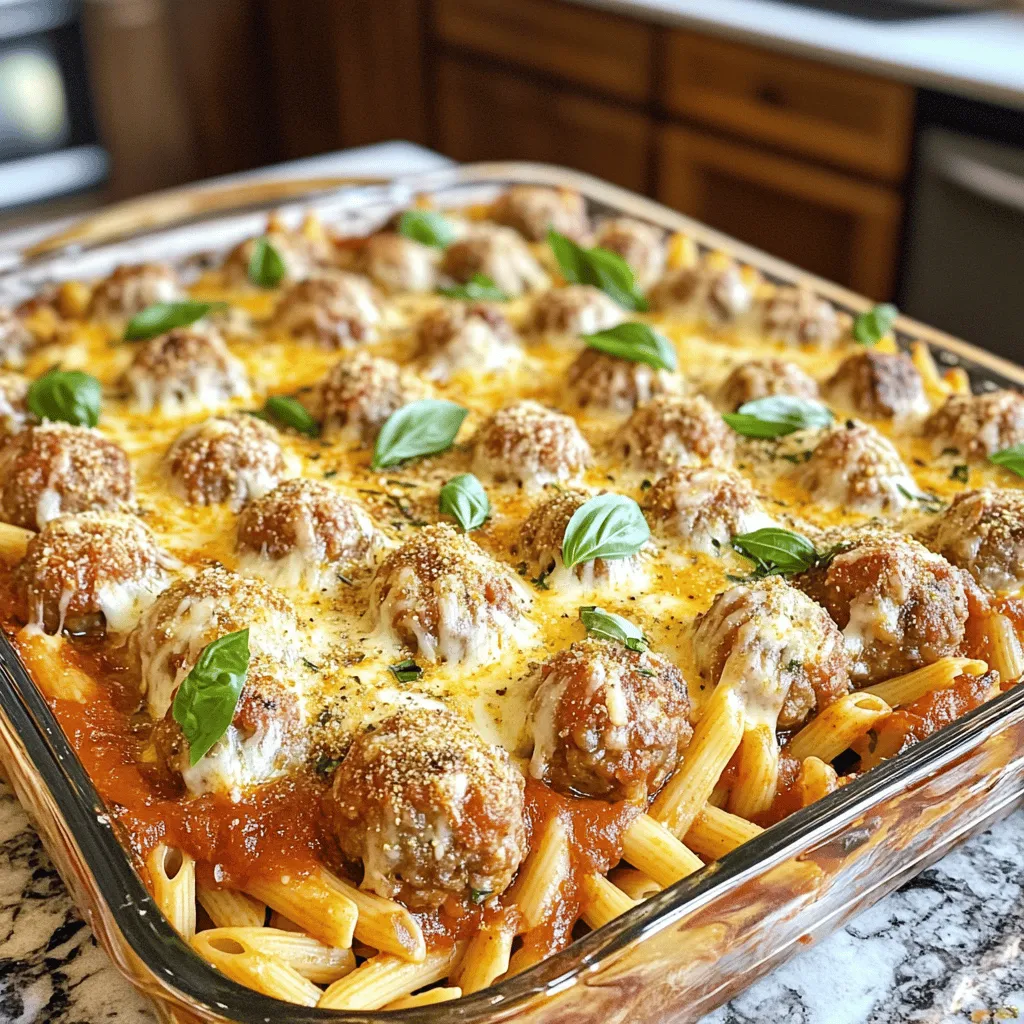 - 1 pound frozen meatballs (beef or turkey) - 2 cups uncooked penne pasta - 2 cups marinara sauce - 1 cup water - 1 cup shredded mozzarella cheese - 1/2 cup grated Parmesan cheese - 1 teaspoon Italian seasoning - Salt and pepper to taste - Fresh basil for garnish Gathering these ingredients is easy. You can find frozen meatballs in your local grocery store. Choose beef or turkey based on your taste. I often use penne pasta because it holds sauce well. Marinara sauce adds a rich flavor and keeps the dish moist. The water helps cook the pasta evenly. For cheese, I love using mozzarella for its meltiness and Parmesan for a salty kick. Italian seasoning brings all the flavors together. Don't forget to add salt and pepper to enhance the taste. If you want a fresh touch, add basil as a garnish. This dish is not only simple but also quick. You can have a hearty meal ready in just over 50 minutes. For the full recipe, check out the Easy Dump And Bake Meatball Casserole 🥘. - Preheat the oven to 375°F (190°C). - In a large bowl, combine frozen meatballs, uncooked penne pasta, marinara sauce, and water. Stir until all the ingredients mix well. This step helps to coat the pasta and meatballs in sauce. - Pour the mixture into a greased 9x13 inch baking dish. Spread it evenly across the dish. - Cover the dish tightly with foil to keep the moisture in. Bake for 30 minutes. - After 30 minutes, take off the foil and stir the casserole. Add the shredded mozzarella and Parmesan cheese on top. - Place the dish back in the oven without the foil. Bake for another 15 to 20 minutes, until the cheese is melting and bubbly. - Once baked, remove the dish from the oven. Let it cool for 5 minutes. - This cooling time helps the dish set a bit, making it easier to serve. Garnish with fresh basil if you like. Enjoy your meal! Use store-bought marinara sauce for a quick start. This saves time and effort. Prepping your ingredients ahead makes cooking faster. Chop your cheese and measure pasta before you begin. You can customize your dish with spices or veggies. Try adding red pepper flakes for heat or bell peppers for sweetness. Experiment with cheese types too. Cheddar or provolone add a nice twist. Garnish your casserole before serving for a fresh look. A sprinkle of fresh basil or parsley brightens the dish. This small step makes your meal feel special. Enjoy the lovely colors and flavors! {{image_2}} You can switch up the pasta in this casserole for fun! Use shapes like rotini or rigatoni. They add a nice twist. If you need gluten-free options, try rice or quinoa pasta. Both work well and taste great. Want to change the meatballs? You can use turkey meatballs instead of beef. They are leaner and still tasty. If you prefer a plant-based meal, choose vegetarian meatballs. Spice things up with spicy meatballs or Italian-style ones for extra flavor. Don't feel stuck with marinara sauce! Use Alfredo sauce for a creamy option. Pesto adds a fresh taste that is hard to beat. You can also mix sauces for a unique flavor. Try different flavors to see what you like best! For the full recipe, check out the Easy Dump And Bake Meatball Casserole. To store leftovers in the fridge, place them in an airtight container. This keeps the casserole fresh and tasty. The shelf life in the refrigerator is about three to four days. Be sure to check for any signs of spoilage before eating. For freezing leftovers, let the casserole cool before putting it in a freezer-safe container. Make sure to label it with the date. It can last for up to three months in the freezer. To reheat frozen casserole, thaw it in the fridge overnight. Then, bake it in the oven at 350°F (175°C) until hot and bubbly. To divide portions for easy meal prep, cut the casserole into squares. Use small containers to store each portion. This makes it simple to grab a meal on busy days. You can also create balanced meals by adding a side salad or some steamed veggies. This dish is quick and easy. It takes just 10 minutes to prep. The total cooking time is about 45 minutes. So, you will have a hot meal in about 55 minutes. Yes, you can use fresh meatballs. Just make sure they are cooked. You can reduce the cooking time by about 10 minutes. This makes it easier if you have fresh ones ready. You can switch up the cheese. Try using provolone or cheddar for a twist. You can even mix in some feta for a sharp flavor. Experiment to find your favorite! Absolutely! Kids love the meatballs and cheesy goodness. The flavors are simple and tasty. You can even let them help make it. It’s a fun family meal for everyone. Yes, adding veggies is a great idea! Try bell peppers, spinach, or zucchini. Just chop them small and mix them in with the meatballs. It adds color and nutrition to the dish. For the full recipe, check the earlier section! This blog post detailed a simple and tasty Dump and Bake Meatball Casserole. You learned about key ingredients, step-by-step baking instructions, and helpful tips. We explored variations, storage methods, and answered common questions. This dish is easy to make and fun to customize. With a few simple twists, you can make it your own. Whether you choose different pasta, sauces, or cheeses, the options are endless. Enjoy cooking and delighting in every bite!