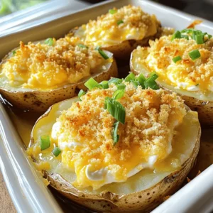 To make this tasty twice-baked potato casserole, you will need: - 4 large russet potatoes - 1 cup sour cream - ½ cup milk - 1 ½ cups shredded cheddar cheese - ½ cup cream cheese, softened - ¼ cup green onions, chopped - 1 teaspoon garlic powder - ½ teaspoon onion powder - Salt and pepper to taste - ½ cup crispy breadcrumbs (optional) - 2 tablespoons olive oil For the best flavor, choose fresh, high-quality ingredients. Use large russet potatoes. They are fluffy and great for baking. Look for a creamy sour cream and rich cream cheese. These add smoothness to the dish. Select sharp cheddar cheese for a bold taste. Fresh green onions will provide a nice crunch and a pop of color. If you have dietary needs, don't worry! Here are some easy swaps: - Vegan: Use dairy-free sour cream and cream cheese. Choose a vegan cheese for flavor. - Gluten-Free: Leave out the breadcrumbs or use gluten-free ones. - Low-Fat: Select low-fat sour cream and cream cheese to cut calories. These changes will still make a delicious casserole. For the full recipe, check out the details. To make Easy Twice Baked Potato Casserole, gather your ingredients first. You need russet potatoes, sour cream, milk, and cheese. This dish is simple and fun to make. Here’s a quick look at the steps you'll take. 1. Preheat your oven to 400°F (200°C). 2. Wash and poke the potatoes. 3. Bake the potatoes for 45-60 minutes. 4. Mix the creamy filling in a bowl. 5. Scoop out the baked potatoes. 6. Combine everything. 7. Bake again and enjoy! 1. Preheat the oven to 400°F (200°C). This helps the potatoes cook evenly. 2. Wash the russet potatoes well. Use a fork to poke holes in each potato. This allows steam to escape while baking. 3. Place the potatoes on a baking sheet. Bake them for 45-60 minutes. They should be tender when you poke them with a knife. 4. Let the potatoes cool for 10 minutes after baking. This makes them easier to handle. 5. In a large bowl, mix the sour cream, milk, cream cheese, garlic powder, onion powder, salt, and pepper. Stir until it’s smooth. 6. Cut the baked potatoes in half lengthwise. Carefully scoop out the insides, leaving a bit of potato in the skin. 7. Add the scooped potato to your creamy mix. Also, include 1 cup of shredded cheddar cheese and green onions. Mix until everything is combined. 8. Transfer the mix back into the potato skins or spread it in a greased 9x13 inch baking dish. 9. If you want, sprinkle crispy breadcrumbs on top for a bit of crunch. Drizzle with olive oil for extra flavor. 10. Bake it again in the oven for 20-25 minutes. Look for a golden, bubbly top. 11. Remove from the oven and let it sit for a few minutes. Garnish with more green onions and cheddar cheese. To get the best results, keep an eye on the baking time. If your potatoes are larger, they may need more time. Always check with a fork. If it goes in easily, they are ready. If you want a crispier top, you can bake a bit longer. Just be careful not to burn it. The perfect twice-baked potato casserole has a creamy inside and a golden top. For the best flavor, use fresh ingredients. High-quality cheese and fresh herbs make a big difference. Enjoy making this dish; it’s a favorite! For the full recipe, check out [Full Recipe]. When making twice-baked potato casserole, some mistakes can ruin your dish. One common error is not baking the potatoes long enough. If you underbake them, they will not scoop out easily. Always ensure they are fork-tender. Another mistake is overmixing the potato filling. This can make the texture gummy. Mix just until everything is combined for the best result. Lastly, don't forget to season your filling. A little salt and pepper can elevate the flavors. To get that creamy texture, use good-quality ingredients. Sour cream and cream cheese are key players. Make sure both are at room temperature before mixing. Adding milk also helps keep the filling smooth. If you want it extra creamy, try adding a bit more cream cheese or sour cream. Another tip is to use a potato masher instead of a mixer. This keeps some texture while making it creamy. Serving your casserole right is important for the best taste. Let it cool for a few minutes after baking. This helps it set and makes serving easier. When serving, you can use a spatula or a large spoon. Place it on plates and top with extra cheese or green onions for a pop of color. This makes it look as good as it tastes. If you want to add some crunch, sprinkle crispy breadcrumbs on top just before serving. For the complete guide, check the Full Recipe for more tips and details. {{image_2}} You can make this dish lighter with a few swaps. Use Greek yogurt instead of sour cream. This adds protein and cuts calories. Instead of cream cheese, use a low-fat cream cheese. You can also cut down on cheese or use reduced-fat cheese. This will still taste great! Mix in some fun flavors! Add cooked bacon bits for a smoky touch. You can also stir in broccoli or spinach for a veggie boost. Try swapping cheddar cheese for pepper jack for a spicy kick. Or add herbs like chives or thyme for a fresh taste. To make this recipe gluten-free, ensure your breadcrumbs are gluten-free. For a vegan option, swap all dairy products for plant-based versions. Use almond milk and cashew cream. Nutritional yeast can add a cheesy flavor without dairy. You still get that creamy delight without the animal products! For detailed instructions, check out the [Full Recipe]. After enjoying your Easy Twice Baked Potato Casserole, store leftovers in an airtight container. This keeps the dish fresh and tasty for later. Make sure to let it cool down first. You should keep it in the fridge. Properly stored, it lasts about three to five days. You can freeze this casserole for longer storage. First, let it cool completely. Then, wrap it tightly with plastic wrap and foil. This helps prevent freezer burn. You can freeze it for up to three months. To reheat, thaw it in the fridge overnight. Then bake it at 350°F (175°C) until hot, usually about 25-30 minutes. You can cover it with foil to avoid browning too much. Most ingredients in this casserole have a good shelf life. Potatoes can last several weeks in a cool, dark place. Sour cream and cream cheese stay fresh for about two weeks when opened. Cheddar cheese lasts about four to six weeks in the fridge. Always check for signs of spoilage before using. Following these storage tips will keep your casserole delicious for longer! For the complete cooking process, you can check the Full Recipe. Baking twice-baked potato casserole takes about 20 to 25 minutes. First, you need to bake the potatoes for 45 to 60 minutes. After mixing the filling, you bake it again. The second bake helps the top get golden and bubbly. Yes, you can prepare this dish ahead of time. You can make the casserole and store it in the fridge for up to 24 hours. Just cover it well with plastic wrap or foil. This way, you save time when you are ready to bake it. To reheat twice-baked potato casserole, preheat your oven to 350°F (175°C). Cover the dish with foil to keep it moist. Bake for about 20 to 30 minutes, or until heated through. You can also use the microwave for a quicker option, but the oven gives better texture. For the best results, let it sit for a few minutes before serving. For the full recipe, check out the Cheesy Twice-Baked Potato Casserole. This blog post covered key topics for making a delicious twice-baked potato casserole. We looked at essential ingredients and quality recommendations. You learned step-by-step cooking instructions and tips to avoid common mistakes. We also examined variations and storage methods. Remember, with simple swaps and techniques, you can create your own tasty dish. Enjoy experimenting and sharing your version of this classic recipe!