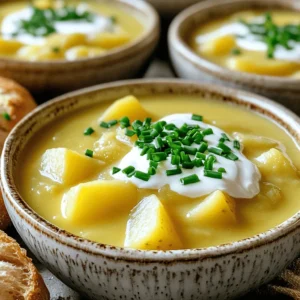 To make a creamy and flavorful potato soup, you need some basics. Here are the essential ingredients: - 4 large russet potatoes, peeled and diced - 1 medium onion, chopped - 3 cloves garlic, minced - 4 cups vegetable broth - 1 cup heavy cream (or coconut cream for a dairy-free option) - 1 teaspoon dried thyme - 1 teaspoon smoked paprika - Salt and pepper to taste - 2 tablespoons olive oil - 1 cup fresh chives, chopped (for garnish) These ingredients form a solid base for your soup, providing rich flavor and creaminess. Sometimes, you want to kick your soup up a notch. Here are some optional ingredients to enhance the flavor: - ½ cup shredded cheese (for a richer taste) - Bacon bits (for a savory crunch) - A splash of white wine (for depth) Adding these can create layers of flavor that make each bite exciting. You can easily change ingredients to fit your needs. Here are some great substitutions: - Use sweet potatoes instead of russet for a sweeter flavor. - Swap heavy cream with almond milk for a lighter option. - If you're vegan, skip the cream and cheese, and use vegetable broth. These variations help you cater to different diets while keeping the soup delicious. For the full recipe, check out the detailed instructions. Start by heating the olive oil in a large pot over medium heat. Add the chopped onion and sauté it for about five minutes. You want the onion to turn soft and clear. Next, toss in the minced garlic. Cook it for one more minute. This step fills your kitchen with a lovely aroma and builds a great base for the soup. After the onions and garlic are ready, add your diced potatoes into the pot. Pour in the vegetable broth, stirring to mix everything well. Bring the mixture to a boil. Once it starts bubbling, lower the heat and let it simmer. Add dried thyme, smoked paprika, salt, and pepper. Cover the pot and cook for 20 to 25 minutes. You will know the potatoes are done when they are soft and tender. When the potatoes are cooked, it’s time to blend. Use an immersion blender for a quick and easy blend. If you don’t have one, you can blend the soup in batches using a regular blender. Blend until the soup is smooth and creamy. Return the blended soup to the pot and heat it on low. Stir in the heavy cream, letting it warm for about five minutes. You can adjust the seasoning with more salt and pepper if you like. If you want a richer taste, add shredded cheese and mix until it melts. Serve hot, garnished with fresh chives. For the full recipe, check the section above. To get the best flavor, start with fresh ingredients. Use russet potatoes for creaminess. Sauté the onions and garlic first. This builds a rich base. Add smoked paprika for warmth. Dried thyme brings a lovely herbal note. Taste as you cook. Adjust salt and pepper to your liking. If you want a kick, try adding a dash of hot sauce. For a deeper flavor, use homemade vegetable broth if you can. Avoid using old or sprouted potatoes. They can taste bad and ruin your soup. Don’t skip the sauté step. Cooking the onions and garlic adds depth. Blending the soup too early can lead to lumps. Let the potatoes cook until fork-tender before blending. Lastly, don’t rush the cream addition. Adding it too quickly can curdle the soup. Serve your potato soup in warm bowls. Top with fresh chives for a pop of color. A swirl of cream adds elegance. Pair it with crusty bread for a filling meal. You can also serve a light salad on the side. This adds freshness and balance. For a heartier option, add a grilled cheese sandwich. Enjoy this creamy delight! Check out the [Full Recipe] for all the details. {{image_2}} You can easily make this soup dairy-free. Instead of heavy cream, use coconut cream. It gives a nice, rich taste. Check labels for vegan broth to keep it plant-based. This simple swap keeps the soup creamy and delicious. Want to make it heartier? Add protein like cooked bacon, chicken, or beans. You can also toss in more vegetables. Carrots, celery, or spinach add nutrition and color. Just chop them small and cook them with the onions and garlic. For a spicy kick, add some heat. You can mix in diced jalapeños or red pepper flakes. Adjust the amount to match your spice level. This twist will wake up your taste buds and make the soup exciting. For the full recipe, check the [Full Recipe]. You can store leftover potato soup in the fridge. Use an airtight container. Make sure it cools down first. It stays fresh for about 3 to 4 days. Label the container with the date. This helps you remember when you made it. To freeze potato soup, let it cool completely. Pour it into freezer-safe bags or containers. Leave some space at the top for expansion. Seal tightly and label with the date. It can last up to 3 months in the freezer. Thaw it overnight in the fridge before reheating. When reheating, do it slowly on the stove. Stir it often to keep it smooth. If it thickens too much, add a splash of broth or cream. You can also microwave it, but stir halfway through. This ensures even heating. Enjoy your warm, creamy delight! For the full recipe, check out the Creamy Dreamy Potato Soup. The best potatoes for potato soup are russet potatoes. They have a high starch content. This makes them creamy when cooked. Yukon Golds are also good. They have a buttery flavor and smooth texture. I recommend using a mix for added flavor and creaminess. Yes, you can make potato soup ahead of time. In fact, it often tastes better the next day. The flavors blend and deepen when it sits. Just store it in an airtight container in the fridge. Reheat it gently on the stove when ready to serve. You can thicken your potato soup in a few ways. The easiest way is to blend some of the soup. Use an immersion blender or a regular blender. Another method is to add a bit of cornstarch mixed with water. Let it simmer for a few minutes until it thickens. If you want a lighter option, use coconut cream. It adds a nice flavor and keeps it creamy. You can also use sour cream or Greek yogurt. These will add tang and richness. For a dairy-free option, try cashew cream or almond milk. In this blog post, we explored how to create the perfect potato soup. We looked at the key ingredients, helpful steps, and tips for the best flavor. You also learned about various twists and ways to store your soup. As you try this recipe, remember to adjust it to your taste. Enjoy experimenting with flavors and variations. Your perfect potato soup awaits!