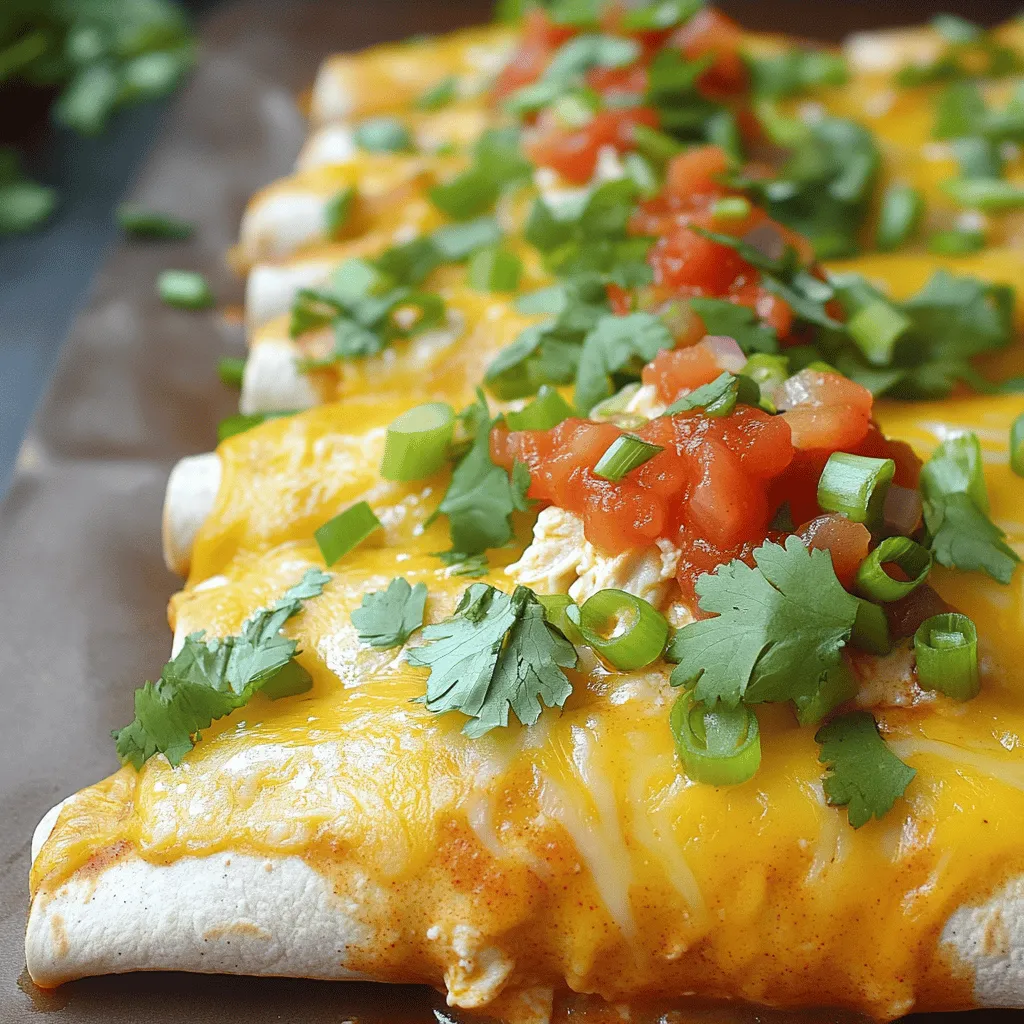 To make Cream Cheese Chicken Enchiladas, you need the right ingredients. Here’s a complete list: - 2 cups cooked chicken, shredded - 1 package (8 oz) cream cheese, softened - 1 cup shredded Monterey Jack cheese - 1 cup salsa (choose your heat level) - 8 small flour tortillas - 1/2 cup green onions, chopped - 1 teaspoon garlic powder - 1 teaspoon cumin - Salt and pepper to taste - Fresh cilantro, for garnish You can customize this recipe with optional ingredients. Try adding black beans or corn for extra texture. You can also swap Monterey Jack cheese for cheddar cheese if you prefer a sharper taste. If you want a bit more spice, consider adding diced jalapeños or a dash of hot sauce to the chicken mixture. These ingredients come together to create a dish that is creamy, cheesy, and full of flavor. For the complete recipe, check out the Full Recipe section. Prepping the chicken and cream cheese mixture First, gather your ingredients: cooked chicken, cream cheese, Monterey Jack cheese, salsa, green onions, garlic powder, cumin, salt, and pepper. In a bowl, mix the shredded chicken with the softened cream cheese. Add half a cup of Monterey Jack cheese, half a cup of salsa, garlic powder, cumin, salt, and pepper. Stir well until it’s smooth and creamy. Assembling the enchiladas Now, take a 9x13 inch baking dish and spread a thin layer of salsa on the bottom. Grab a tortilla and spoon about a quarter cup of your chicken mixture into the center. Roll the tortilla tightly and place it seam-side down in the dish. Repeat this with the rest of the tortillas and chicken filling. Once they are all lined up in the dish, pour the rest of the salsa on top. Then sprinkle the remaining Monterey Jack cheese and chopped green onions over the enchiladas. Baking and finishing touches Preheat your oven to 350°F (175°C). Cover your baking dish with aluminum foil and bake for 20 minutes. After that, remove the foil and bake for another 10 minutes. Look for bubbly and golden cheese. Once they are done, take the dish out and let it cool for a few minutes. Top with fresh cilantro right before serving. Enjoy your creamy delight! For the complete recipe, check the Full Recipe. To avoid soggy tortillas, use fresh flour tortillas. They hold up better. Warm them slightly in a pan before filling. This makes them more flexible and less likely to tear. For melty cheese, mix your Monterey Jack cheese with a bit of the salsa. This helps it melt evenly. Sprinkle the cheese on top halfway through baking for a nice, bubbly finish. Pair these enchiladas with a fresh salad or some rice. Black beans also make a great side. They add protein and flavor. For garnishes, use chopped fresh cilantro and sliced green onions. A dollop of sour cream adds creaminess. Avocado or guacamole also brings a nice touch. Enjoy your meal with your favorite toppings! {{image_2}} You can change the protein in these enchiladas. If you want beef, use ground beef instead of chicken. Cook it until brown, then mix it with the cream cheese and spices. Turkey is another good choice. It gives a lighter taste but still keeps it rich. For a vegetarian option, try black beans or lentils. They add protein and fiber. Just cook them the same way as the chicken. You can also blend in some veggies, like spinach or bell peppers, for extra nutrition. Each option keeps the dish tasty and fun. Do you want more heat in your enchiladas? Add diced jalapeños to the chicken mixture. You can also choose a spicier salsa. If you prefer a milder taste, use mild salsa instead. To tone down the heat, add a bit of sour cream on top when serving. This cools the spice and balances the flavors. Remember, you can always taste and adjust as you cook. This way, you make the dish just right for your family. To keep your Cream Cheese Chicken Enchiladas fresh, use proper storage. First, let the enchiladas cool completely. Once cool, cover them tightly with plastic wrap or foil. You can store them in the fridge for up to three days. If you want to keep them longer, freeze them. Place the wrapped enchiladas in an airtight container or freezer bag. They can last up to three months in the freezer. When ready to eat, remember to label the date. This way, you know how long they have been stored. Reheating enchiladas can be tricky. You want warm, gooey cheese without drying them out. To reheat, first, take them out of the fridge or freezer. If frozen, let them thaw overnight in the fridge. Preheat your oven to 350°F (175°C). Place the enchiladas in a baking dish. If they seem dry, add a splash of salsa or broth on top. Cover the dish with foil to keep moisture in. Bake for about 20 minutes if they were in the fridge. If frozen, heat for about 30-35 minutes. Check that they are hot all the way through before serving. Enjoy your delicious meal again! Can I use store-bought rotisserie chicken? Yes, you can use store-bought rotisserie chicken. It saves time and adds great flavor. Just shred the chicken before mixing it with the other ingredients. This makes your prep quick and easy. What can I substitute for cream cheese? If you want a substitute for cream cheese, try Greek yogurt or sour cream. Both give a nice tang and creamy texture. You can also use a dairy-free cream cheese if you prefer a vegan option. Just adjust the amount based on your taste. How can I make this dish ahead of time? You can prepare the enchiladas ahead of time. Assemble them and place them in the baking dish. Cover the dish with foil and store it in the fridge for up to 24 hours. When you’re ready, just bake them as directed. This makes dinner stress-free. Full Recipe and additional resources for cooking For the full recipe and more cooking tips, check out the Creamy Delight Chicken Enchiladas. This will guide you through each step to create a delicious family meal. In this post, I covered how to make tasty cream cheese chicken enchiladas. I shared the complete list of ingredients, step-by-step cooking instructions, and tips for best results. You learned how to customize the dish with different proteins and spice levels. I also provided smart storage methods and reheating tips. Experiment with your own flavors and enjoy every bite. Happy cooking!