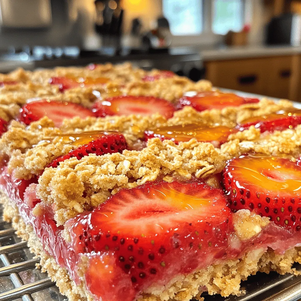 To make these delightful Strawberry Oatmeal Bars, gather these simple ingredients: - 2 cups rolled oats - 1 cup almond flour - 1/2 cup brown sugar (or coconut sugar) - 1/2 teaspoon baking powder - 1/4 teaspoon salt - 1/2 cup unsalted butter, melted (or coconut oil for a dairy-free option) - 1/4 cup honey (or maple syrup for a vegan option) - 1 teaspoon vanilla extract - 2 cups fresh strawberries, hulled and sliced - 1 tablespoon cornstarch - 1 tablespoon lemon juice These bars are not just tasty; they also have good nutrition. Each serving offers: - Calories: 180 - Protein: 3g - Carbohydrates: 25g - Fat: 8g - Fiber: 3g You get a nice mix of carbs and healthy fats. The fresh strawberries add vitamins and antioxidants, making these bars a smart snack. You can easily swap some ingredients based on your needs: - Almond flour: Use oat flour or whole wheat flour. - Butter: Coconut oil works well for a dairy-free option. - Brown sugar: Maple syrup or agave can replace it for sweetness. - Fresh strawberries: Try blueberries or raspberries for a different flavor. These swaps keep the taste great while fitting your diet! For the full recipe, check the section above. First, gather your ingredients. You will need rolled oats, almond flour, brown sugar, baking powder, salt, melted butter, honey, vanilla, fresh strawberries, cornstarch, and lemon juice. Preheat your oven to 350°F (175°C). Grease a 9x9 inch baking pan or line it with parchment paper. This helps with easy removal later. In a large bowl, mix the oats, almond flour, brown sugar, baking powder, and salt. Stir well so all dry ingredients blend. In another bowl, combine the melted butter, honey, and vanilla. Stir until smooth. Pour this mix into the dry ingredients. Mix until crumbly. Save 1 cup of this mixture for the topping. Now, pour the remaining mixture into your pan. Press it down firmly to make a flat base. Bake this base for 10 minutes. While the base bakes, let’s prepare the strawberry filling. In a bowl, add sliced strawberries, cornstarch, and lemon juice. Gently stir to coat the strawberries. After 10 minutes, take the base out of the oven. Spread the strawberry mixture evenly on top. Next, crumble the reserved oat mix over the strawberries. This will create a nice topping. Return the pan to the oven. Bake for another 25-30 minutes. You want the topping golden and the strawberries bubbly. Once baked, it’s time to cool. Let the bars sit in the pan for at least 15 minutes. This helps them set. After that, transfer the bars to a wire rack to cool completely. Once cool, cut them into squares or bars for serving. Enjoy these delicious strawberry oatmeal bars! For a complete guide, refer to the Full Recipe. To get the best texture, use rolled oats. They give a nice chew. Almond flour adds a soft bite. Mix your dry and wet ingredients well. This keeps your bars from being too crumbly. Let the base bake for just 10 minutes before adding the strawberries. This step helps it stay firm. To boost flavor, add lemon juice to your strawberries. It brightens up the taste. You can also use different sweeteners like maple syrup. For a twist, add a pinch of cinnamon to the dry mix. It gives warmth without being too strong. Don't skip the vanilla extract; it adds depth to the bars. One common mistake is overmixing the dough. This can make the bars tough. Also, ensure your strawberries are fresh and ripe. Old strawberries can taste bland. When baking, keep an eye on the time. You want a golden topping, not a burnt one. Allow the bars to cool completely before cutting. This helps them hold their shape better. For the full recipe, make sure to follow the steps closely for a perfect outcome. {{image_2}} To make gluten-free strawberry oatmeal bars, swap almond flour for a gluten-free flour blend. You can also use certified gluten-free oats. These changes help keep the bars safe for those with gluten issues. Gluten-free baking can differ, so watch your baking time. You may need to adjust it slightly. For a vegan version, use coconut oil instead of butter. Replace honey with maple syrup. Both swaps keep the bars tasty and plant-based. You can also try using flaxseed meal mixed with water as an egg replacer, if you want a firmer texture. This simple change makes these bars a hit with everyone. While strawberries shine in this recipe, feel free to try other fruits. Blueberries, raspberries, or even peaches can work well. You can also mix fruits for a fun twist. Add spices like cinnamon or nutmeg for extra warmth. These small changes can make the bars unique and exciting every time you bake! To keep your strawberry oatmeal bars fresh, store them in an airtight container. You can place parchment paper between the layers to prevent sticking. Keep them in a cool, dark spot, like your pantry. If you plan to eat them in a few days, they will stay fresh at room temperature. For longer storage, the fridge is your best option. They can last up to a week this way. Freezing is a great way to save these bars for later. First, let the bars cool completely. Then, cut them into squares. Wrap each square tightly in plastic wrap. Place the wrapped bars in a freezer-safe bag or container. They can last up to three months in the freezer. When you want to enjoy them, just thaw in the fridge or at room temperature. If you prefer warm bars, reheating is simple. Take a bar out of the fridge or freezer. For a quick warm-up, use the microwave. Heat for about 10-15 seconds. If it was frozen, it may need a bit longer. You can also reheat in the oven. Preheat the oven to 350°F (175°C) and warm for about 5-10 minutes. Enjoy the gooey, warm goodness! To make these bars dairy-free, simply swap out the unsalted butter. Use coconut oil instead. It works great and adds a nice flavor. You can also replace honey with maple syrup for a vegan option. This way, you can enjoy the bars without any dairy. You can use many fruits in this recipe. Try blueberries, raspberries, or blackberries. Peaches or apples can also work well. Just make sure to chop them if they are larger. Each fruit gives a unique taste to your bars. Mix and match fruits to find your favorite combo! Yes, you can use quick oats. However, the texture might change. Quick oats make the bars softer and more chewy. If you love the classic chewy texture, I recommend sticking with rolled oats. They hold up better and give a nice bite to your bars. This blog post covered everything you need to know about strawberry oatmeal bars. We explored the key ingredients, step-by-step instructions, and helpful tips. You learned about variations and storing options to keep your bars fresh. With these details, you can make delicious bars tailored to your taste. Remember, simple swaps can enhance your recipe. Enjoy baking, and don't hesitate to experiment with flavors. Happy cooking!