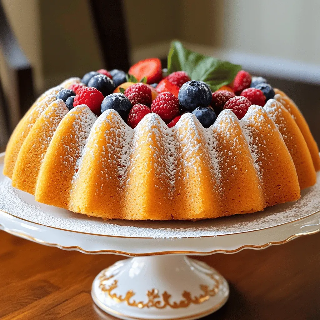 To make the Easy Bundt Cake Breakfast Delight, you need these simple ingredients: - 2 cups all-purpose flour - 1 cup granulated sugar - 1/2 cup unsalted butter, softened - 1 cup Greek yogurt (plain or vanilla) - 3 large eggs - 1 teaspoon vanilla extract - 1 teaspoon baking powder - 1/2 teaspoon baking soda - 1/4 teaspoon salt - 1 cup mixed berries (blueberries, raspberries, and strawberries) - 1 tablespoon lemon juice - 1 teaspoon lemon zest - Optional: powdered sugar for dusting These ingredients are easy to find in any grocery store. The butter and yogurt add moisture, while the berries give a burst of flavor. The lemon juice and zest help brighten the taste. If you want to make it extra special, a dusting of powdered sugar makes it look lovely. For the full recipe, you can refer to [Full Recipe]. 1. Preheat the oven and prepare the bundt pan. Start by setting your oven to 350°F (175°C). Grease your bundt pan well with butter or a non-stick spray. This step ensures your cake comes out easily after baking. 2. Mix wet ingredients for the batter. In a large bowl, combine 1/2 cup softened butter and 1 cup granulated sugar. Beat them together until the mixture is light and fluffy. Add in 1 cup Greek yogurt, 3 large eggs, and 1 teaspoon vanilla extract. Stir until everything is well mixed. 3. Combine dry ingredients separately. In another bowl, whisk together 2 cups all-purpose flour, 1 teaspoon baking powder, 1/2 teaspoon baking soda, and 1/4 teaspoon salt. Mixing these dry ingredients first helps avoid lumps in your batter. 1. Fold in berries and pour batter into the pan. Gently toss 1 cup of mixed berries with 1 tablespoon lemon juice and 1 teaspoon lemon zest. Carefully fold these berries into your wet batter. Then, pour this mixture into the prepared bundt pan, smoothing the top with a spatula. 2. Baking time and temperature guidelines. Place your pan in the preheated oven. Bake for 40-45 minutes. Use a toothpick to check doneness; it should come out clean when inserted into the center of the cake. 1. Cooling the cake properly. After baking, take the cake out and let it cool in the pan for about 10 minutes. Then, invert it onto a wire rack to cool completely. This method prevents sogginess. 2. Optional garnishing tips for serving. Once cooled, you can dust the cake with powdered sugar for a sweet touch. Serve it on a nice cake stand, topped with fresh berries. This adds color and makes it look beautiful. Enjoy your easy bundt cake breakfast delight with coffee or tea. For the full recipe, check the details above. To achieve a moist bundt cake, use fresh ingredients. Make sure your butter is softened, but not melted. This helps create a light texture. Mixing the batter too much can make the cake dense. You want to mix just until the flour disappears. This keeps your cake fluffy and tender. If you don’t have Greek yogurt, you can use sour cream or buttermilk. Both will keep your cake moist. For butter, try using coconut oil or applesauce for a lighter option. Seasonal fruits work great, too! Swap in peaches or apples in summer or fall for a fun twist. Serve your cake on a beautiful cake stand. Garnish it with fresh berries and a light dusting of powdered sugar. This adds color and makes it look fancy. Pair it with a cup of coffee or tea, and it’s perfect for breakfast! You can also slice it and serve with yogurt or whipped cream for a treat. {{image_2}} You can easily change the taste of your bundt cake. Try adding spices like cinnamon or nutmeg for warmth. Both spices pair well with fruit. You can also switch up the fruit you use. Instead of mixed berries, consider chopped apples or peaches. Each fruit gives the cake a new flavor. If you want a healthier bundt cake, there are simple swaps. You can reduce the sugar by half or use natural sweeteners like honey or maple syrup. These options keep the cake sweet without adding too much sugar. Another option is to use whole wheat flour instead of all-purpose flour. This change adds fiber and nutrients to your cake. Add-ins can make your bundt cake even more special. Consider mixing in nuts like walnuts or pecans for a crunchy texture. Chocolate chips are another great option for a sweet surprise. You can also create themed variations. For example, during holidays, add spices like ginger or pumpkin for a seasonal twist. Each variation makes your bundt cake unique and fun. Check the Full Recipe for more ideas! To keep your bundt cake fresh, wrap it in plastic wrap. This protects it from air and moisture. You can also store it in an airtight container. The cake stays good for about 3 to 5 days at room temperature. If you see any mold, throw it away. For freezing, slice the bundt cake first. Wrap each slice tightly in plastic wrap. Then place the slices in a freezer bag. This method keeps the cake tasty for up to three months. When you want to enjoy a slice, take it out of the freezer and put it in the fridge overnight. This helps it thaw slowly. To reheat, place a slice on a microwave-safe plate. Heat it for 10 to 15 seconds. Check if it’s warm enough; if not, add a few more seconds. Serving it warm makes it extra yummy. You can also serve it at room temperature. It tastes great either way! Enjoy it with your favorite drink. For more details, check the Full Recipe. Can I make this cake ahead of time? Yes, you can make this cake a day early. Just store it in an airtight container. This keeps it moist and fresh. You can serve it at breakfast or brunch. What can I substitute for eggs? You can use applesauce or mashed bananas. Use 1/4 cup of either for each egg. This works well in most cakes and keeps them moist. Why is my bundt cake dense? A dense cake can come from overmixing the batter. Make sure to mix just until combined. Also, check if your baking powder is fresh. Old baking powder may not rise well. What if my bundt cake sticks to the pan? To avoid sticking, grease the pan well with butter or non-stick spray. You can also dust it with flour after greasing. If it still sticks, run a knife around the edges to help loosen it. Can I use a different cake pan? Yes, you can use a different pan, but baking time may change. If you use a loaf pan, it may take longer. Just keep an eye on it while baking. Tips for checking the doneness of the cake Insert a toothpick into the center of the cake. If it comes out clean, the cake is done. If it has wet batter, bake it a few more minutes. This bundt cake recipe combines delicious flavors and simple steps. You learned about key ingredients, baking tips, and practical variations. Remember to prep well for the best results. Use fresh fruit and pay attention to texture for a moist cake. Don't hesitate to experiment with flavors or sugar options. With these tools, you can create a delightful treat. Enjoy every slice and share your masterpiece with others. You’ve got this!