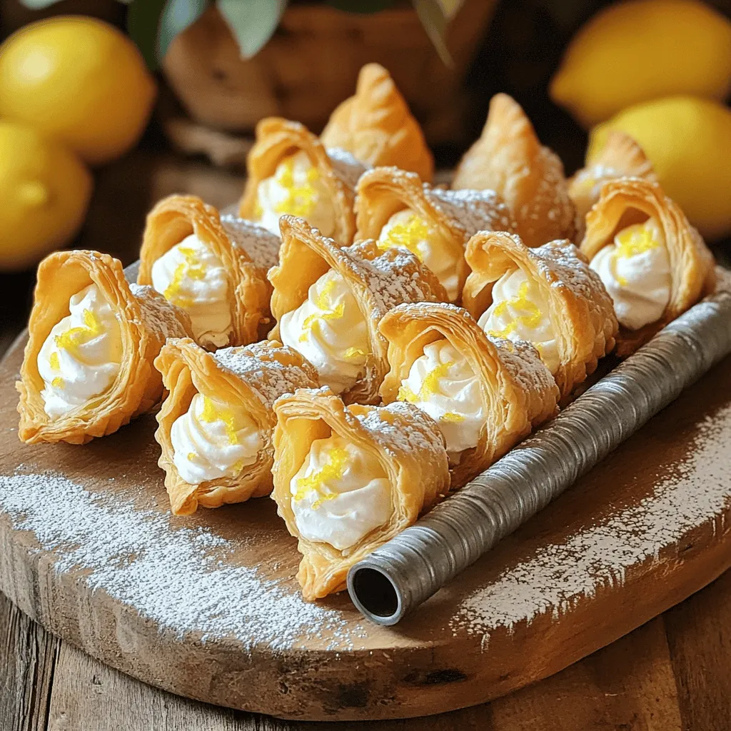 - 1 cup all-purpose flour - 1/2 cup unsalted butter, cold and cubed - 1/4 cup powdered sugar - 1/4 teaspoon salt The dough is key to making cannoncini. Start with all-purpose flour, which gives the right texture. Use cold unsalted butter for a tender crust. Powdered sugar adds sweetness without graininess. A pinch of salt balances the flavors. - 1/2 cup heavy cream - 1/2 cup mascarpone cheese - 1/4 cup granulated sugar - 1 teaspoon vanilla extract - Zest of 1 lemon The cream filling makes these treats shine. Heavy cream whips up light and airy. Mascarpone cheese gives a rich, creamy taste. Granulated sugar sweetens the mix. Vanilla extract adds warmth, while lemon zest brightens the flavor. - Extra powdered sugar for dusting Dusting with powdered sugar adds a lovely finish. It makes your cannoncini look more appealing. This little touch elevates the dessert. It’s a simple way to impress friends and family. For the full recipe, check below. This guide helps you create a delightful dessert treat! To make the dough, start by mixing the dry ingredients. In a large bowl, combine 1 cup of all-purpose flour, 1/4 cup of powdered sugar, and 1/4 teaspoon of salt. Next, add 1/2 cup of cold, cubed unsalted butter. Use your fingers or a pastry cutter to mix until it looks like coarse crumbs. Now, it's time to add the wet ingredients. Crack 2 large eggs into the bowl. Pour in 1/2 teaspoon of vanilla extract. Mix until the dough comes together. Wrap the dough in plastic wrap and chill it in the refrigerator for at least 30 minutes. This step helps the dough become easier to work with. Once the dough is chilled, preheat your oven to 400°F (200°C). On a floured surface, roll out the dough to about 1/8-inch thick. Cut long strips, about 1-inch wide. Take metal cannoncini tubes and wrap the dough strips around them, slightly overlapping. Place the wrapped tubes on a baking sheet lined with parchment paper. Bake for 15 to 20 minutes, or until they turn golden brown. After baking, let them cool for a few minutes. Carefully slide the pastry off the tubes. For the cream filling, start by beating 1/2 cup of heavy cream in a mixing bowl. Add 1/4 cup of granulated sugar and 1 teaspoon of vanilla extract. Beat until you see soft peaks form. Gently fold in 1/2 cup of mascarpone cheese and the zest of 1 lemon. This adds a refreshing flavor to your filling. Now, to assemble the cannoncini, use a piping bag fitted with a star nozzle. Carefully fill each cooled cannoncini shell with the cream mixture. After filling, lightly dust the tops with extra powdered sugar before serving. This adds a lovely touch and makes them look beautiful. For the complete recipe, check out the Full Recipe section. Enjoy your delicious Italian cream-filled cannoncini! To make the best cannoncini, you need cold ingredients. Cold butter helps keep the dough flaky. Use unsalted butter straight from the fridge. This step is key to great texture. Let the dough rest for at least 30 minutes. Chilling it helps the gluten relax, which makes rolling easier. Use a piping bag for filling. This tool gives you control and precision. Cut a small hole at the tip to avoid mess. Fill the bag with cream, then squeeze gently. Start from one end and fill to the other. This method ensures even filling and keeps the shells neat. Check your oven temperature with a thermometer. Oven settings can vary, affecting your bake. Preheat to 400°F (200°C) for a golden brown finish. After baking, let the shells cool slightly. This cooling time is vital before filling. Otherwise, the cream may melt and make the shells soggy. For the Full Recipe, be sure to follow the steps closely. Enjoy your delicious Italian cream-filled cannoncini! {{image_2}} You can change the cream filling to suit your taste. Here are two fun ideas: - Chocolate cannoli filling: Blend cocoa powder into your cream. This adds a rich chocolate flavor. Use about 1/4 cup of cocoa for a deep taste. - Citrus-infused variations: Add zest from oranges or limes to your cream. This gives a bright, fresh twist. You can use 1 teaspoon of zest for a hint of citrus. You can also tweak the dough for different diets or preferences: - Gluten-free flour options: Use a gluten-free flour blend in place of all-purpose flour. This makes the recipe friendlier for gluten-sensitive folks. Look for blends that include xanthan gum for the best results. - Substituting butter with oil: Replace the butter with vegetable oil or coconut oil. This can make the dough easier to work with. Use about 1/3 cup of oil instead of 1/2 cup of butter. How you serve cannoncini can make a big difference. Here are a couple of creative ideas: - Garnishing with fresh fruits: Top your filled cannoncini with berries or slices of kiwi. This adds color and freshness to the plate. It also adds a nice contrast to the creaminess. - Creative serving suggestions: Arrange the cannoncini on a cake stand for an impressive look. You can also place them in small cups with a side of chocolate sauce or fruit coulis for dipping. This makes for a fun dessert experience. Try these variations and ideas to make your Italian cream-filled cannoncini truly unique and delightful. For more detailed steps, check the Full Recipe. - Storing unfilled shells: Keep unfilled cannoncini shells in an airtight container. Place them in a cool, dry area. They stay fresh for about three days. Avoid stacking them to keep their shape. - Storing filled cannoncini: For filled cannoncini, store them in the fridge. Use a covered container to keep them fresh. Enjoy them within two days for the best taste and texture. - Duration for optimal freshness: Unfilled shells last up to three days at room temperature. Filled cannoncini are best within two days. - Signs of spoilage: Look for changes in texture or smell. If the cream filling smells sour or the shells feel soft, it’s time to toss them. - Best methods to restore crispness: To regain that crunch, briefly reheat unfilled shells in a 350°F oven. Bake for about 5 minutes until warm. - Serving after storage: For filled cannoncini, serve them chilled. Dust with powdered sugar right before serving for a fresh look. Cannoncini are small, crispy pastries filled with cream. They come from Italy, where they are a popular treat. The name "cannoncini" means "little tubes" in Italian. These pastries are usually made from a dough that wraps around small metal tubes, creating a hollow shape. Once baked, you fill them with a rich cream, often made from mascarpone cheese and whipped cream. The result is a delightful dessert that is both crunchy and creamy. Yes, you can freeze cannoncini. To freeze unfilled shells, place them in a single layer in an airtight container. Make sure they are cool before you pack them. You can freeze them for up to three months. When you want to eat them, just take them out and let them thaw at room temperature. For filled cannoncini, it’s best to eat them fresh. Freezing filled pastries can make them soggy. If you don’t have mascarpone cheese, you can use cream cheese. Mix cream cheese with a little heavy cream to soften it. You can also use ricotta cheese, but it will be less creamy. Adding a bit of sugar can help make it sweeter. Greek yogurt can work too, but it has a tangy flavor. Each option gives a different taste, so choose based on what you like. To keep your cannoncini shells crunchy, fill them just before serving. Avoid filling them too early. You can also bake the shells until they are golden brown. This helps them stay crispy. Store unfilled shells in an airtight container at room temperature. If they do get soggy, you can re-bake them for a few minutes to bring back the crunch. Cannoncini are delicious pastries filled with cream. We covered the key ingredients, how to prepare the dough, and tips for filling. You learned about variations, storage methods, and common questions. Making these treats can be fun and rewarding. With the right techniques, your cannoncini will impress everyone. Enjoy crafting and sharing these delightful pastries with friends and family!