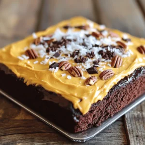 To make a German chocolate sheet cake, you will need the following: - 2 cups all-purpose flour - 2 cups granulated sugar - 1 cup unsweetened cocoa powder - 1 ½ teaspoons baking powder - 1 teaspoon baking soda - 1 teaspoon salt - 4 large eggs - 1 cup buttermilk - 1 cup vegetable oil - 2 teaspoons vanilla extract - 1 cup boiling water - 1 cup shredded coconut - 1 cup chopped pecans - 1 cup sweetened condensed milk - ½ cup unsalted butter - 2 cups powdered sugar This list shows everything needed for the cake and its rich topping. When you gather these items, make sure they are fresh for the best flavor. Using quality brands can make a big difference. Here are my top picks: - Flour: King Arthur Flour - Sugar: Domino Sugar - Cocoa Powder: Ghirardelli Unsweetened Cocoa - Buttermilk: Organic Valley - Vanilla Extract: Nielsen-Massey These brands offer great taste and quality. They help make your cake stand out. If you can't find an ingredient, don't worry! Here are some easy swaps: - All-purpose flour: You can use gluten-free flour for a gluten-free cake. - Buttermilk: Mix one cup of milk with one tablespoon of vinegar or lemon juice. - Vegetable oil: Canola oil works just as well. - Eggs: Use 1/4 cup of unsweetened applesauce for each egg. - Coconut: Try almond flour if you want a different flavor. These substitutions keep your cake delicious. You can still enjoy a great dessert! For the full recipe, check out the additional details provided. Start by preheating your oven to 350°F (175°C). Get a large sheet cake pan ready by greasing and flouring it well. In a big mixing bowl, sift together these dry ingredients: 2 cups of all-purpose flour, 2 cups of granulated sugar, 1 cup of unsweetened cocoa powder, 1 ½ teaspoons of baking powder, 1 teaspoon of baking soda, and 1 teaspoon of salt. Next, add 4 large eggs, 1 cup of buttermilk, 1 cup of vegetable oil, and 2 teaspoons of vanilla extract to the dry mix. Use a mixer on medium speed for about 2 minutes. You want everything to blend well. Then, slowly stir in 1 cup of boiling water. The batter will look thin, but that's just right. Now, pour the batter into your prepared sheet pan. Make sure it spreads evenly. Place it in your preheated oven. Bake for 30 to 35 minutes. To check if it’s done, insert a toothpick into the center. If it comes out clean, it's ready. Let the cake cool in the pan for about 10 minutes before you take it out. While the cake bakes, you can make the coconut-pecan frosting. In a saucepan over medium heat, mix 1 cup of sweetened condensed milk, ½ cup of unsalted butter, and the yolks of 3 eggs. Stir this mixture constantly for about 10 minutes. You want it to thicken nicely. Once it thickens, remove it from heat. Stir in 1 cup of shredded coconut and 1 cup of chopped pecans. Let this frosting cool a bit. When the cake is cool enough to touch, spread the frosting on top while it’s still warm. This helps it stick better. Now your German chocolate sheet cake is ready to impress! For the full recipe, check out the details above. To keep your German chocolate sheet cake moist, use buttermilk. Buttermilk adds flavor and moisture. Don't skip the boiling water in the batter. It helps create a soft texture. Bake your cake just until a toothpick comes out clean. Overbaking dries out the cake, so check early. Let the cake cool in the pan for a short time. This helps it stay moist before you frost it. For a great look, frost your cake while it’s still warm. This helps the frosting spread smoothly. Use a spatula to spread the frosting evenly. You can also add a sprinkle of coconut or chocolate shavings on top. Cut the cake into squares for nice serving pieces. Serve on decorative plates to make it look special. One common mistake is not measuring ingredients correctly. Use a scale for precision. Another mistake is not cooling the cake enough before frosting. This can cause the frosting to melt. Be careful not to rush the baking time. Each oven is different, so check your cake often. If you follow these tips, you will have a lovely cake. For the full recipe, check the earlier section. {{image_2}} If you want to change the frosting, you have options. A classic chocolate buttercream is rich and smooth. Simply mix soft butter with cocoa powder, powdered sugar, and a splash of milk. You can also try cream cheese frosting for a tangy twist. This pairs well with the chocolate cake and offers a thicker texture. For a lighter option, whipped cream frosting is airy and sweet. Just whip heavy cream with sugar until fluffy. You can make this cake gluten-free with a few swaps. Use gluten-free all-purpose flour instead of regular flour. Most brands have a blend that works well in cakes. Check that your baking powder and cocoa powder are gluten-free too. The cake's texture may differ slightly, but it will still taste great. Be sure to follow the same mixing and baking steps from the Full Recipe. Want to add more flavor? Try adding coffee or espresso. Just mix one tablespoon of instant coffee granules into the boiling water. This gives the cake a deeper chocolate taste. You can also add a splash of almond extract for a nutty flavor. If you like spice, consider a dash of cinnamon or nutmeg. These simple tweaks can make your cake unique and exciting! To keep your German chocolate sheet cake fresh, store it in an airtight container. This will help keep the cake moist and prevent it from drying out. If you don't have a container, you can cover the cake with plastic wrap. Make sure to store it at room temperature for up to three days. If you need to keep it longer, consider freezing. You can freeze this cake to enjoy later. First, let the cake cool completely. Once cooled, cut it into squares. Wrap each piece tightly in plastic wrap. Then, place the wrapped pieces in a freezer-safe bag. Be sure to label the bag with the date. This way, you will know when you made it. The cake can last in the freezer for up to three months. When you're ready to eat, thaw the cake in the fridge overnight. When stored correctly, the cake lasts about 3 to 4 days at room temperature. If you store it in the fridge, it can last up to a week. Freezing extends its life to about three months. Enjoy this delicious treat whenever you crave a sweet bite! For the complete process, check out the Full Recipe. German chocolate is not from Germany. It comes from a man named Samuel German. He made a dark chocolate for baking in 1852. This chocolate is sweeter and milder than regular chocolate. It has a rich flavor that makes it perfect for desserts. In German chocolate cake, we add coconut and pecans to the frosting. This extra texture and taste set it apart from other chocolate cakes. Yes, you can use milk instead of buttermilk in this recipe. Buttermilk adds a tangy taste and helps the cake rise. If you don’t have buttermilk, mix one cup of milk with one tablespoon of vinegar or lemon juice. Let it sit for about five minutes. This will mimic buttermilk and keep your cake moist and fluffy. To check if your cake is done, use a toothpick. Insert it in the center of the cake. If it comes out clean or with a few crumbs, the cake is ready. If there is wet batter on the toothpick, bake it a little longer. Keep an eye on it, so it doesn’t overbake. A perfect cake is soft and springy to touch. You can use several options as egg substitutes. Each option gives your cake the right texture. Some good choices include: - 1/4 cup unsweetened applesauce per egg - 1/4 cup mashed banana per egg - 1 tablespoon ground flaxseed mixed with 3 tablespoons water per egg These substitutes work well in cake recipes. They help keep your cake moist and delicious, just like the original! For the full recipe, check out the details above. This guide covered everything you need for a great German chocolate sheet cake. We explored the essential ingredients and shared brand recommendations. You learned step-by-step instructions for baking and making frosting. Tips and tricks helped you avoid common mistakes. Variations let you customize the cake to your taste. Finally, storage tips ensure your leftovers stay fresh. With these tools, you can bake a delicious cake and impress everyone around you. Happy baking!
