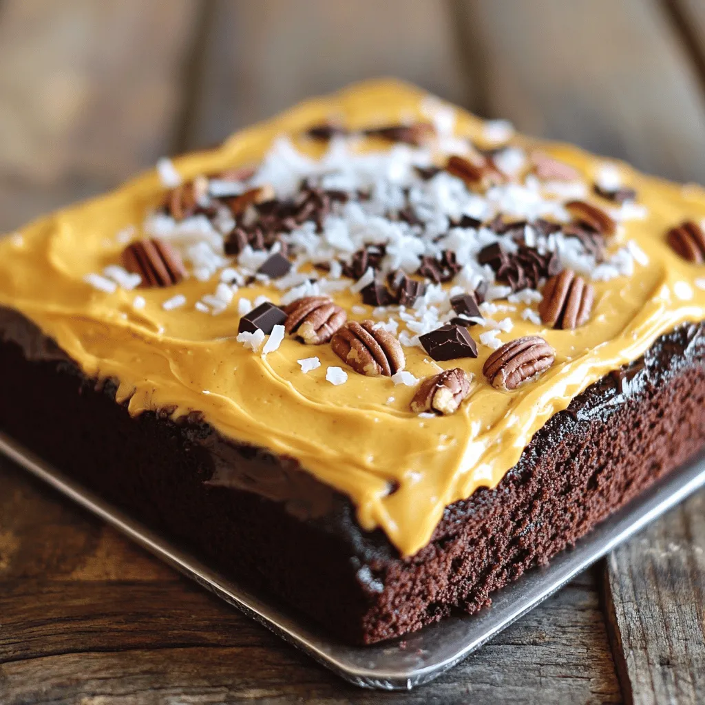 To make a German chocolate sheet cake, you will need the following: - 2 cups all-purpose flour - 2 cups granulated sugar - 1 cup unsweetened cocoa powder - 1 ½ teaspoons baking powder - 1 teaspoon baking soda - 1 teaspoon salt - 4 large eggs - 1 cup buttermilk - 1 cup vegetable oil - 2 teaspoons vanilla extract - 1 cup boiling water - 1 cup shredded coconut - 1 cup chopped pecans - 1 cup sweetened condensed milk - ½ cup unsalted butter - 2 cups powdered sugar This list shows everything needed for the cake and its rich topping. When you gather these items, make sure they are fresh for the best flavor. Using quality brands can make a big difference. Here are my top picks: - Flour: King Arthur Flour - Sugar: Domino Sugar - Cocoa Powder: Ghirardelli Unsweetened Cocoa - Buttermilk: Organic Valley - Vanilla Extract: Nielsen-Massey These brands offer great taste and quality. They help make your cake stand out. If you can't find an ingredient, don't worry! Here are some easy swaps: - All-purpose flour: You can use gluten-free flour for a gluten-free cake. - Buttermilk: Mix one cup of milk with one tablespoon of vinegar or lemon juice. - Vegetable oil: Canola oil works just as well. - Eggs: Use 1/4 cup of unsweetened applesauce for each egg. - Coconut: Try almond flour if you want a different flavor. These substitutions keep your cake delicious. You can still enjoy a great dessert! For the full recipe, check out the additional details provided. Start by preheating your oven to 350°F (175°C). Get a large sheet cake pan ready by greasing and flouring it well. In a big mixing bowl, sift together these dry ingredients: 2 cups of all-purpose flour, 2 cups of granulated sugar, 1 cup of unsweetened cocoa powder, 1 ½ teaspoons of baking powder, 1 teaspoon of baking soda, and 1 teaspoon of salt. Next, add 4 large eggs, 1 cup of buttermilk, 1 cup of vegetable oil, and 2 teaspoons of vanilla extract to the dry mix. Use a mixer on medium speed for about 2 minutes. You want everything to blend well. Then, slowly stir in 1 cup of boiling water. The batter will look thin, but that's just right. Now, pour the batter into your prepared sheet pan. Make sure it spreads evenly. Place it in your preheated oven. Bake for 30 to 35 minutes. To check if it’s done, insert a toothpick into the center. If it comes out clean, it's ready. Let the cake cool in the pan for about 10 minutes before you take it out. While the cake bakes, you can make the coconut-pecan frosting. In a saucepan over medium heat, mix 1 cup of sweetened condensed milk, ½ cup of unsalted butter, and the yolks of 3 eggs. Stir this mixture constantly for about 10 minutes. You want it to thicken nicely. Once it thickens, remove it from heat. Stir in 1 cup of shredded coconut and 1 cup of chopped pecans. Let this frosting cool a bit. When the cake is cool enough to touch, spread the frosting on top while it’s still warm. This helps it stick better. Now your German chocolate sheet cake is ready to impress! For the full recipe, check out the details above. To keep your German chocolate sheet cake moist, use buttermilk. Buttermilk adds flavor and moisture. Don't skip the boiling water in the batter. It helps create a soft texture. Bake your cake just until a toothpick comes out clean. Overbaking dries out the cake, so check early. Let the cake cool in the pan for a short time. This helps it stay moist before you frost it. For a great look, frost your cake while it’s still warm. This helps the frosting spread smoothly. Use a spatula to spread the frosting evenly. You can also add a sprinkle of coconut or chocolate shavings on top. Cut the cake into squares for nice serving pieces. Serve on decorative plates to make it look special. One common mistake is not measuring ingredients correctly. Use a scale for precision. Another mistake is not cooling the cake enough before frosting. This can cause the frosting to melt. Be careful not to rush the baking time. Each oven is different, so check your cake often. If you follow these tips, you will have a lovely cake. For the full recipe, check the earlier section. {{image_2}} If you want to change the frosting, you have options. A classic chocolate buttercream is rich and smooth. Simply mix soft butter with cocoa powder, powdered sugar, and a splash of milk. You can also try cream cheese frosting for a tangy twist. This pairs well with the chocolate cake and offers a thicker texture. For a lighter option, whipped cream frosting is airy and sweet. Just whip heavy cream with sugar until fluffy. You can make this cake gluten-free with a few swaps. Use gluten-free all-purpose flour instead of regular flour. Most brands have a blend that works well in cakes. Check that your baking powder and cocoa powder are gluten-free too. The cake's texture may differ slightly, but it will still taste great. Be sure to follow the same mixing and baking steps from the Full Recipe. Want to add more flavor? Try adding coffee or espresso. Just mix one tablespoon of instant coffee granules into the boiling water. This gives the cake a deeper chocolate taste. You can also add a splash of almond extract for a nutty flavor. If you like spice, consider a dash of cinnamon or nutmeg. These simple tweaks can make your cake unique and exciting! To keep your German chocolate sheet cake fresh, store it in an airtight container. This will help keep the cake moist and prevent it from drying out. If you don't have a container, you can cover the cake with plastic wrap. Make sure to store it at room temperature for up to three days. If you need to keep it longer, consider freezing. You can freeze this cake to enjoy later. First, let the cake cool completely. Once cooled, cut it into squares. Wrap each piece tightly in plastic wrap. Then, place the wrapped pieces in a freezer-safe bag. Be sure to label the bag with the date. This way, you will know when you made it. The cake can last in the freezer for up to three months. When you're ready to eat, thaw the cake in the fridge overnight. When stored correctly, the cake lasts about 3 to 4 days at room temperature. If you store it in the fridge, it can last up to a week. Freezing extends its life to about three months. Enjoy this delicious treat whenever you crave a sweet bite! For the complete process, check out the Full Recipe. German chocolate is not from Germany. It comes from a man named Samuel German. He made a dark chocolate for baking in 1852. This chocolate is sweeter and milder than regular chocolate. It has a rich flavor that makes it perfect for desserts. In German chocolate cake, we add coconut and pecans to the frosting. This extra texture and taste set it apart from other chocolate cakes. Yes, you can use milk instead of buttermilk in this recipe. Buttermilk adds a tangy taste and helps the cake rise. If you don’t have buttermilk, mix one cup of milk with one tablespoon of vinegar or lemon juice. Let it sit for about five minutes. This will mimic buttermilk and keep your cake moist and fluffy. To check if your cake is done, use a toothpick. Insert it in the center of the cake. If it comes out clean or with a few crumbs, the cake is ready. If there is wet batter on the toothpick, bake it a little longer. Keep an eye on it, so it doesn’t overbake. A perfect cake is soft and springy to touch. You can use several options as egg substitutes. Each option gives your cake the right texture. Some good choices include: - 1/4 cup unsweetened applesauce per egg - 1/4 cup mashed banana per egg - 1 tablespoon ground flaxseed mixed with 3 tablespoons water per egg These substitutes work well in cake recipes. They help keep your cake moist and delicious, just like the original! For the full recipe, check out the details above. This guide covered everything you need for a great German chocolate sheet cake. We explored the essential ingredients and shared brand recommendations. You learned step-by-step instructions for baking and making frosting. Tips and tricks helped you avoid common mistakes. Variations let you customize the cake to your taste. Finally, storage tips ensure your leftovers stay fresh. With these tools, you can bake a delicious cake and impress everyone around you. Happy baking!
