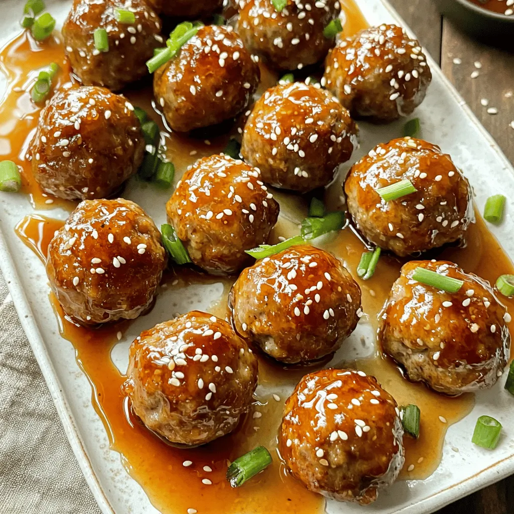 Using ground turkey gives these meatballs a lighter flavor and a healthy twist. Ground turkey is lean, which helps keep the meatballs moist. I love it because it absorbs flavors well. Breadcrumbs are key to holding the meatballs together. They create a nice texture that makes each bite satisfying. I prefer whole wheat breadcrumbs for a bit more fiber. Parmesan cheese adds a savory note. Its salty flavor enhances the taste and keeps the meatballs rich. Garlic and onion powder are essential for flavor. Garlic brings a sweet, aromatic taste. Onion powder adds depth and warmth. Together, they create a strong base for the meatballs. Fresh herbs, like parsley, brighten the dish. They add a pop of color, too! I always use chopped parsley for a fresh taste. It balances the rich flavors of the meatballs and adds a nice crunch. Honey plays a big role in this dish. It brings sweetness that contrasts with the savory meat. The sticky glaze makes the meatballs shine and adds a fun texture. Soy sauce adds umami, which deepens the flavor. I recommend using low sodium to keep it balanced. Apple cider vinegar gives a tangy kick that brightens everything up. Ginger adds warmth and spice, rounding out the flavors. For the full recipe, check out the [Full Recipe]. To make these honey garlic turkey meatballs, start by combining the ingredients in a large bowl. You will need: - 1 lb ground turkey - 1/2 cup breadcrumbs - 1/4 cup grated Parmesan cheese - 1/4 cup fresh parsley, chopped - 1 egg, beaten - 3 cloves garlic, minced - 1 teaspoon onion powder - 1/2 teaspoon salt - 1/2 teaspoon black pepper Mix these items gently until everything is well blended. For the perfect texture, avoid overmixing. If the mixture feels too wet, add a bit more breadcrumbs. If it feels too dry, a splash of water can help. Once your mixture is ready, shape the meatballs evenly. Aim for about 1 inch in diameter. Use wet hands to prevent sticking. Place your meatballs on a lined baking sheet, ensuring they are spaced apart. Bake them in a preheated oven at 400°F (200°C) for 20 minutes. This will give them a nice golden color and keep them juicy. Halfway through baking, check for browning. If they look too pale, switch to broil for the last few minutes. While the meatballs bake, focus on the honey garlic glaze. In a small saucepan, combine: - 1/2 cup honey - 1/4 cup low sodium soy sauce - 1 tablespoon apple cider vinegar - 1 teaspoon ginger, minced Heat this mixture over medium heat. Stir until it combines well and brings to a simmer. You want the glaze to thicken slightly but not become too sticky. Once the meatballs are done, toss them in the glaze. Let them simmer for 3-5 minutes to meld the flavors. This step really brings out the sweet and savory notes. For the complete recipe, check the Full Recipe. To avoid dry meatballs, you need to add moisture. Mix in breadcrumbs with the meat. You can also use an egg to help bind the mix. Make sure not to overmix. This keeps your meatballs tender. For enhancing flavor profiles, fresh herbs are key. I like to add parsley. It adds a fresh taste. You can also try adding a splash of lemon juice. This brightens the flavors and makes them pop. You can cook meatballs in different ways. Pan-frying gives a nice crust. Baking is easier and less messy. I recommend baking for an even cook. If you choose to pan-fry, use medium heat. Cooking times vary with size. For 1-inch meatballs, bake them for about 20 minutes. If you're making larger meatballs, add a few more minutes. Always check that they are cooked through. Pair your meatballs with delicious sides. Steamed rice is a classic option. You can also serve them with a salad for a fresh crunch. For dips, try a sweet chili sauce or a spicy mayo. They add a fun twist. When plating, make it look nice. Use a large platter and drizzle extra honey garlic sauce on top. Sprinkle sesame seeds and chopped green onions. This makes your dish pop and looks appealing. For more ideas, check the Full Recipe for inspiration. {{image_2}} You can switch the ground turkey with other proteins. Ground chicken works well and keeps the dish light. Ground beef adds richness and flavor. If you're looking for a vegetarian option, try using plant-based meat. It mimics the texture and absorbs the honey garlic sauce nicely. Feel free to get creative with spices. Adding red pepper flakes gives a nice kick. For a sweeter taste, increase the honey by a tablespoon. You can even mix in some pineapple juice for a tropical twist. Consider adding teriyaki sauce for a different flavor profile. Each tweak can change the dish in fun ways. Honey garlic turkey meatballs can be served in many styles. Turn them into sliders by placing them in small buns. This makes a great appetizer or party food. Mix the meatballs with pasta for a quick weeknight dinner. You can also store them for meal prep. They reheat well and can be part of a balanced meal for busy days. For the full recipe, check out the details provided earlier. To keep your honey garlic turkey meatballs fresh, cool them first. Place them in airtight containers. They last up to four days in the fridge. If you want to save them longer, freeze the meatballs. Wrap each meatball in plastic wrap, then place them in a freezer bag. They can stay in the freezer for about three months. When reheating, make sure to keep the flavors. Try adding a touch of honey or soy sauce when you reheat them. You can reheat meatballs in various ways. The oven is great for keeping them crispy. Preheat your oven to 350°F (175°C) and bake for about 10-15 minutes. You can also use the microwave for quick reheating. Place them in a microwave-safe dish and cover. Heat for 1-2 minutes. To keep the meatballs juicy, add a splash of water or sauce before reheating. This helps lock in moisture. Cooking ahead makes busy nights much easier. You can make a big batch of meatballs on a weekend. Store them in the fridge or freezer. Use them in different meals during the week. Try adding them to pasta, salads, or grain bowls. You can even make sliders for a fun lunch. This way, you enjoy tasty meals without spending too much time cooking. For the full recipe, check the Honey Garlic Turkey Meatballs section. Yes, you can use ground turkey breast. Ground turkey breast is leaner than regular ground turkey. This means fewer calories and less fat. However, the texture may be drier. To keep them moist, add a bit more honey or some olive oil to the meatball mix. Leftovers can last up to four days in the fridge. Store them in an airtight container. Make sure they cool down before sealing. This helps keep them fresh and safe to eat later. Yes, you can prepare these meatballs ahead. Shape and bake them, then let them cool. Store in the fridge for up to two days or freeze for longer. Just thaw and reheat when ready to serve. This makes meal prep a breeze! Get creative with your leftovers! You can make a meatball sub with bread and sauce. Another idea is to toss them in pasta or rice for a quick meal. You can also serve them with a side of veggies for a balanced plate. This article explored how to make delicious honey garlic meatballs using ground turkey. We discussed key ingredients like breadcrumbs, garlic, and fresh herbs that enhance flavor. I shared step-by-step instructions for preparing, shaping, and baking the meatballs, along with tips to perfect their texture. You can explore variations and storage options to keep your meals fresh. Cooking should be fun and flexible. With these insights, you can create tasty, satisfying dishes that everyone will enjoy. Happy cooking!