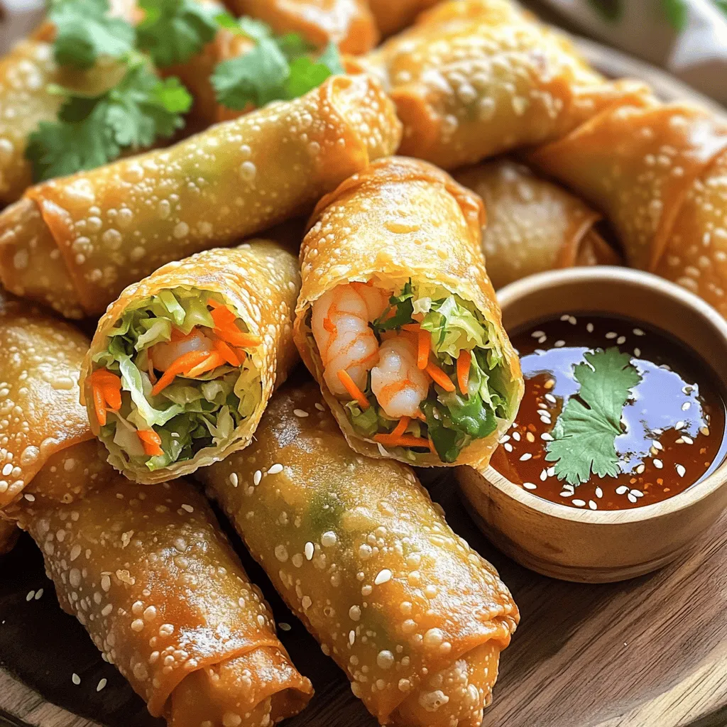 - 1 pound large shrimp, peeled and deveined - 2 cups green cabbage, finely shredded - 1 cup carrots, grated - 3 green onions, finely chopped - 2 cloves garlic, minced - 1 tablespoon fresh ginger, minced - 1 teaspoon soy sauce - 1 teaspoon sesame oil - 1 package of egg roll wrappers - Vegetable oil for frying - Salt and pepper to taste Gathering the right ingredients is key. You need large shrimp, cabbage, carrots, and green onions. Each ingredient adds flavor and texture. Garlic and ginger bring a nice kick, while soy sauce and sesame oil add depth. Egg roll wrappers hold everything together. Don't forget the vegetable oil for frying! It helps achieve that perfect crisp. Salt and pepper are your trusty friends for taste. For the full recipe, refer to the section above. Enjoy cooking! First, gather your ingredients. In a large bowl, combine the shrimp and vegetables. Use 1 pound of large shrimp and mix it with 2 cups of finely shredded cabbage, 1 cup of grated carrots, and 3 chopped green onions. Then, add in 2 cloves of minced garlic and 1 tablespoon of minced fresh ginger. Next, season this mixture. Pour in 1 teaspoon of soy sauce, 1 teaspoon of sesame oil, and sprinkle with salt and pepper to taste. Mix it all well until everything is combined. The filling should smell fresh and vibrant. Now it’s time to wrap! Lay out an egg roll wrapper on a clean surface. Make sure one corner points toward you. Place about 2 tablespoons of your shrimp and vegetable mixture near that corner. Fold the corner over the filling, then tuck in the side corners. Roll it tightly to seal the egg roll. You might need to moisten the edge with a bit of water to help it stick. Repeat this with the rest of the wrappers and filling. It’s a fun process and your egg rolls will look great! To fry, heat vegetable oil in a deep pan or pot over medium heat. The oil should be hot but not smoking. Carefully add a few egg rolls at a time, making sure not to overcrowd the pan. Fry them for 3-4 minutes until they turn golden brown and crispy. Use a slotted spoon to remove them from the oil. Let them drain on paper towels to absorb extra oil. This step is key for that delightful crispiness you want. Enjoy your crispy shrimp and cabbage egg rolls with a nice dipping sauce! For the full recipe, check out the details above. To get crispy shrimp and cabbage egg rolls, pay close attention to oil temperature. Aim for about 350°F (175°C) when frying. This heat gives a golden brown, crunchy texture. If the oil is too cool, the egg rolls soak in oil and become soggy. If it's too hot, they burn quickly. Fry in small batches. This keeps the oil temperature steady. Overcrowding the pan lowers the heat and leads to less crispy rolls. Fry three or four at a time. This way, you will get a more even cook. How do you store uncooked egg rolls? Wrap them tightly in plastic wrap. Place them in an airtight container. Store them in the fridge for up to 24 hours. For longer storage, freeze them. Reheating fried egg rolls for the best texture is easy. Place them in an oven set to 375°F (190°C). Heat for about 10-15 minutes. This keeps them crispy instead of soggy. Avoid the microwave, as it makes them soft. What are good accompaniments for optimal flavor? Sweet chili sauce pairs perfectly with these egg rolls. You can also use soy sauce or a spicy dipping sauce. For presentation ideas, arrange the egg rolls on a large platter. Garnish with chopped cilantro or sesame seeds. This adds color and makes your dish look appetizing. Serve them hot for the best taste. For the full recipe, check out the detailed steps provided earlier. {{image_2}} You can switch up the fillings in your crispy shrimp and cabbage egg rolls. Using different proteins can add variety. Try crab meat, chicken, or tofu for a personal touch. Each protein brings its own flavor. If you prefer vegetarian options, load up on vegetables. You can use mushrooms, bell peppers, or zucchini. Adding beans or lentils offers protein without meat. This way, everyone can enjoy these tasty rolls. Adding spices or sauces can elevate your egg rolls. A pinch of cayenne pepper gives a nice kick. You can also try a dash of five-spice powder for a rich taste. Incorporating fresh herbs makes a big difference. Cilantro or basil brightens the flavor. You can sprinkle them in the filling or use them as a garnish. For a unique twist, try adding lime or lemon zest. This brings a fresh, zesty flavor to your rolls. For the full recipe, check out the detailed instructions. You can freeze uncooked egg rolls. Lay them flat in a single layer on a baking sheet. Make sure they do not touch each other. Once frozen, transfer them to a zip-top bag. Remove as much air as possible before sealing. This way, they stay fresh for up to three months. Cooking from frozen is easy. You can fry them directly from the freezer. Just add a few minutes to the cooking time. Fry until they are golden brown and crispy. To store cooked egg rolls, place them in an airtight container. Make sure they cool down first. This keeps them fresh for about three days in the fridge. After this time, they may lose their crispness. For the best quality, eat them within two days. If you want to reheat them, use an oven or an air fryer. This helps restore some of their crunch. Check out the Full Recipe for more details and tips on making these tasty snacks! To keep your egg rolls crispy, follow these tips: - Fry at the right temperature. Heat the oil to 350°F (175°C). - Don’t overcrowd the pan. Fry only a few at a time. - Drain well. After frying, place them on paper towels to soak up excess oil. - Serve right away. Enjoy them fresh for the best crunch. Yes, you can bake these egg rolls! Here’s how: - Preheat your oven to 425°F (220°C). - Place the egg rolls on a baking sheet lined with parchment paper. - Brush them lightly with vegetable oil for a golden finish. - Bake for 15 to 20 minutes, flipping halfway through for even crisping. Baking may not be as crispy as frying, but they will still taste great! A few sauces that enhance flavor include: - Sweet chili sauce for a nice kick. - Soy sauce for a classic taste. - Peanut sauce for a creamy texture. - Hot sauce if you like heat. These sauces add fun and flavor to your crispy shrimp and cabbage egg rolls. For the full recipe, check out the details above! We covered how to make crispy shrimp egg rolls from start to finish. You learned the key ingredients and each simple step to prepare and fry them. We also discussed tips for storage and suggested fun variations. Making these egg rolls can be easy and satisfying. Try different fillings and enjoy them with your favorite dips. With practice, you'll perfect your technique and impress your friends and family. Enjoy your cooking adventure!