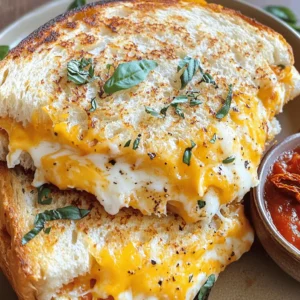 - 4 slices of sourdough bread - 2 tablespoons unsalted butter, softened - 1 cup sharp cheddar cheese, grated - 1/2 cup mozzarella cheese, grated - 1 tablespoon fresh basil, chopped (optional) - 1/2 teaspoon garlic powder - Salt and pepper to taste - 1/4 cup sun-dried tomatoes, chopped (optional) When making a grilled cheese sandwich, choose fresh ingredients. The bread forms the base, so I love using sourdough. Its crust gives a nice crunch. Butter adds rich flavor and helps achieve a golden color. Cheese is the star here. I recommend sharp cheddar for its tangy taste. Mixing it with mozzarella creates a gooey texture. You can add fresh basil for an herby kick. It brightens up the flavors. Garlic powder enhances taste without being overpowering. Sun-dried tomatoes add sweetness and depth. They’re optional but worth it! You can also play with salt and pepper to suit your taste. - Alternative bread options: white, whole wheat, or gluten-free - Cheese variations: fontina, gouda, or pepper jack - Optional add-ins: avocado, ham, or spinach If you want a different flavor, try other breads. White or whole wheat works well too. For gluten-free diets, look for suitable gluten-free bread. Cheese can vary too. Fontina or gouda brings a unique taste. Pepper jack adds heat. These choices help customize your sandwich. Don’t forget about add-ins! Avocado gives creaminess. Ham adds protein. Spinach boosts nutrition and color. Mix and match to create your perfect grilled cheese! For the full recipe, check out the detailed steps in the Cheesy Delight Grilled Sandwich section. 1. Preheat your skillet over medium heat. This step is key for even cooking. 2. Take your butter and spread a thin layer on one side of each slice of bread. This butter will create a nice crispy crust when grilled. 1. Place two slices of bread in the skillet, butter side down. 2. Evenly sprinkle the sharp cheddar and mozzarella cheese on top of the bread. 3. If you like, add optional ingredients like basil, garlic powder, sun-dried tomatoes, salt, and pepper. 4. Top with the remaining two slices of bread, this time butter side up. 1. Grill the sandwich for about 4-5 minutes. You want a golden brown crust. 2. Carefully flip the sandwich using a spatula. Cook the other side for another 4-5 minutes. This helps the cheese melt inside. 3. Once both sides are golden brown and crispy, remove the sandwich from the skillet. Let it cool for a minute before slicing. For the full recipe, be sure to check the earlier section! Enjoy your cheesy delight! Using medium heat is key for a perfect grilled cheese. If the heat is too high, the bread burns before the cheese melts. Medium heat lets the bread turn golden brown while the cheese gets gooey. This balance makes a tasty sandwich. To prevent burning while ensuring melty cheese, watch the sandwich closely. Start with one side down in the skillet. Flip it only when the bottom is golden. This way, you melt the cheese without overcooking the bread. Grilled cheese pairs well with soups and salads. A warm bowl of tomato soup is a classic match. The rich flavors blend nicely. You can also serve it with a fresh salad for a light meal. To make your serving look gourmet, cut the sandwiches diagonally. Place them on a fancy plate with a small bowl of marinara sauce for dipping. Adding fresh basil leaves as a garnish adds a pop of color. One common mistake is overloading the sandwich with fillings. While extra ingredients sound great, they can make the sandwich soggy. Stick to a few key flavors for the best texture. Another mistake is skipping the buttering step. Butter adds a rich flavor and helps the bread crisp up. Always spread a thin layer of softened butter on the outside of the bread slices. This small step makes a big difference in taste. For the full recipe, check out the Cheesy Delight Grilled Sandwich. Enjoy the comfort of this classic dish! {{image_2}} Mixing different cheeses can change your grilled cheese game. I love using sharp cheddar and mozzarella for a gooey texture. The cheddar brings a nice tang, while mozzarella adds stretch. You can also try gouda or fontina for a rich flavor. Pepper jack adds heat, which is fun for spice lovers. Try blending cheeses based on your mood. Here are some ideas: - Sharp Cheddar: Classic choice with a strong flavor. - Mozzarella: Great for that melt-in-your-mouth feel. - Gouda: Adds a sweet, nutty taste. - Fontina: Creamy and rich, perfect for indulgence. - Pepper Jack: Spicy twist for adventurous eaters. These combos can elevate your sandwich to something special. Adding fillings can make your grilled cheese even better. You can go sweet or savory. For sweet, fig jam or apple slices work wonders. They bring a nice contrast to the cheese. For savory, think bacon or roasted peppers. They add depth and flavor. You can also use fresh herbs for a seasonal twist. Basil, parsley, or thyme can brighten your sandwich. Here are some ideas: - Sweet Fillings: - Fig jam - Apple slices - Savory Fillings: - Crispy bacon - Roasted red peppers - Seasonal Variations: - Fresh herbs like basil or cilantro These fillings can turn a simple grilled cheese into a gourmet delight. You can make grilled cheese for everyone! For vegan or lactose-free options, use plant-based cheese. Brands like Daiya or Violife offer great choices. They melt well and taste good too. If you need gluten-free bread, look for brands that suit your needs. There are many types available. Here’s what you can use: - Vegan Cheese: Daiya, Violife, or homemade nut cheese. - Lactose-Free Cheese: Look for brands at your local store. - Gluten-Free Bread: Many options are available, like rice or almond flour bread. These adaptations help everyone enjoy this classic dish. To store leftover grilled cheese sandwiches, wrap them in foil or place them in an airtight container. This helps keep them fresh. You can also use parchment paper before wrapping to prevent sogginess. When you're ready to eat, reheat them in a skillet over medium heat. This way, the bread gets crispy again. Flip them once to warm the inside and crisp the outside. To freeze assembled sandwiches, first let them cool completely. Then wrap each sandwich in plastic wrap and place them in a freezer bag. Remove as much air as you can before sealing. To thaw, place the sandwich in the fridge overnight. For reheating, use a skillet or toaster oven for a nice crispy texture. Avoid using the microwave, as it can make the bread soggy. Grilled cheese sandwiches are best eaten fresh but can last in the fridge for up to three days. To keep them fresh, store them well. Look for signs of spoilage, like a sour smell or mold. If the bread feels stale or hard, it’s time to toss it. Always trust your senses when checking food freshness. The best cheese for grilled cheese is one that melts well. You want a cheese that gets gooey and stretchy. Here are some great options: - Cheddar: Sharp or mild, it adds great flavor. - Mozzarella: Super melty and pairs well with cheddar. - Fontina: Creamy and smooth, it melts like a dream. - Gouda: Smoky and rich, it gives a unique taste. Many chefs recommend using a mix of cheeses. This creates layers of flavor and texture in your sandwich. Combining different cheeses can make your grilled cheese even more special. Yes, you can make grilled cheese in a toaster! It’s easy and fun. Here’s how: 1. Butter the outside of your bread slices. 2. Place the cheese between the slices of bread. 3. Put the sandwich in a toaster bag or on a toaster rack. 4. Toast until golden brown. Safety tips: Watch the sandwich while it toasts. Make sure it doesn’t touch the heating element. This keeps your kitchen safe and your sandwich tasty. Making your grilled cheese healthier is simple! Here are some ideas: - Use whole grain bread: This adds fiber and nutrients. - Choose low-fat cheese: It can cut calories without losing flavor. - Add vegetables: Spinach, tomatoes, or avocados boost nutrition. You can swap out some butter for healthier fats like olive oil. This keeps the sandwich tasty while making it better for you. For a full recipe, check out the Cheesy Delight Grilled Sandwich. This blog post covers how to make the best grilled cheese sandwich. We explored key ingredients, tasty substitutions, and step-by-step instructions. I shared tips to prevent common mistakes and suggested flavor variations. Remember, a delicious grilled cheese comes from choosing good cheese and buttering your bread. Don't shy away from experimenting with fillings or cheeses. With simple adjustments, your grilled cheese can be even more delightful. Enjoy creating your perfect sandwich!