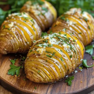 - 4 medium-sized russet potatoes - 4 tablespoons olive oil - 3 cloves garlic, minced - 1 teaspoon fresh rosemary, finely chopped - 1 teaspoon fresh thyme, finely chopped - 1 teaspoon sea salt - ½ teaspoon black pepper - ¼ cup grated parmesan cheese - Fresh parsley for garnish When I make Hasselback potatoes, I focus on fresh, simple ingredients. The russet potatoes are the star of the show. They have a fluffy inside and a crispy skin when cooked right. I choose medium-sized ones for even cooking. Olive oil adds richness. I use minced garlic for a strong flavor boost. Fresh herbs like rosemary and thyme create a fragrant aroma. Sea salt and black pepper enhance all the tastes. For a cheesy touch, I sprinkle grated parmesan on top before baking. It melts and forms a crispy layer. Fresh parsley adds color and a fresh taste when serving. If you're ready to dive into the full recipe, it guides you step-by-step through the process. Each ingredient plays a role in achieving that perfect crispy and flavorful bite. - Preheat your oven to 425°F (220°C). - Rinse and dry the russet potatoes. Start by washing the potatoes under cold water. This step removes any dirt. Once clean, dry them with a towel. Dry potatoes will crisp better during baking. - How to slice potatoes Hasselback style - Tips for even slicing without cutting through To slice the potatoes, place each one on a cutting board. Use a sharp knife. Cut thin slices, about ¼ inch apart, but stop ¼ inch from the bottom. This keeps the potato in one piece. You can use two chopsticks on either side of the potato. They will help guide your knife and prevent cutting all the way through. - Making the herb-infused oil mixture - Applying the oil mixture to the potatoes - Baking time and temperature details In a bowl, mix the olive oil, minced garlic, rosemary, thyme, sea salt, and black pepper. This blend will infuse the potatoes with flavor. Use a brush to spread the mixture over the potatoes. Make sure to get some oil between the slices. Sprinkle grated parmesan cheese on top. It will melt into the cuts and add a delicious touch. Place the potatoes on a lined baking sheet. Bake them for 45-50 minutes. Look for a golden-brown color and a crispy outside. The inside should be soft and tender. Enjoy the amazing flavors of your Hasselback potatoes! For the complete recipe, check the [Full Recipe]. To get that perfect crispy exterior, you need a few key factors. Start with russet potatoes; they have the right starch to get crispy. Slice them evenly, about ¼ inch apart, but don’t cut all the way through. This keeps them together. Spacing between the slices is crucial. It allows heat to circulate and crisp up each layer. Brush your potatoes well with oil. I recommend using olive oil for its rich flavor. Don’t be shy! Make sure some oil gets between the slices too. This helps the insides cook nicely while the outside gets crispy. For added flavor, think about your seasonings. Fresh herbs like rosemary and thyme elevate the taste. You can also use garlic for a punch. Simply mince it and mix it in with the oil. Cheese is another great option. Grated parmesan adds a lovely salty bite. Sprinkle it over the potatoes before baking. You can even add some spicy paprika for a kick. Be creative with your flavor choices! When serving your Hasselback potatoes, the way you arrange them matters. Place them on a nice platter to show off their beauty. Drizzle a bit of olive oil on top for a shiny finish. Then, sprinkle fresh parsley for a pop of color. For an extra touch, serve with a dollop of sour cream or yogurt. It adds creaminess and balances the crispy texture. These small details make the dish even more inviting. Enjoy your crispy and flavorful Hasselback potatoes! For the full recipe, check out the detailed instructions above. {{image_2}} If you're looking for vegan and gluten-free Hasselback potatoes, it's simple! You can swap olive oil for avocado oil. This oil has a nice flavor and is also healthy. For cheese lovers, try nutritional yeast instead of parmesan. It gives a cheesy taste without dairy. You can also add some vegan butter to make them rich and tasty. You can play with flavors to make your Hasselback potatoes unique. For a spicy kick, add paprika or chili powder to the oil mix. Smoky flavors come from smoked paprika or cumin. Fresh herbs like dill or basil can also change the taste. Mix up your herbs and spices to create a new dish every time! Hasselback potatoes pair well with many dishes. Grilled chicken is a great protein choice. The crispy potatoes complement juicy chicken perfectly. You can also serve them with a fresh salad. A green salad with cherry tomatoes and a light vinaigrette works well. Roasted veggies on the side add color and nutrition too. For the full recipe, check out the section above! To keep your Hasselback potatoes fresh, allow them to cool first. Then, place them in an airtight container. This helps keep moisture in and prevents drying out. You can store them in the fridge for up to three days. Use a glass or plastic container with a tight lid for best results. When reheating, I recommend using the oven. Set it to 350°F (175°C) for even heating. Place the potatoes on a baking sheet. Reheat them for about 15-20 minutes. This method helps keep the skin crispy and the inside soft. To avoid sogginess, do not cover them. Just let them crisp back up in the oven. You can freeze Hasselback potatoes, but they may lose some texture. To freeze, let them cool completely. Wrap each potato in plastic wrap, then place them in a freezer bag. Squeeze out as much air as possible. When ready to eat, thaw them in the fridge overnight. Reheat in the oven for the best taste. To cut Hasselback potatoes safely, use a sharp knife and a cutting board. Place a wooden spoon or chopsticks on each side of the potato. This prevents you from cutting all the way through. Slice the potato every ¼ inch. Stop when the knife hits the spoon or chopsticks. This method keeps the potato intact while giving it those lovely, even slices. Yes, you can use different potatoes! While russet potatoes are the best choice for their texture, you can also try Yukon Golds or red potatoes. Each type gives a unique flavor and texture. Yukon Golds are creamy, while red potatoes are waxy. Experiment with these varieties to find your favorite. Hasselback potatoes pair well with many sauces. Here are some popular choices: - Sour cream with chives - Garlic aioli - Spicy ketchup - Ranch dressing - Homemade herb dip For a homemade option, mix Greek yogurt with lemon juice, garlic, and fresh herbs. This adds a nice zing to your crispy potatoes! Hasselback potatoes are simple yet rewarding. We covered the main ingredients and step-by-step instructions. Tips for crispiness and flavor enhancements help you succeed. You can explore variations and even serve vegan options. Don’t forget storage and reheating tips for leftovers. Enjoy these delicious potatoes with your favorite proteins or salads. Now, it’s time for you to try this yummy recipe!