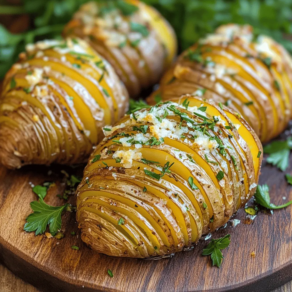 - 4 medium-sized russet potatoes - 4 tablespoons olive oil - 3 cloves garlic, minced - 1 teaspoon fresh rosemary, finely chopped - 1 teaspoon fresh thyme, finely chopped - 1 teaspoon sea salt - ½ teaspoon black pepper - ¼ cup grated parmesan cheese - Fresh parsley for garnish When I make Hasselback potatoes, I focus on fresh, simple ingredients. The russet potatoes are the star of the show. They have a fluffy inside and a crispy skin when cooked right. I choose medium-sized ones for even cooking. Olive oil adds richness. I use minced garlic for a strong flavor boost. Fresh herbs like rosemary and thyme create a fragrant aroma. Sea salt and black pepper enhance all the tastes. For a cheesy touch, I sprinkle grated parmesan on top before baking. It melts and forms a crispy layer. Fresh parsley adds color and a fresh taste when serving. If you're ready to dive into the full recipe, it guides you step-by-step through the process. Each ingredient plays a role in achieving that perfect crispy and flavorful bite. - Preheat your oven to 425°F (220°C). - Rinse and dry the russet potatoes. Start by washing the potatoes under cold water. This step removes any dirt. Once clean, dry them with a towel. Dry potatoes will crisp better during baking. - How to slice potatoes Hasselback style - Tips for even slicing without cutting through To slice the potatoes, place each one on a cutting board. Use a sharp knife. Cut thin slices, about ¼ inch apart, but stop ¼ inch from the bottom. This keeps the potato in one piece. You can use two chopsticks on either side of the potato. They will help guide your knife and prevent cutting all the way through. - Making the herb-infused oil mixture - Applying the oil mixture to the potatoes - Baking time and temperature details In a bowl, mix the olive oil, minced garlic, rosemary, thyme, sea salt, and black pepper. This blend will infuse the potatoes with flavor. Use a brush to spread the mixture over the potatoes. Make sure to get some oil between the slices. Sprinkle grated parmesan cheese on top. It will melt into the cuts and add a delicious touch. Place the potatoes on a lined baking sheet. Bake them for 45-50 minutes. Look for a golden-brown color and a crispy outside. The inside should be soft and tender. Enjoy the amazing flavors of your Hasselback potatoes! For the complete recipe, check the [Full Recipe]. To get that perfect crispy exterior, you need a few key factors. Start with russet potatoes; they have the right starch to get crispy. Slice them evenly, about ¼ inch apart, but don’t cut all the way through. This keeps them together. Spacing between the slices is crucial. It allows heat to circulate and crisp up each layer. Brush your potatoes well with oil. I recommend using olive oil for its rich flavor. Don’t be shy! Make sure some oil gets between the slices too. This helps the insides cook nicely while the outside gets crispy. For added flavor, think about your seasonings. Fresh herbs like rosemary and thyme elevate the taste. You can also use garlic for a punch. Simply mince it and mix it in with the oil. Cheese is another great option. Grated parmesan adds a lovely salty bite. Sprinkle it over the potatoes before baking. You can even add some spicy paprika for a kick. Be creative with your flavor choices! When serving your Hasselback potatoes, the way you arrange them matters. Place them on a nice platter to show off their beauty. Drizzle a bit of olive oil on top for a shiny finish. Then, sprinkle fresh parsley for a pop of color. For an extra touch, serve with a dollop of sour cream or yogurt. It adds creaminess and balances the crispy texture. These small details make the dish even more inviting. Enjoy your crispy and flavorful Hasselback potatoes! For the full recipe, check out the detailed instructions above. {{image_2}} If you're looking for vegan and gluten-free Hasselback potatoes, it's simple! You can swap olive oil for avocado oil. This oil has a nice flavor and is also healthy. For cheese lovers, try nutritional yeast instead of parmesan. It gives a cheesy taste without dairy. You can also add some vegan butter to make them rich and tasty. You can play with flavors to make your Hasselback potatoes unique. For a spicy kick, add paprika or chili powder to the oil mix. Smoky flavors come from smoked paprika or cumin. Fresh herbs like dill or basil can also change the taste. Mix up your herbs and spices to create a new dish every time! Hasselback potatoes pair well with many dishes. Grilled chicken is a great protein choice. The crispy potatoes complement juicy chicken perfectly. You can also serve them with a fresh salad. A green salad with cherry tomatoes and a light vinaigrette works well. Roasted veggies on the side add color and nutrition too. For the full recipe, check out the section above! To keep your Hasselback potatoes fresh, allow them to cool first. Then, place them in an airtight container. This helps keep moisture in and prevents drying out. You can store them in the fridge for up to three days. Use a glass or plastic container with a tight lid for best results. When reheating, I recommend using the oven. Set it to 350°F (175°C) for even heating. Place the potatoes on a baking sheet. Reheat them for about 15-20 minutes. This method helps keep the skin crispy and the inside soft. To avoid sogginess, do not cover them. Just let them crisp back up in the oven. You can freeze Hasselback potatoes, but they may lose some texture. To freeze, let them cool completely. Wrap each potato in plastic wrap, then place them in a freezer bag. Squeeze out as much air as possible. When ready to eat, thaw them in the fridge overnight. Reheat in the oven for the best taste. To cut Hasselback potatoes safely, use a sharp knife and a cutting board. Place a wooden spoon or chopsticks on each side of the potato. This prevents you from cutting all the way through. Slice the potato every ¼ inch. Stop when the knife hits the spoon or chopsticks. This method keeps the potato intact while giving it those lovely, even slices. Yes, you can use different potatoes! While russet potatoes are the best choice for their texture, you can also try Yukon Golds or red potatoes. Each type gives a unique flavor and texture. Yukon Golds are creamy, while red potatoes are waxy. Experiment with these varieties to find your favorite. Hasselback potatoes pair well with many sauces. Here are some popular choices: - Sour cream with chives - Garlic aioli - Spicy ketchup - Ranch dressing - Homemade herb dip For a homemade option, mix Greek yogurt with lemon juice, garlic, and fresh herbs. This adds a nice zing to your crispy potatoes! Hasselback potatoes are simple yet rewarding. We covered the main ingredients and step-by-step instructions. Tips for crispiness and flavor enhancements help you succeed. You can explore variations and even serve vegan options. Don’t forget storage and reheating tips for leftovers. Enjoy these delicious potatoes with your favorite proteins or salads. Now, it’s time for you to try this yummy recipe!