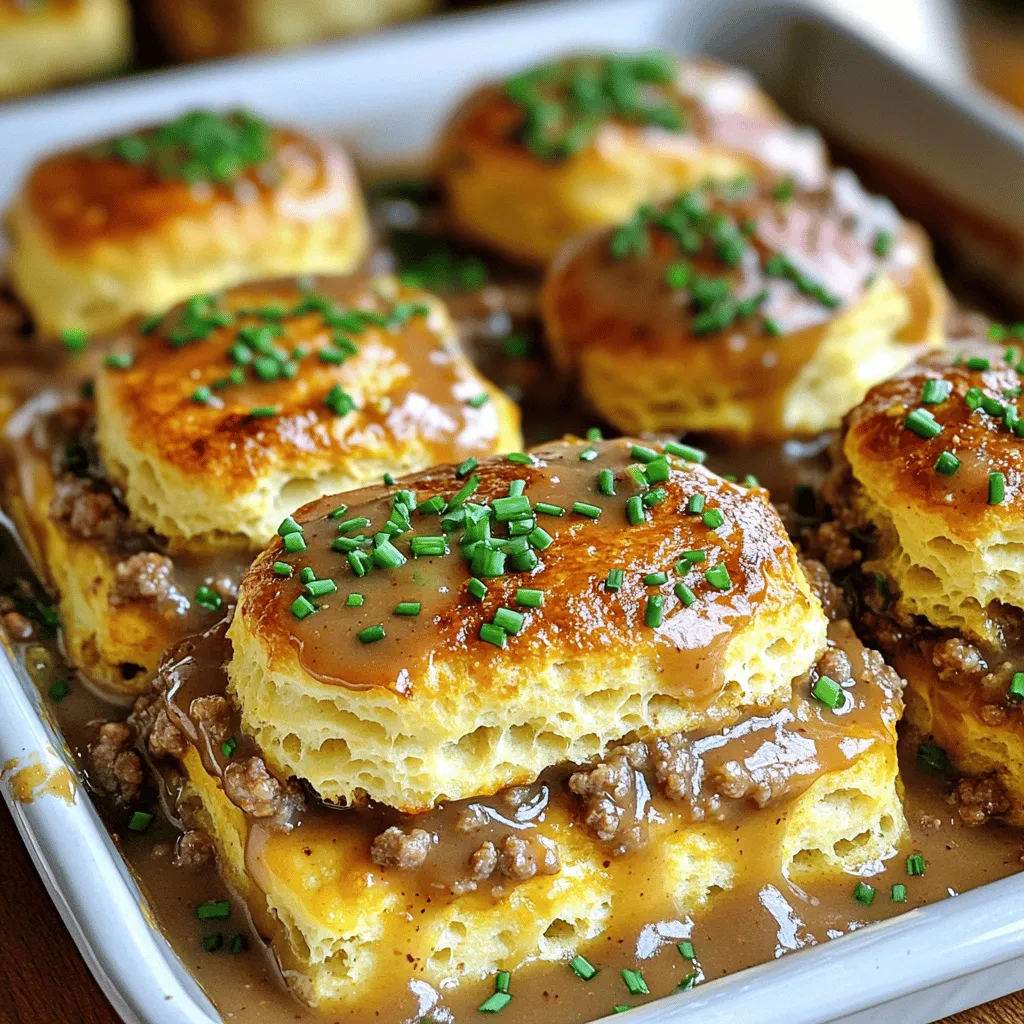 - 1 package (16 oz) refrigerated biscuit dough - 1 pound breakfast sausage (preferably spicy) - 1/4 cup all-purpose flour - 2 cups milk - 1/2 teaspoon garlic powder - 1/2 teaspoon onion powder - 1/2 teaspoon black pepper - 1 teaspoon salt - 4 large eggs - 1 cup shredded cheddar cheese - Fresh chives or parsley for garnish (optional) I love using these fresh and simple ingredients to make my biscuits and gravy breakfast casserole. The biscuit dough gives a soft base, while the spicy sausage packs in the flavor. Flour and milk create a rich gravy that pairs perfectly with the eggs and cheese. Together, these ingredients make a tasty dish that is both filling and comforting. - Additional spices (e.g., cayenne pepper for heat) - Different cheeses (e.g., pepper jack or mozzarella) - Vegetables (e.g., bell peppers or spinach) Feel free to mix in some optional ingredients to make it your own. A touch of cayenne can add a nice kick. You can switch up the cheese, too. If you want extra veggies, bell peppers or spinach work great. These little tweaks can elevate your casserole and surprise your taste buds. For the full recipe, refer to the [Full Recipe]. 1. Preheat the oven to 350°F (175°C). This will make sure the casserole cooks evenly. 2. In a large skillet, brown the sausage over medium heat. Break it into small pieces as it cooks. Cook it until it is no longer pink. 1. After the sausage is cooked, sprinkle the flour over it. Stir to combine, cooking for 1-2 minutes. This helps to toast the flour. 2. Gradually pour in the milk while stirring. This keeps lumps from forming. Add the garlic powder, onion powder, black pepper, and salt. Cook until the mixture thickens, which takes about 5-7 minutes. Then remove it from the heat. 3. In a large bowl, whisk the eggs until fully beaten. Add the shredded cheddar cheese and gently fold it in. 4. Cut the biscuit dough into quarters. Add it to the egg and cheese mixture. Stir until just combined. 1. Grease a 9x13 inch baking dish. Pour half of the biscuit mixture into the bottom. 2. Layer the sausage gravy over the biscuit mixture. 3. Top with the rest of the biscuit mixture, spreading it evenly. 4. Bake in your preheated oven for 25-30 minutes. Look for a golden brown color to know it is done. For the complete guide, check out the Full Recipe. Enjoy this hearty meal! To get the perfect gravy consistency, start by cooking the sausage well. Brown it until it’s fully cooked. After that, add flour, stirring for a few minutes. Then, stir in milk slowly. This helps avoid lumps. Cook the mixture until it thickens, about 5-7 minutes. If it’s too thick, add a bit more milk. Letting the casserole cool before serving is key. This allows the layers to set. If you cut it too soon, it may fall apart. A few minutes of patience makes a big difference for perfect slices. When plating your Biscuits and Gravy Breakfast Casserole, cut it into squares. Serve it warm for the best taste. Drizzle extra sausage gravy on top for a delicious touch. Fresh herbs like chives or parsley can add color and flavor. For side dishes, consider fresh fruit or breakfast potatoes. These add freshness and balance to your meal. A nice fruit salad pairs well and adds a bright touch to your plate. One mistake to avoid is overcooking the biscuits. Keep an eye on the casserole while it bakes. You want them golden brown but not dry. Another common issue is not seasoning the sausage properly. Taste the gravy mixture before baking. You can add more salt or pepper if needed. This helps the flavors shine in your casserole. For a complete guide, check out the Full Recipe. {{image_2}} You can easily switch up the meats in this dish. Try using turkey sausage for a leaner option. If you want a vegetarian meal, use a plant-based sausage. Both options taste great and fit well with the gravy. For those who need gluten-free options, look for gluten-free biscuit dough. Many brands offer tasty choices. You can still enjoy this dish without the gluten! If you crave a kick, go for a Southwest twist. Add diced jalapeños and pepper jack cheese to the gravy. This gives your casserole a spicy flair that wakes up your taste buds. For a fresh Italian vibe, add spinach and mozzarella cheese. The spinach adds color and nutrients, while the mozzarella brings a creamy texture. Both options make this dish exciting and unique. Think about how you want to serve this casserole. You can make it family-style in a big dish or serve it in individual portions. Cutting it into squares gives everyone their own piece. Garnishing makes a big difference. Fresh herbs like chives or parsley add color and flavor. You can drizzle extra gravy on top for a tasty touch. These small changes make your casserole look as good as it tastes. After enjoying your Biscuits and Gravy Breakfast Casserole, let it cool. This step helps keep the texture. Place the leftovers in an airtight container. Glass containers work well, but plastic ones are fine too. Store them in the fridge for up to three days. To reheat, you have two options: the oven or the microwave. For the oven, preheat it to 350°F (175°C). Place the casserole in a baking dish and cover it with foil. Heat for about 15-20 minutes, or until warm. The microwave is quicker. Use a microwave-safe dish and cover it loosely. Heat for about 1-2 minutes, checking often. This keeps the casserole moist and tasty. If you want to save some for later, freezing works great. Allow the casserole to cool completely. Cut it into squares, and wrap each piece in plastic wrap. Then, place them in a freezer-safe bag. This way, you can grab one when needed. To thaw, move it to the fridge overnight. Bake it at 350°F (175°C) for 20-25 minutes. Enjoy this delicious meal anytime, even from frozen! For the full recipe, check out the link. Yes, you can prepare this casserole the night before. First, make the sausage gravy and biscuit mixture as usual. After mixing, store them in the fridge overnight. In the morning, simply layer the biscuit mixture and gravy in your baking dish. Bake it as directed, and enjoy a hot meal with no fuss. This method saves time and makes for a stress-free morning. Yes, frozen biscuits work great in this recipe. Just follow the package instructions for baking. If you use frozen biscuits, bake them first and then cut them into pieces for the casserole. This keeps the biscuits light and fluffy. You can also use refrigerated dough if you prefer a quicker option. This casserole pairs well with fresh fruit, like berries or melons. A side of crispy breakfast potatoes adds a nice crunch. For drinks, consider coffee or fresh juice. These options create a balanced breakfast that everyone will love. Enjoy your meal with a side that complements the rich flavors of the casserole. This Biscuits and Gravy Breakfast Casserole is a tasty choice for any morning. It combines savory sausage, fluffy biscuits, and creamy gravy for a crowd-pleaser. You can spice it up or change the cheese to fit your taste. Remember, let it cool before serving for the best texture. With simple steps for prep and cooking, you’ll impress everyone. Enjoy leftovers by storing them right, and know you can even freeze it for a busy day. This dish is sure to brighten your breakfast table.