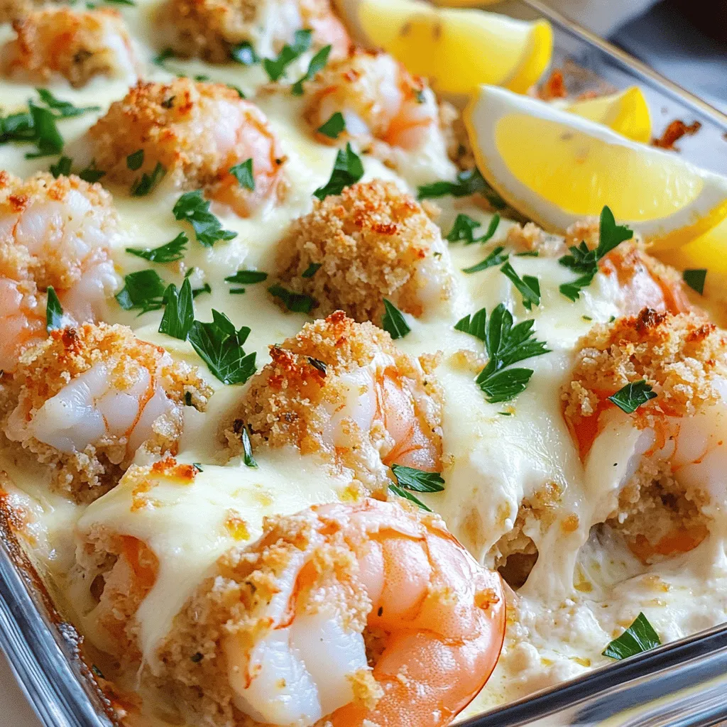 - 1 lb large shrimp, peeled and deveined - 1 cup bread crumbs - 1/2 cup cream cheese, softened - 1/4 cup grated Parmesan cheese - 1/4 cup chopped fresh parsley These ingredients create a rich and tasty base for our casserole. The shrimp provides that lovely seafood flavor, while the cream cheese and Parmesan add a creamy, cheesy texture. Bread crumbs help bind everything together and give a nice crunch. - 2 cloves garlic, minced - 1 teaspoon lemon juice - 1/2 teaspoon paprika - 1/2 teaspoon black pepper - 1/4 teaspoon salt - 1/2 cup shredded mozzarella cheese for topping - 2 tablespoons olive oil These seasonings are key to bringing the dish to life. Garlic gives it a wonderful aroma, and lemon juice brightens the flavors. Paprika and black pepper add a hint of spice, while mozzarella on top makes it deliciously cheesy. - Casserole dish - Mixing bowls - Baking sheet Having the right equipment makes cooking easier. A casserole dish holds everything together. Mixing bowls are great for combining your ingredients. Lastly, a baking sheet helps catch any drips while baking. For the full recipe, check out the details above. Happy cooking! - Preheat the oven to 375°F (190°C). - In a large mixing bowl, combine the bread crumbs, cream cheese, Parmesan cheese, parsley, minced garlic, lemon juice, paprika, black pepper, and salt. Mix until everything is well combined. This step is key. You want to blend the flavors well. The cream cheese adds a nice creaminess and the spices give it a boost. - Add the peeled and deveined shrimp to the bowl with the stuffing mixture. Gently fold the shrimp into the mixture until they are evenly coated. - Grease a medium-sized casserole dish with olive oil. Pour the shrimp and stuffing mixture into the dish, spreading it out evenly. It’s important to coat the shrimp well. This ensures every bite is packed with flavor. You can use a spatula to help mix gently. - Sprinkle shredded mozzarella cheese evenly over the top of the casserole. - Bake in the preheated oven for 25-30 minutes or until the shrimp are cooked through and the top is golden brown and bubbly. The cheese gets melty and bubbly, creating a nice crust. This step makes the dish look inviting and delicious. You can check for doneness by looking for a golden top. Now, you're ready to enjoy a comforting meal that’s both savory and simple. For the full recipe, check out the details above. - Use fresh shrimp for better flavor. Fresh shrimp taste sweeter and juicier. - Adjust seasonings to taste. Everyone has different preferences, so feel free to tweak. - Garnish with fresh parsley. It adds color and freshness to the dish. - Serve with lemon wedges. The bright acidity complements the rich flavors. - Consider adding different types of seafood. Crab or scallops can add variety and depth. - Explore various cheese options for topping. Try goat cheese or cheddar for a unique twist. {{image_2}} For a lighter twist on baked stuffed shrimp casserole, consider these ideas: - Substituting low-fat cream cheese: This change reduces calories without losing flavor. - Incorporating vegetables like spinach or bell peppers: Adding veggies boosts nutrients and adds color. To elevate the taste, try these flavorful options: - Experimenting with different spices: Add cayenne for heat or oregano for an herbaceous touch. - Adding chopped sun-dried tomatoes: This adds a sweet and tangy flavor that pairs well with shrimp. If you have special dietary needs, these adjustments work well: - Gluten-free bread crumbs option: Use ground almonds or gluten-free bread to keep it safe for gluten-sensitive eaters. - Vegan alternatives for cream cheese and shrimp: Try cashew cream for a vegan option and replace shrimp with marinated tofu or chickpeas. Feel free to get creative! Each variation can make your dish unique. For the full recipe, check out the details above. To store leftovers in the fridge, let the casserole cool first. Cover it tightly with plastic wrap or aluminum foil. You can also place it in an airtight container. This helps keep the flavors fresh. I suggest using a shallow container to cool it down faster. To freeze the casserole, first, let it cool completely. Then, wrap it tightly in plastic wrap and aluminum foil. You can also use a freezer-safe container. When you want to enjoy it later, thaw it in the fridge overnight. Reheat it in the oven at 350°F (175°C) until hot. In the fridge, the casserole lasts about 3 to 4 days. If frozen, it can stay good for up to 3 months. Always check for signs of spoilage before eating. Proper storage keeps your baked stuffed shrimp casserole tasty and safe! You can tell shrimp are cooked when they turn pink and opaque. The shrimp should curl into a C shape. If they look gray or translucent, they need more time. Cooked shrimp should feel firm to the touch. Overcooked shrimp become tough and rubbery, so keep an eye on them. Perfectly cooked shrimp are juicy and tender, making them a delight to eat. Yes, you can prepare this dish in advance. You can mix the stuffing and shrimp the night before. Store it in the fridge until you're ready to bake. This saves time on busy days. If you want to freeze it, assemble the casserole, cover it well, and freeze. Just remember to thaw it in the fridge before baking. This makes serving easy and fun! A few great side dishes go well with this casserole. You can serve a fresh salad with lemon vinaigrette. Steamed green beans or asparagus add a nice crunch. Garlic bread is also a tasty choice, perfect for soaking up the sauce. For a heartier meal, consider a light pasta with olive oil and herbs. These sides balance the rich flavors of the casserole. Yes, you can use frozen shrimp for this dish. Just make sure to thaw them properly first. Place the shrimp in the fridge overnight or run them under cold water for 10-15 minutes. Once thawed, peel and devein them as needed. Frozen shrimp can work well, but fresh shrimp usually taste better. If you use frozen shrimp, ensure they are well-drained before mixing with the stuffing. In this article, we explored how to make a delicious baked stuffed shrimp casserole. We discussed key ingredients, step-by-step instructions, and helpful tips for success. I shared ways to enhance flavor and even healthier alternatives. This dish is easy to prepare and perfect for any gathering. Remember, fresh shrimp and a few spices can elevate your meal. You can store leftovers or even freeze the casserole for later. Enjoy your cooking adventure and impress your family and friends with this tasty dish!