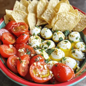 - Cherry tomatoes - Fresh basil leaves - Fresh mozzarella balls - Balsamic glaze - Extra virgin olive oil - Garlic powder - Salt and pepper - Tortilla chips - Toasted baguette slices To make the best Caprese dip, you need fresh and vibrant ingredients. First, grab some cherry tomatoes. These small, sweet gems are the base of our dish. They add juiciness and color. Next, we’ll need fresh basil leaves. Their bright flavor adds a fragrant twist. For the creamy part, choose fresh mozzarella balls. They give our dip a rich texture. You can find these at most grocery stores. The smoothness of the cheese pairs well with the tomatoes. Now let’s talk about flavor enhancers. Balsamic glaze is a must. It brings a sweet tang that elevates the dish. Extra virgin olive oil adds a fruity note and richness. Just a tablespoon will do. A sprinkle of garlic powder adds depth without overpowering the other flavors. Lastly, add salt and pepper to taste. These simple spices balance the dip perfectly. When it comes to serving, think about what you like. Tortilla chips add a nice crunch. They are perfect for dipping. Alternatively, toasted baguette slices work wonderfully for scooping. For the full recipe, check out the Caprese Dip Delight. You’ll love how easy this is to make! - Halve cherry tomatoes and mozzarella balls. - Chop fresh basil leaves. Start by taking your cherry tomatoes. Cut them in half. This step helps release their juicy flavor. Next, take your mozzarella balls. Halve them just like the tomatoes. This creates a nice balance of flavors. Finally, chop your fresh basil leaves. The basil adds a fragrant touch to your dip. - Mixing bowl assembly. Now, grab a mixing bowl. Add the halved cherry tomatoes, halved mozzarella, and chopped basil leaves. This is where the magic happens. The colors alone make this dish pop! - Drizzle with oil and glaze. - Toss gently and serve. Next, drizzle the extra virgin olive oil over your mix. Follow this with balsamic glaze. These will enhance the taste of your dip. Add garlic powder, salt, and pepper to season. Now, gently toss the ingredients together. Be careful not to squish the tomatoes or mozzarella. Once mixed, transfer the dip to a serving dish. For a lovely finish, drizzle some extra balsamic glaze on top. Serve right away with tortilla chips or toasted baguette slices. Enjoy this fresh and flavorful appetizer delight! Choosing ripe tomatoes is key for taste. Look for tomatoes that feel firm but slightly soft. They should have rich color and a strong aroma. Quality mozzarella makes a big difference too. Opt for fresh mozzarella balls packed in water. This keeps them soft and moist, enhancing the dip. Arrange your Caprese dip to impress. Use a shallow bowl to show off the colors. Start with a layer of tomatoes, then add mozzarella and basil. Drizzle balsamic glaze on top for a shiny finish. You can add a sprig of basil for a pop of green. Serve with tortilla chips or toasted baguette slices for a fun twist. Overmixing is a common mistake. Mix just enough to combine the flavors without breaking the cheese. Also, don’t skip marination time. Allowing the dip to sit for a few minutes helps the flavors meld. This makes each bite taste even better. For the full recipe, check out the Caprese Dip Delight. {{image_2}} You can make Caprese dip your own by adding fun ingredients. Try mixing in pesto for a herby kick. Olives add a salty punch that brings new life to the dip. You can also change the cheese. Feta adds a tangy flavor, while goat cheese offers creaminess. Both are great options for a twist. You can easily adjust this dip for different diets. For a gluten-free option, serve it with fresh veggies or gluten-free chips. If you want a vegan dip, swap the mozzarella with vegan cheese. You can also use cashew cream for a rich texture without dairy. Using seasonal ingredients can bring fresh flavors to your Caprese dip. In summer, add diced cucumbers or bell peppers for crunch. In fall, roasted squash can add warmth. You can also change the herbs based on what’s fresh. Try using mint or dill for unique tastes. For the full recipe, check out the Caprese Dip Delight section. To store leftover Caprese dip, place it in an airtight container. This keeps it fresh. Make sure to cover the top well. The dip lasts up to three days in the fridge. If you see any moisture, drain it before serving again. You can freeze Caprese dip, but keep in mind that it may change texture. To freeze it, use a freezer-safe container. Leave some space at the top for expansion. When ready to use, thaw it in the fridge overnight. Reheating Caprese dip is not the best option. It tastes best fresh. If you must reheat, do so gently. Use a microwave or a stovetop. Heat it slowly to keep the flavors bright and fresh. Caprese dip is a fresh and tasty mix of tomatoes, cheese, and basil. This dish has bright flavors that remind you of summer. You use sweet cherry tomatoes and creamy mozzarella. The dish gets a punch from fresh basil and a drizzle of balsamic glaze. It is light, refreshing, and perfect for gatherings or snacks. Yes, you can prep Caprese dip ahead of time. Chop the tomatoes, mozzarella, and basil earlier in the day. Mix them in a bowl and add olive oil and glaze just before serving. This keeps the flavors fresh. If you make it too early, the dip may get watery. So, save the mixing for closer to when you want to serve it. Caprese dip pairs well with crunchy tortilla chips or toasted baguette slices. Both options let you scoop the dip easily. You can also serve it with fresh veggies like cucumber or bell peppers. This adds a nice crunch and extra nutrition. Enjoy it at parties, picnics, or just a night in! For the full recipe, check out the Caprese Dip Delight section above. This blog covers how to make a delicious Caprese dip. You learned about the fresh ingredients, from cherry tomatoes to mozzarella. We shared easy step-by-step instructions for mixing and serving. I included tips to make your dip perfect, plus fun variations and storage info. Enjoy creating your Caprese dip! It’s a tasty treat everyone will love. Remember to use quality ingredients for the best flavor. Happy dipping!