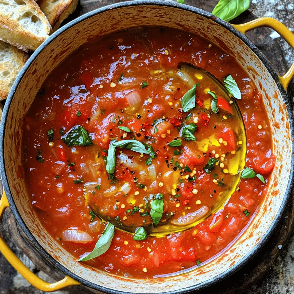 To make a great Pomodoro sauce, you need ripe, tasty tomatoes. I love using: - 2 pounds ripe tomatoes (Roma or San Marzano), roughly chopped - 1 medium onion, finely chopped - 4 cloves garlic, minced - 1/4 cup extra virgin olive oil - Salt and pepper to taste - 1/4 cup fresh basil leaves, chopped (plus extra for garnish) - 1 teaspoon dried oregano These fresh ingredients create a rich flavor. The tomatoes form the base. The onion and garlic add sweetness and depth. The olive oil brings richness. The herbs brighten the sauce. You can adjust the sauce to suit your taste. Consider adding: - 1 teaspoon sugar (optional, to balance acidity) - 1/4 teaspoon red pepper flakes (optional for heat) The sugar helps balance the tomatoes’ acidity. Red pepper flakes add a lovely kick. Use these as you see fit. To make cooking easier, gather these tools: - A large pot - A wooden spoon - A knife and cutting board - An immersion blender (if you prefer a smooth sauce) Having the right tools makes your cooking experience smooth. A large pot gives you space to stir and simmer. A wooden spoon is great for mixing. The immersion blender helps create the texture you want. For the full recipe, check out the Pomodoro Bliss section! First, gather your ingredients. You will need ripe tomatoes, an onion, garlic, olive oil, and spices. Wash the tomatoes well and chop them roughly. Peel and finely chop the onion. Mince the garlic cloves, too. This prep takes about 10 minutes. Next, heat olive oil in a large pot over medium heat. Add the chopped onion and cook it for about five minutes. You want it to look soft and clear. After that, add minced garlic and cook for one to two minutes. Be careful not to burn it. Then, stir in the chopped tomatoes. Bring this mix to a gentle boil. Once it boils, lower the heat. Add sugar, salt, pepper, oregano, and red pepper flakes if you want some heat. Let the sauce cook for 30 to 35 minutes. Stir it now and then. You will notice it thickening as it cooks, and the flavors will blend beautifully. When the sauce is ready, remove it from the heat. Stir in the fresh basil leaves for great flavor. If you like a smoother sauce, use an immersion blender. Blend it gently until you reach your desired texture. You can serve this sauce over pasta or as a dip for bread. For a lovely touch, garnish your dish with more fresh basil and a drizzle of olive oil. For the full recipe, check out the Pomodoro Bliss section above. To make your Pomodoro sauce shine, focus on your tomatoes. Choose ripe, juicy ones. Roma and San Marzano tomatoes bring natural sweetness. These types give the sauce a rich taste. When cooking, add fresh basil near the end. This keeps its bright flavor. A pinch of sugar can help balance acidity. Taste as you go and adjust salt and pepper. This ensures each bite is perfect. For a smooth sauce, blend it after cooking. An immersion blender works great for this. If you want a chunkier sauce, skip blending. You can also add a splash of pasta water. This helps the sauce cling to your pasta. For creaminess, stir in a touch of heavy cream. You can also use grated cheese for added richness. One common mistake is overcooking garlic. It can turn bitter if burnt. Always add it after the onion is soft. Also, don't rush the simmering time. Letting the sauce cook longer allows flavors to deepen. Avoid using canned tomatoes as your main ingredient. Fresh tomatoes yield the best taste. Lastly, don’t forget to taste! Adjusting as you go is key to a great sauce. For a complete recipe, check the Full Recipe section. {{image_2}} Classic Pomodoro sauce is simple and pure. It shines with fresh tomatoes, garlic, and basil. The key is using ripe tomatoes. Roma or San Marzano work best. This sauce is perfect over pasta. You can also use it as a base for other dishes. Want some heat? Try spicy Pomodoro. Just add red pepper flakes. You can adjust the amount. Start with 1/4 teaspoon for mild heat. For more spice, add more flakes. This sauce pairs great with spicy sausage or grilled chicken. It adds a nice kick to any dish. Add veggies for a healthy twist. Chop bell peppers, zucchini, or mushrooms. Sauté them with onions and garlic. This adds texture and flavor. You can use any vegetables you like. This version is great over whole grain pasta. It makes your meal colorful and nutritious. For a full recipe, check out Pomodoro Bliss. Enjoy exploring these tasty variations! After making your Pomodoro sauce, let it cool first. Once cool, you can store it in a clean jar. Seal it tightly and place it in the fridge. This sauce lasts about five days in the refrigerator. Always check for any off smells before using. If it smells fine, you can enjoy it again. If you want to keep your Pomodoro sauce longer, freezing is a great option. Pour the sauce into freezer-safe bags or containers. Leave some space at the top for expansion. Label each bag with the date for easy tracking. Your sauce can stay fresh for up to three months in the freezer. When ready to use, thaw overnight in the fridge. To reheat, you have a few options. You can use a pot on the stove over low heat. Stir often to prevent sticking. You can also use a microwave-safe bowl. Cover it and heat in short bursts, stirring in between. Make sure it’s hot all the way through before serving. Enjoy your sauce with pasta or as a dip! For the full recipe, check out the details above. Pomodoro sauce is simple and fresh. It uses: - 2 pounds ripe tomatoes (Roma or San Marzano), roughly chopped - 1 medium onion, finely chopped - 4 cloves garlic, minced - 1/4 cup extra virgin olive oil - 1 teaspoon sugar (optional, to balance acidity) - Salt and pepper to taste - 1/4 cup fresh basil leaves, chopped (plus extra for garnish) - 1 teaspoon dried oregano - 1/4 teaspoon red pepper flakes (optional for heat) These ingredients come together to create a vibrant sauce. The tomatoes bring sweetness, while the garlic adds depth. Fresh basil gives a nice aroma. To make your Pomodoro sauce less acidic, you can add sugar. Start with 1 teaspoon and taste. You can also use carrots when cooking. Grate a carrot and add it to the sauce. The natural sweetness from the carrot helps balance acidity. Another option is to use sweeter tomatoes, like San Marzano. Always taste as you cook. Adjust until it feels right for you. Pomodoro sauce is smooth and rich. It focuses on fresh tomatoes and simple flavors. Marinara sauce is chunkier and often has more herbs and spices. Marinara usually includes ingredients like crushed red pepper and sometimes olives. It has a bolder flavor. Both sauces are great, but they offer different tastes and textures. For more details, check the Full Recipe. This guide covers making Pomodoro sauce from start to finish. We looked at fresh and optional ingredients, plus the right tools. I shared clear steps for preparing, cooking, and blending the sauce. I also offered tips for flavor and texture, along with common mistakes to avoid. You can try classic, spicy, or veggie versions. Remember to follow storage tips for freshness. With practice, you'll master this simple yet tasty sauce. Enjoy your cooking journey and make it your own!