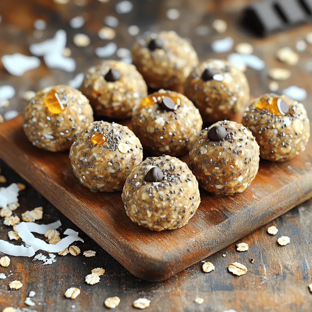 - Rolled oats - Nut butter options - Sweeteners - Optional add-ins To make healthy energy balls, you need a few key ingredients. Let's break them down. Rolled oats form the base. They give energy and fiber. Use whole oats for the best taste. Nut butter options add creaminess and protein. Almond butter is my favorite, but peanut or cashew butter works too. Sweeteners make your energy balls yummy. Honey and maple syrup are great choices. They add just the right amount of sweetness. Optional add-ins can change the flavor. Try chia seeds for crunch or dark chocolate chips for a treat. Shredded coconut also adds nice texture. For the full recipe, see the section titled Nutty Power Bites. You will find all the steps to create these tasty energy balls. Mixing the base ingredients Start by taking a large mixing bowl. Add 1 cup of rolled oats, 1/2 cup of your favorite nut butter, and 1/4 cup of honey or maple syrup. Use a spatula or spoon to stir these ingredients together well. You want them to blend smoothly. This mix forms the base of your energy balls. Incorporating seeds and flavorings Next, add 1/4 cup of chia seeds, 1/4 cup of dark chocolate chips, and 1/2 teaspoon of cinnamon to the bowl. Sprinkle in a pinch of sea salt too. Stir everything until it is mixed evenly. This step adds flavor and nutrition to your energy balls. If you like coconut, fold in 1/2 cup of shredded coconut here. Forming the energy balls Now, it’s time to form the balls. Scoop out tablespoon-sized portions of the mixture using your hands. Roll them into round balls. You should make about 12-15 energy balls. Keep them compact so they hold together well. Refrigeration process Place the rolled energy balls on a baking sheet lined with parchment paper. This helps keep them from sticking. Now, you’ll want to refrigerate them for at least 30 minutes. This step helps them firm up. After they are set, you can enjoy them right away or store them in an airtight container in the fridge. They stay fresh for up to a week. For the full recipe, you can refer to the Nutty Power Bites section. Adjusting sweetness levels You can change the sweetness based on your taste. If you like it sweeter, add more honey or maple syrup. For less sweetness, cut back on these. Start with the amount in the Full Recipe. Taste as you mix. Choosing the right nut butter The nut butter can change the flavor and texture. Almond butter gives a nice, creamy feel. Peanut butter adds a classic taste. Sunflower butter is great for nut-free options. Pick what fits your taste or needs! Proper mixing techniques Mix well to blend all ingredients. Use a large bowl for easy stirring. I like to use my hands for the final mix. This helps combine everything well. You want a sticky texture to hold the balls together. Making in bulk Make a double batch to save time later. These energy balls are great for snacks. You will have them on hand for busy days. Just remember to adjust the storage time as needed. Storing for convenience Keep your energy balls in an airtight container. They last up to a week in the fridge. For longer storage, freeze them. Just take out what you need and let them thaw. This makes healthy snacking easy! {{image_2}} You can change up the flavor of your energy balls easily. Here are some great ideas: - Different nuts and seeds: Try using walnuts, pecans, or sunflower seeds. Each nut brings its own taste and health benefits. - Alternative sweeteners: Use agave syrup or coconut sugar instead of honey. These options can add unique flavors. - Unique flavor combinations: Mix in spices like ginger or nutmeg. You can also add vanilla extract for a warm taste. Many people have different diets. Here are ways to make energy balls fit those needs: - Vegan options: Swap honey for maple syrup. This keeps your energy balls vegan-friendly and just as tasty. - Gluten-free alternatives: Ensure your oats are gluten-free. This way, everyone can enjoy the treats. - Nut-free variations: Use sunflower seed butter instead of nut butters. This makes the recipe safe for those with nut allergies. By trying these variations, you can make energy balls that fit your taste and dietary needs. For the full recipe, check the Nutty Power Bites section above. To keep your energy balls fresh, use airtight containers. This keeps moisture out and flavor in. You can store them in the fridge or freezer. Refrigeration is great for short-term storage. If you want them to last longer, freeze them. Just remember to label the containers with the date. How long do they last? In the fridge, they stay good for about a week. If frozen, they can last up to three months. Signs of spoilage include a change in smell or a dry texture. Always check before you enjoy your Nutty Power Bites. How to make these energy balls vegan? To make these energy balls vegan, simply swap honey for maple syrup. Both sweeteners work well in this recipe. Also, ensure you use a plant-based nut butter. Almond, cashew, or peanut butter are all great choices. Can I substitute ingredients? Yes, you can easily substitute ingredients. If you don’t have rolled oats, try quick oats or even ground oats. Nut butter can be replaced with sun butter for a nut-free option. For chocolate chips, use dried fruit or seeds for a different flavor. What are the health benefits of energy balls? Energy balls offer many health benefits. They are rich in fiber, which helps digestion. They provide healthy fats from nuts and seeds, giving you long-lasting energy. Plus, the protein helps keep you full. Adding chia seeds boosts omega-3 intake as well. When to eat them You can enjoy energy balls at any time. They make a perfect snack before a workout or as a quick breakfast. They are great for lunchboxes or even as a sweet treat after dinner. Pairing suggestions for snacks or meals Pair them with yogurt or a smoothie for extra protein. You can also enjoy them with fresh fruit for a balanced snack. If you want a meal, add them to oatmeal or mix them into salad for a crunchy element. You learned how to create tasty, healthy energy balls. We covered ingredients, steps, and storage. You can easily adjust flavors and textures to fit your taste. Don’t forget to explore vegan or nut-free options. These bites are perfect for snacks or meals. They store well and last long when kept right. Enjoy making these energy balls in different ways. They are fun to share and great for any time!