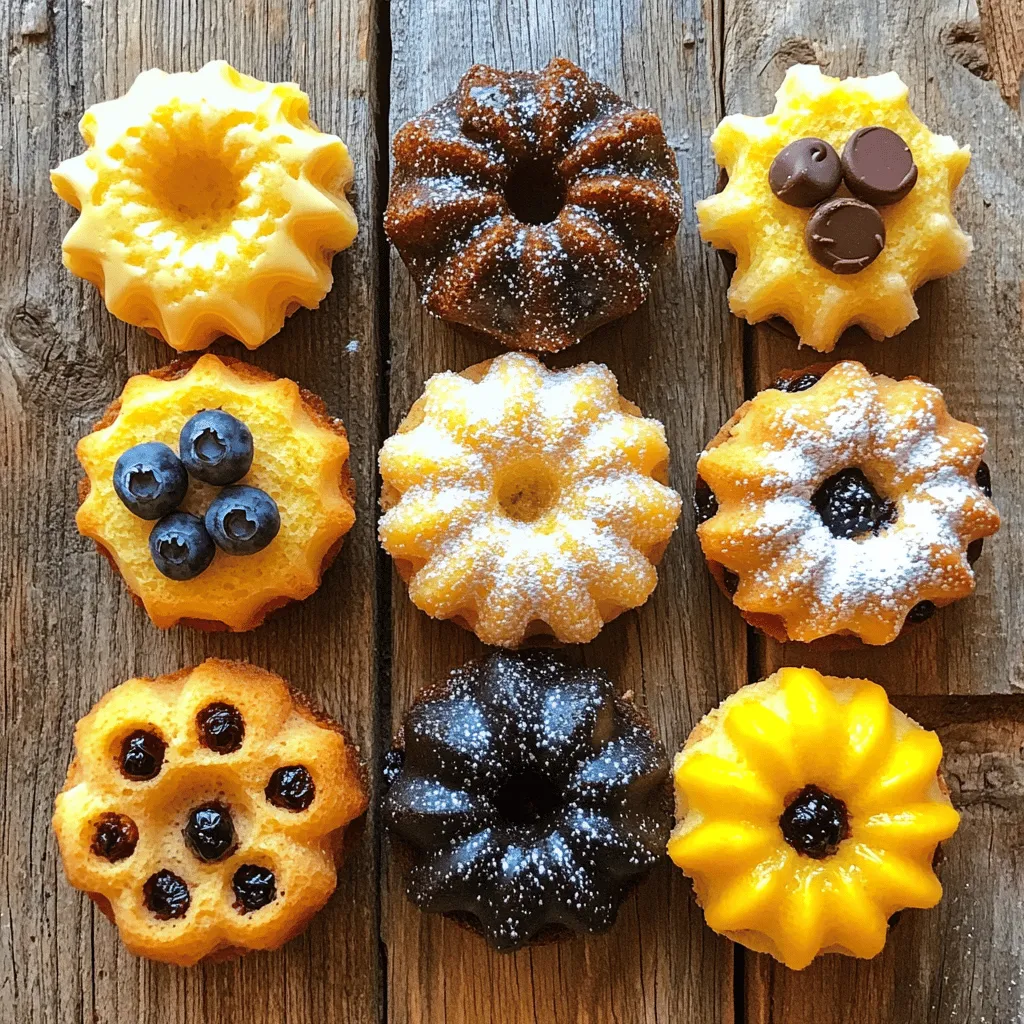 - 1 cup all-purpose flour - 1/2 cup granulated sugar - 1/2 teaspoon baking powder - 1/4 teaspoon baking soda - 1/4 teaspoon salt - 1/2 cup unsalted butter, softened - 2 large eggs - 1 teaspoon vanilla extract - 1/4 cup buttermilk To make these mini bundt cakes, you need some key ingredients. Start with all-purpose flour and granulated sugar, which form the base of the cake. Baking powder, baking soda, and salt help your cakes rise. Unsalted butter adds a rich flavor. You will also need eggs for structure and vanilla extract for taste. Buttermilk adds moisture and helps create a tender crumb. - 1/2 cup chocolate chips - Zest of 1 lemon (for lemon bundt) - 1/4 cup fresh blueberries (for blueberry bundt) - 1/2 teaspoon cinnamon (for spiced bundt) You can add different flavors to your mini bundt cakes. For a chocolate version, fold in chocolate chips. If you like lemon, add the zest of one lemon. For a fruity twist, toss in fresh blueberries. Want a warm spice? Use cinnamon for a cozy flavor. These variations let you customize your treats for any event. - Icing sugar for dusting - Optional toppings and decorations To finish your mini bundt cakes, dust them with icing sugar to add sweetness. You can also use optional toppings. Consider fresh fruit, nuts, or even a drizzle of chocolate. These little touches turn a simple cake into a delightful dessert. For the complete recipe, check out the Full Recipe section. 1. Preheat your oven to 350°F (175°C). 2. Grease and flour your mini bundt pans. This helps the cakes release easily. 3. In a large bowl, whisk together the flour, sugar, baking powder, baking soda, and salt. 4. In another bowl, beat the softened butter until creamy. 5. Add the eggs, one at a time. Mix in the vanilla extract and buttermilk after. 1. Gradually add the dry mix to the wet mix. Stir just until combined. 2. Be careful not to overmix; this keeps your cakes light and fluffy. 3. If you want, fold in chocolate chips, lemon zest, fresh blueberries, or cinnamon. 1. Pour the batter into the prepared mini bundt pans. Fill each about two-thirds full. 2. Bake for 15-20 minutes. Check doneness with a toothpick. It should come out clean. 3. Cool the cakes in the pans for about five minutes. 4. Then, transfer them to a wire rack to cool completely. 5. Once cooled, dust with icing sugar for a sweet finish. For the Full Recipe, check out the complete details. Enjoy your mini bundt cakes! To bake perfect mini bundt cakes, mix your batter well but avoid overmixing. Overmixing can make the cakes tough. You want a light and fluffy texture. To get the best results, grease your pan well. Use butter or cooking spray, then dust with flour. This way, your cakes will slide out easily after baking. Mini bundt cakes are great for many occasions. They shine at birthday parties, holiday gatherings, and casual get-togethers. Serve them with a scoop of ice cream or a dollop of whipped cream for extra delight. Pair these cakes with coffee, tea, or milk for a satisfying treat. Get creative when decorating your mini bundt cakes! You can use fruits like fresh berries or citrus slices. Chopped nuts add a nice crunch too. For a sweeter touch, drizzle icing or dust with icing sugar. Match your decorations to the theme of your event. For example, use pastel colors for spring or bright hues for summer. For more details, check out the [Full Recipe]. {{image_2}} Mini bundt cakes shine at every celebration. For birthdays, you can make fun flavors. Try chocolate with sprinkles for kids. Adults might enjoy a rich red velvet. Holiday-themed flavors add cheer. Pumpkin spice is perfect for fall gatherings. For winter, peppermint bundts bring joy. You can even try eggnog flavor for that festive touch. At weddings, mini bundts can be elegant. Use vanilla or lemon for a light treat. Decorate them with fresh flowers or simple icing. They make lovely favors too! For those with special diets, mini bundt cakes can adapt. You can make them gluten-free using almond flour. Just swap out regular flour for a great taste. Vegan mini bundts are also easy to create. Use applesauce instead of eggs. Coconut oil can replace butter for a rich flavor. If you want to cut back on sugar, use ripe bananas. They add sweetness and moisture. Honey or maple syrup are great natural options too. Seasonal fruits or spices add joy to mini bundts. In summer, fresh berries can brighten flavors. Fold blueberries or raspberries into your batter for fun. In autumn, spices like nutmeg and cinnamon work wonders. A spiced cake with apples or pears makes a warm treat. For winter, think of festive flavors. Gingerbread with molasses creates cozy vibes. You can also use citrus zest for a bright, fresh taste. Explore these variations and make your mini bundts unique for every occasion. Check out the Full Recipe for ideas and inspiration! To keep your mini bundt cakes fresh, follow these tips: - Cool the cakes completely before storing. - Wrap each cake in plastic wrap tightly. - Place wrapped cakes in an airtight container. - Store at room temperature for short-term freshness. If you want to enjoy them later, freezing is a great option: - Wrap cakes in plastic wrap and then foil. - Place in a freezer bag to avoid freezer burn. - Label with the date, and use within three months. In the refrigerator, mini bundt cakes last about five days. To reheat, follow these steps: - Preheat your oven to 350°F (175°C). - Unwrap the cake and place it on a baking sheet. - Heat for about 10-15 minutes until warm. This keeps the cake moist and delicious without drying it out. To tell if mini bundt cakes have gone bad, check for these signs: - An off smell or sour odor indicates spoilage. - Look for mold or discoloration on the surface. - If the texture feels very dry or hard, it’s time to toss it. Always remember to be safe: - If unsure, it’s best to avoid eating it. - When in doubt, throw it out! What is the best way to prevent sticking? Greasing and flouring your mini bundt pans is key. Use unsalted butter for greasing. After greasing, add flour and shake the pan to coat the sides. This step helps your cakes slide out easily. Can I make the batter ahead of time? Yes, you can make the batter ahead. Store it in the fridge for up to 24 hours. Just remember to mix it gently before pouring it into the pans. This keeps the batter fresh and helps with rising. What are the best flavor pairings for mini bundt cakes? Mini bundt cakes shine with many flavors. Chocolate pairs well with mint or raspberry. Vanilla is great with lemon zest or fresh berries. For something warm, try adding cinnamon or nutmeg. Each choice can create a special treat. How can I customize flavors for different occasions? You can customize flavors easily. For birthdays, use chocolate with sprinkles. For holidays, think about pumpkin spice or peppermint. Use seasonal fruits like blueberries in summer or cranberries in winter. Match the flavors to the event for a great touch. Why did my mini bundt cakes sink? Cakes may sink due to overmixing or too much liquid. Make sure to mix just until combined. Also, check your oven temperature with a thermometer. If it’s too low, cakes may not rise properly. How do I fix mini bundt cakes that are too dry? If your cakes are dry, you can add moisture. A simple syrup can help. Mix equal parts sugar and water, then heat until the sugar dissolves. Brush this syrup on the cooled cakes to make them moist and sweet. Mini Bundt cakes are a joy to make and eat. They blend simple ingredients into delightful bites. Ingredients: - 1 cup all-purpose flour - 1/2 cup granulated sugar - 1/2 teaspoon baking powder - 1/4 teaspoon baking soda - 1/4 teaspoon salt - 1/2 cup unsalted butter, softened - 2 large eggs - 1 teaspoon vanilla extract - 1/4 cup buttermilk - 1/2 cup chocolate chips (optional) - Zest of 1 lemon (for lemon bundt) - 1/4 cup fresh blueberries (for blueberry bundt) - 1/2 teaspoon cinnamon (for spiced bundt) - Icing sugar for dusting To make these cakes, start by preheating your oven to 350°F (175°C). Grease and flour your mini bundt pans to avoid sticking. In a bowl, whisk together the dry ingredients. In another bowl, beat the butter until creamy, then add eggs and wet ingredients. Mix until smooth. Now, fold in any optional flavors, like chocolate or fruit. Pour the batter into the pans, filling each about two-thirds full. Bake for 15-20 minutes. Check with a toothpick to see if they are done. Once baked, let them cool before transferring to a rack. Dust with icing sugar for a sweet touch. For a full recipe with detailed steps, visit the link to "Mini Bundt Cakes for Every Occasion". Mini bundt cakes are delightful treats you can make for any occasion. You learned about essential ingredients, flavor variations, and creative garnishing ideas. I shared step-by-step instructions that guide you through baking and cooling. Tips on serving and decorating help you impress your guests. You can even adapt recipes for special diets or seasons. Store your cakes properly to keep them fresh. Now, it’s time for you to bake and share these tasty delights! Enjoy the process, and delight in your creations.