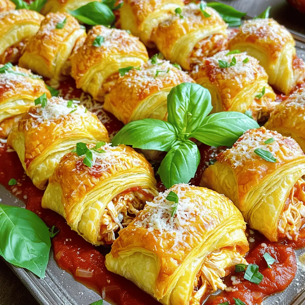 - 2 large chicken breasts, cooked and shredded - 1 cup ricotta cheese - 1 cup mozzarella cheese, shredded - 1/2 cup grated Parmesan cheese - 1/2 cup marinara sauce (plus extra for serving) - 1 teaspoon Italian seasoning - 1 teaspoon garlic powder - 1 package (1 lb) of refrigerated puff pastry sheets - 1 egg, beaten (for egg wash) - Salt and pepper to taste - Fresh basil leaves for garnish When making Chicken Parmesan Pillows, using quality ingredients is key. The chicken gives a hearty base, while the blend of cheeses adds creaminess. Ricotta and mozzarella create a rich texture, and Parmesan packs a punch of flavor. Marinara sauce ties everything together, giving that classic Italian taste. Italian seasoning and garlic powder boost the overall aroma and taste. - Baking sheet - Mixing bowl - Rolling pin - Fork Having the right tools makes cooking easier. A baking sheet helps with even cooking. A mixing bowl is essential for combining the ingredients. A rolling pin is needed to flatten the puff pastry, allowing for easy folding. A fork seals the edges of the pillows, ensuring nothing leaks out during baking. - Pre-measured ingredients - Suggested kitchen tools Before you start, measure everything out. This makes the process smooth. Using pre-measured ingredients ensures you won’t miss anything important. A few suggested kitchen tools include a good knife for shredding chicken and a sturdy spatula for easy transferring. Using quality ingredients with the right tools will help you create a successful dish. For more details on how to combine these ingredients, check the Full Recipe. - Preheat oven to 400°F (200°C). - Roll out puff pastry and cut into 4x4 inch squares. First, I always start by preheating my oven. This helps the Chicken Parmesan Pillows bake evenly. While the oven heats, I take the puff pastry from the fridge. I roll it out on a floured surface until it’s nice and thin. Once it’s ready, I cut it into squares, each about 4x4 inches. This is the canvas for our delicious filling. - Combine chicken, cheeses, marinara, and seasonings. Next, I move to the filling. In a large mixing bowl, I combine the cooked and shredded chicken with ricotta, mozzarella, and Parmesan cheeses. I then add marinara sauce, Italian seasoning, garlic powder, and a dash of salt and pepper. I mix everything well. This filling is where the magic happens! Each bite will burst with flavor. - Fill pastry squares with chicken mixture and seal. Now it’s time to assemble the pillows. I place a tablespoon of the chicken mixture in the center of each pastry square. I make sure not to overfill, as this can cause them to burst while baking. I then fold the pastry over to form a triangle or rectangle. To seal the edges, I press them down with a fork. This keeps all the tasty filling inside. - Apply egg wash and bake for 15-20 minutes. After sealing, I place the pillows on a baking sheet lined with parchment paper. To give them a nice golden color, I brush the tops with a beaten egg. Then, I pop them into the preheated oven. I bake them for 15-20 minutes, or until they are puffy and golden brown. The aroma that fills the kitchen during baking is simply irresistible! For the full recipe, check out the details above! To ensure the pastry is flaky, start with cold ingredients. Cold butter and water help create steam, which makes the layers rise. Roll the puff pastry on a lightly floured surface. Keep it thin but not too fragile. If it tears, patch it with extra dough. Sealing the pillows well is key to keeping the filling inside. After adding the chicken mix, fold the pastry over. Press the edges tightly using your fingers or a fork. This prevents any leaks during baking. Always check for gaps or holes before baking. You can add more herbs and spices to make these pillows unique. Try adding freshly chopped basil or oregano for a burst of flavor. A sprinkle of red pepper flakes gives a nice kick. You can also mix in some sun-dried tomatoes for extra richness. The choices are endless! Arranging the pillows can make a simple meal look fancy. Place them on a large serving platter. Drizzle marinara sauce around the sides for color. Garnish with fresh basil leaves for a pop of green. This makes your dish not just tasty, but also beautiful. For the full recipe, check out the details above. {{image_2}} You can make your Chicken Parmesan Pillows suit your taste. For a vegetarian option, try using mushrooms or spinach instead of chicken. Both mushrooms and spinach add great flavor and texture. You can also mix in some roasted red peppers for extra color and taste. When it comes to cheese, feel free to experiment. You can use provolone or fontina cheese for a different twist. Mixing mozzarella and cheddar gives a nice blend of flavors. Each cheese brings its own unique taste to the pillows. Pair your Chicken Parmesan Pillows with tasty side dishes. A fresh salad with mixed greens and a light vinaigrette works well. You can also serve them with garlic bread for a comforting meal. Another option is to add steamed broccoli or green beans for a healthy touch. For dipping sauces, marinara is classic, but don't stop there! Try pesto or garlic aioli for a fun twist. You can also whip up a spicy arrabbiata sauce if you like heat. These options can elevate your meal and impress your guests. If you want to use an air fryer, you can still achieve crispy pillows. Preheat the air fryer to 375°F (190°C). Place the assembled pillows in the basket, making sure they don’t touch. Cook for about 12-15 minutes, flipping halfway through. For those busy days, you can freeze the pillows before baking. Just assemble them, then place them in a single layer on a baking sheet. Freeze for 1-2 hours until firm, then transfer them to a zip-top bag. When you're ready to bake, cook them straight from frozen. Just add a few extra minutes to your baking time. These variations and tips will help you create a meal that is fun and flexible for your family. Don't forget to check the Full Recipe for all the details! Store your leftover Chicken Parmesan Pillows in an airtight container. Keep them in the fridge for up to three days. This helps keep them fresh and tasty. When you place them in the container, make sure they are not stacked on top of each other. This prevents sogginess. To reheat, preheat your oven to 350°F (175°C). Place the pillows on a baking sheet. Heat them for about 10-15 minutes. This method keeps the pastry crispy. You can also use a microwave for quick reheating. If you go this route, just heat them for about 1-2 minutes. However, the texture won’t be as nice. For long-term storage, you can freeze the pillows. If they are unbaked, wrap each one in plastic wrap. Place them in a freezer-safe bag. They can last up to three months in the freezer. If you have baked pillows, let them cool down first. Then, follow the same wrapping method. You can freeze them too for up to three months. When you are ready to eat, just bake from frozen. Adjust the baking time to ensure they are hot throughout. Chicken Parmesan Pillows are made of simple, tasty ingredients. Here’s what you need: - 2 large chicken breasts, cooked and shredded - 1 cup ricotta cheese - 1 cup mozzarella cheese, shredded - 1/2 cup grated Parmesan cheese - 1/2 cup marinara sauce (plus extra for serving) - 1 teaspoon Italian seasoning - 1 teaspoon garlic powder - 1 package (1 lb) of refrigerated puff pastry sheets - 1 egg, beaten (for egg wash) - Salt and pepper to taste - Fresh basil leaves for garnish Each ingredient plays a key role. The chicken gives protein and flavor. The cheeses add creaminess and richness. The marinara brings tanginess, while the puff pastry creates a delightful crunch. Italian seasoning and garlic powder enhance the dish with fragrant notes. Yes, you can make Chicken Parmesan Pillows ahead of time! Here’s how: - Prepare the filling: Mix the chicken, cheeses, marinara, and seasonings. Store it in the fridge for up to two days. - Assemble the pillows: You can fill and seal the pastries. Place them on a baking sheet and cover with plastic wrap. Refrigerate for up to 24 hours. - Freezing option: If you want to store them longer, freeze unbaked pillows. Just place them on a baking sheet, freeze until firm, then transfer to a zip-top bag. To bake, cook from frozen for a few extra minutes, ensuring they're golden and cooked through. Chicken Parmesan Pillows pair well with many sides. Here are some tasty options: - Salads: A fresh green salad with a light vinaigrette adds crunch. - Pasta: Serve with spaghetti or penne tossed in marinara sauce for a hearty meal. - Vegetables: Roasted or steamed veggies like broccoli or zucchini make great sides. - Garlic Bread: This classic addition complements the pillows and marinara sauce. These sides help create a balanced meal and keep everyone satisfied. Enjoy your cooking! You’ve learned how to make Chicken Parmesan Pillows, from gathering ingredients to baking. You saw techniques to ensure a flaky crust and tips for tasty variations. With these steps, you can enjoy a fun meal any night. Keep experimenting with flavors and serving ideas. Don't forget to store leftovers right for later. Cooking should be enjoyable and rewarding. Now, grab those ingredients and start making your own delicious pillows!