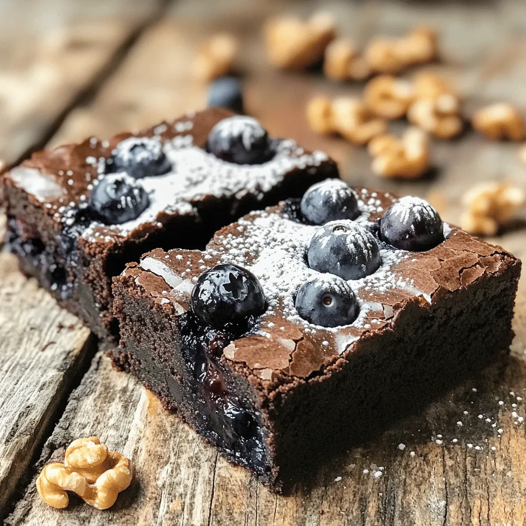 To make fresh blueberry brownies, you need these simple ingredients: - 1 cup fresh blueberries - 1/2 cup unsweetened cocoa powder - 1/2 cup all-purpose flour - 1/2 cup granulated sugar - 1/4 cup brown sugar, packed - 1/2 teaspoon baking powder - 1/4 teaspoon salt - 2 large eggs - 1/3 cup unsalted butter, melted - 1 teaspoon vanilla extract - 1/4 cup chopped walnuts (optional) - Powdered sugar for dusting (optional) Each ingredient plays a key role. The cocoa powder gives the brownies their rich chocolate flavor. The sugars add sweetness and moisture. Blueberries bring a burst of juicy flavor, while eggs help bind everything. You can swap some ingredients if needed. For a gluten-free option, use almond or coconut flour. You can also try coconut sugar instead of granulated sugar for a different sweetness. If you want to skip eggs, use flaxseed meal mixed with water. This keeps the brownies moist and delicious. Fresh blueberries are the star of this recipe. They add a sweet and tangy flavor, which contrasts with the rich chocolate. Using fresh berries also boosts nutrition. They are full of vitamins, fiber, and antioxidants. This makes your brownies not just tasty but also healthier. Fresh blueberries keep their shape when baked, adding a lovely texture. Always choose plump, firm berries for the best results. Gather your fresh blueberries and other ingredients. You need: - 1 cup fresh blueberries - 1/2 cup unsweetened cocoa powder - 1/2 cup all-purpose flour - 1/2 cup granulated sugar - 1/4 cup brown sugar, packed - 1/2 teaspoon baking powder - 1/4 teaspoon salt - 2 large eggs - 1/3 cup unsalted butter, melted - 1 teaspoon vanilla extract - 1/4 cup chopped walnuts (optional) - Powdered sugar for dusting (optional) Make sure to wash the blueberries gently. Pat them dry to remove excess water. This step helps keep the batter from getting too wet. First, preheat your oven to 350°F (175°C). Grease an 8x8-inch baking pan or line it with parchment paper. This will make it easy to take the brownies out later. In a medium bowl, mix together the cocoa powder, flour, baking powder, and salt. Whisk them well to blend all the dry ingredients. In a large bowl, combine the granulated sugar, brown sugar, melted butter, eggs, and vanilla extract. Mix until smooth and creamy. Next, add the dry mix to the wet mix. Stir gently until just combined. Be careful not to overmix. Overmixing can make the brownies tough. Now, fold in the fresh blueberries and walnuts, if you are using them. Do this carefully. You want to keep the blueberries whole for juicy bites. Pour the brownie batter into your prepared pan. Spread it evenly across the pan. Bake in your preheated oven for 25-30 minutes. Check for doneness by inserting a toothpick into the center. It should come out mostly clean, with a few moist crumbs clinging to it. Once done, take the brownies out and let them cool in the pan for about 10 minutes. After that, move them to a wire rack to cool completely. Finally, cut into squares and dust with powdered sugar if you like. Enjoy your tasty treat! For the full recipe, check out the detailed guide. To get the best brownie texture, focus on mixing. You want a thick, smooth batter. Overmixing can lead to dry brownies. Stir just until the dry ingredients blend into the wet ones. This keeps your brownies fudgy. Also, remember to measure your flour correctly. Too much flour makes them cakey. Use the spoon and level method for accuracy. One common mistake is using cold eggs. Cold eggs can make your batter lumpy. Always use room-temperature eggs for smooth mixing. Another mistake is not greasing the pan well. This can make it hard to remove the brownies. Use parchment paper for easy lifting. Lastly, don't skip cooling time. Cutting them too soon results in messy squares. To boost the flavor of your brownies, try adding a pinch of espresso powder. It deepens the chocolate taste. You can also mix in some citrus zest, like orange or lemon. This adds a fresh twist. If you're feeling adventurous, add a splash of almond extract. It pairs well with blueberries. For an extra treat, sprinkle some sea salt on top before baking. This contrast makes every bite special. Check out the Full Recipe for more details! {{image_2}} To make gluten-free blueberry brownies, swap the all-purpose flour for a gluten-free blend. Many brands offer a cup-for-cup option. This change keeps the texture nice and moist, just like the original. Look for a mix that has xanthan gum, as it helps with binding. The brownies will still taste great with fresh blueberries. They will be just as rich and fudgy! If you want a vegan version, you can replace the eggs. Use 1/4 cup of unsweetened applesauce for each egg. It works well in brownies and adds moisture. Also, substitute the unsalted butter with coconut oil or a vegan butter. These swaps keep the brownies rich and tasty. You won’t miss the eggs or dairy in this recipe! You can get creative by adding other fruits or nuts. Chopped strawberries or raspberries pair well with blueberries. They add extra flavor and a pop of color. If you like nuts, try adding pecans or almonds. They give a nice crunch to the soft brownies. Just remember to adjust the amounts to keep the right balance in your batter. For the complete recipe, check out the Full Recipe section. To keep your blueberry brownies fresh, store them in an airtight container. Place a piece of parchment paper between layers to prevent sticking. They stay good at room temperature for about three days. If you want to keep them longer, consider refrigerating them. In the fridge, they can last up to a week. However, the cold may change the texture a bit. If you have extra brownies, freezing is a great option. First, let them cool completely. Cut the brownies into squares. Wrap each square tightly in plastic wrap. Then, place them in a freezer-safe bag or container. They can last up to three months in the freezer. When you're ready to enjoy them, just take out what you need. To reheat your brownies, use the microwave or the oven. For the microwave, place one brownie on a plate. Heat it for about 10-15 seconds. Check if it’s warm. If not, add a few more seconds. For the oven, preheat it to 350°F (175°C). Put the brownies on a baking sheet and warm them for about 5-10 minutes. This method keeps them soft and tasty. Enjoy your freshly warmed brownies! Blueberry brownies stay fresh for about 3 to 4 days at room temperature. If you store them in an airtight container, they will keep their taste and texture. For longer storage, place them in the fridge. This can extend their life to about a week. However, after a few days, they may lose some of their soft texture. Yes, you can use frozen blueberries in this recipe. Just make sure to thaw and drain them first. This way, they won’t add too much moisture to the brownie batter. Frozen blueberries may burst more easily, so fold them gently into the mix. This keeps the batter nice and smooth while still adding that yummy blueberry flavor. Blueberry brownies are delicious on their own, but you can serve them with a scoop of vanilla ice cream for a special treat. Whipped cream also pairs well, adding a light touch. Fresh fruit, like more blueberries or raspberries, can enhance the plate. For a fun twist, drizzle some chocolate sauce over the top. These additions can take your brownies to the next level! In this blog post, I covered how to make delicious blueberry brownies. We looked at the key ingredients, including fresh blueberries, and discussed alternatives. I shared step-by-step instructions for preparing, mixing, and baking your brownies. You learned tips for getting the right texture and avoiding common mistakes. We even explored gluten-free and vegan variations. Overall, with a few simple steps and fresh ingredients, you can create tasty treats. Enjoy your baking adventure with these easy blueberry brownies!
