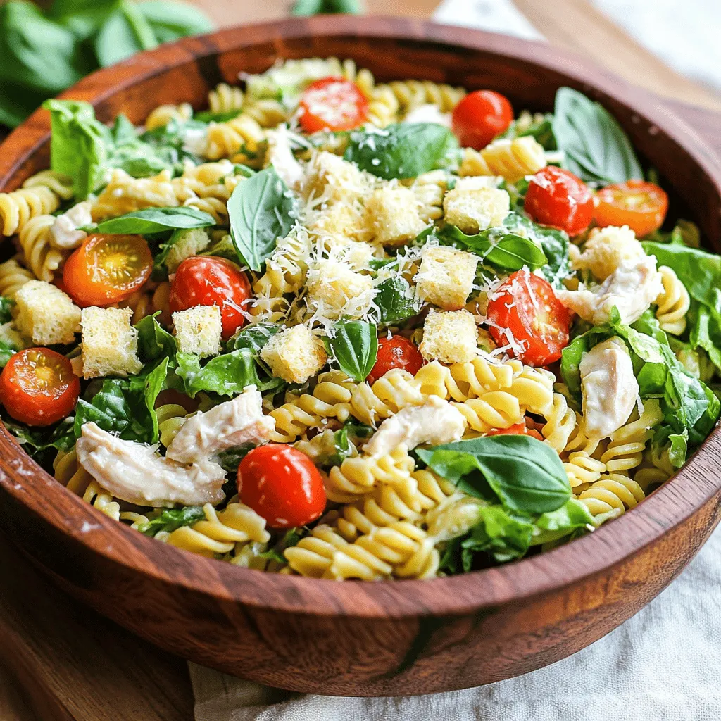 - Pasta Types for Best Results - I recommend using fusilli or rotini. These shapes hold the dressing well. You can also try penne for a different texture. Cooked pasta should be firm but not hard. - Recommended Salad Staples - You need cooked chicken breast. Dice it into small pieces. - Romaine lettuce adds crunch. Chop it into bite-sized pieces. - Cherry tomatoes give color and sweetness. Halve them for easy eating. - Don’t forget Parmesan cheese. Grate it for a nice salty kick. - Croutons add crunch on top. Use store-bought or make your own. - Dressing Options (homemade vs store-bought) - You can use store-bought Caesar dressing for speed. It’s quick and tasty. - If you want to make it at home, mix mayo, garlic, lemon, and anchovy paste. - Homemade dressing gives a fresh touch. Adjust the flavors to your liking. This salad is simple yet packed with flavors. You can find the Full Recipe in this article. Enjoy making this easy dish! To make a great Chicken Caesar Pasta Salad, start by cooking the pasta. Use about 2 cups of fusilli or rotini. These shapes hold the dressing well. Cook the pasta according to the package directions. It usually takes about 8-10 minutes. Check if it is al dente, which means it should be firm but not hard. After cooking, drain the pasta. Rinsing is very important. Rinse it under cold water for a minute. This stops the cooking process and cools it down. It also helps keep the pasta from sticking together. Now, it is time to mix the salad. Grab a large mixing bowl. First, add the cold pasta. Then, add 1 cup of diced cooked chicken, 2 cups of chopped romaine lettuce, and 1/2 cup of halved cherry tomatoes. Next, drizzle about 1/4 cup of Caesar dressing over the top. Sprinkle in 1/4 teaspoon of garlic powder, black pepper, and salt. Toss everything together gently. Use a spatula or a large spoon to mix. Make sure all the ingredients are evenly coated with dressing. Let the salad sit for about 10-15 minutes. This helps the flavors blend together. If you want to add some crunch, top the salad with croutons just before serving. You can also add fresh basil leaves for extra flavor. This final touch makes the dish even more appealing. For the full recipe, check the earlier section. Enjoy your tasty Chicken Caesar Pasta Salad! Marinating Chicken for Extra Zest Marinating your chicken can add great flavor. Use a mix of olive oil, lemon juice, and garlic. Let it soak for at least 30 minutes. This brings out the best taste in your salad. Choosing the Right Amount of Dressing Too much dressing can drown your salad. Start with 1/4 cup, then add more if needed. You want each bite to taste fresh and bright, not soggy. Preparing Ingredients in Advance You can cook your pasta and chicken a day ahead. Just store them in separate containers in the fridge. Chop the lettuce and tomatoes just before serving for the best crunch. Best Practices for Serving Later If you make the pasta salad early, keep dressing on the side. This keeps the salad crisp. Toss it together just before you eat. Gluten-Free Pasta Options If you need gluten-free pasta, try brown rice or chickpea pasta. Both hold up well and taste great in this salad. Vegetarian Choices for Substituting Chicken For a vegetarian version, use chickpeas or grilled tofu instead of chicken. They add protein and keep the salad hearty. {{image_2}} You can boost this salad's protein with some tasty swaps. If you want a vegetarian option, use tofu. Just press and cube it before adding it to your salad. It soaks up flavor well. For a seafood twist, shrimp works great too. Cook the shrimp until pink and tender, then toss it in. Both options make your salad even more filling and delicious. To give your salad extra crunch, think about adding veggies. Bell peppers add color and sweetness. Cucumbers bring a refreshing bite. You can also try adding thinly sliced radishes or carrots. These add a nice crunch and make your salad look vibrant. Feel free to mix and match veggies based on what you love. If you want to change the taste, try different dressings. A ranch dressing gives a creamy twist. You could also use a vinaigrette for a tangy kick. Each dressing changes the salad's flavor while keeping it fresh. Don't be afraid to experiment and find your favorite blend. To keep your Chicken Caesar Pasta Salad fresh, store it in the fridge right away. The key is to use airtight containers. This helps keep moisture in and odors out. Here are some tips: - Use glass or plastic containers with tight lids. - If you have leftovers, try to separate the croutons. They can get soggy in the salad. - Keep any extra dressing on the side until you're ready to eat. How long can it last in the fridge? Your Chicken Caesar Pasta Salad can stay fresh for 3 to 5 days. However, the shelf life of the ingredients can vary: - Cooked chicken: Usually lasts 3 to 4 days. - Pasta: Can last up to 5 days if stored well. - Romaine lettuce: Best used within 3 days for crunchiness. Check for any signs of spoilage before eating. If it smells off or looks bad, toss it out. Do's and don'ts for keeping it fresh? Reheating pasta salad can be tricky. Here are some do's and don'ts: - Do reheat the chicken and pasta if you prefer them warm. - Don't microwave the salad with the dressing and lettuce mixed in. This will make everything soggy. - Do allow the salad to sit out for a few minutes before serving. This helps the flavors come alive again. - Don't keep it out for more than two hours at room temperature. Bacteria can grow quickly, and you don't want that. For detailed steps on making this dish, check out the Full Recipe. Yes, you can use leftover chicken. It makes this dish quick and easy. Just make sure the chicken is cooked and cooled. You can shred or dice it. This will save you time and reduce food waste. - Tips for Using Pre-Cooked Chicken: - Use rotisserie chicken for great flavor. - Make sure to remove the skin for a lighter option. - Cut the chicken into small pieces for better mixing. Fusilli and rotini are the best choices. Their shapes hold sauce well, making each bite tasty. Other options include penne or farfalle, but they may not cling to the dressing as well. - Comparison of Different Pasta Shapes: - Fusilli: Twisted shape captures dressing and ingredients. - Rotini: Similar to fusilli but slightly tighter curls. - Penne: Tubes that may not hold dressing as well. - Farfalle: Bow tie shape adds fun but can be slippery. You can swap out some ingredients for a lighter salad. Use whole grain pasta for extra fiber. Choose low-fat or Greek yogurt-based Caesar dressing. Also, add more veggies like cucumbers or bell peppers. - Substitutions for a Healthier Salad Option: - Pasta: Switch to whole grain or gluten-free pasta. - Dressing: Use a lighter Caesar dressing or homemade dressing with yogurt. - Add-ins: Include more leafy greens or crunchy vegetables for added nutrients. In this blog post, we covered how to make a tasty Chicken Caesar Pasta Salad. We explored the best pasta types, salad staples, and dressings. I shared tips for cooking pasta, mixing your salad, and finishing touches. We discussed storage tips and how to customize your dish. Remember, you can make it your own with different proteins and veggies. With the right ingredients and techniques, you can enjoy a delicious meal anytime. Experiment and have fun with it!