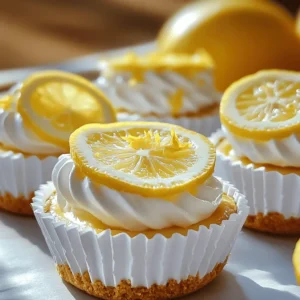 To create these mini lemon cheesecakes, you need a few key ingredients. Let's break them down. - Crust ingredients: - 1 cup crushed graham crackers - 1/4 cup unsalted butter, melted - 2 tablespoons sugar The graham crackers give a sweet and crunchy base. The butter helps hold it all together. The sugar adds sweetness to the crust. - Filling ingredients: - 8 oz cream cheese, softened - 1/2 cup sugar - 1/4 cup sour cream - 2 large eggs - Zest of 2 lemons - 1/4 cup fresh lemon juice - 1 teaspoon vanilla extract Cream cheese forms the base of the filling. Sugar sweetens it, while sour cream adds creaminess. Eggs help set the filling. Lemon zest and juice give that bright, tangy flavor. Vanilla extract adds a touch of warmth. - Garnishes: - Whipped cream - Lemon slices A dollop of whipped cream on top makes it look pretty. The lemon slices add a fresh touch and a pop of color. For the full recipe, you can find all the steps to make these delicious treats! First, you need to preheat your oven to 325°F (160°C). This ensures even baking. Next, grab a muffin tin and line it with paper liners. This step makes removal easy later. Now, let’s mix the crust ingredients. In a bowl, combine: - 1 cup crushed graham crackers - 1/4 cup unsalted butter, melted - 2 tablespoons sugar Stir these ingredients until they blend well. You want a sandy texture that holds together when pressed. Next, we’ll create the cheesecake filling. Start by beating 8 oz of softened cream cheese until it’s smooth. Gradually add 1/2 cup of sugar while mixing. This makes the cream cheese creamy and sweet. Now add: - 1/4 cup sour cream - 2 large eggs - Zest of 2 lemons - 1/4 cup fresh lemon juice - 1 teaspoon vanilla extract Mix everything until you have a smooth mixture. This is key for a silky cheesecake. It’s time to pour the filling into the crusts. Spoon the cheesecake mixture over the crusts in each muffin tin. Fill each cup about 3/4 full. Bake the cheesecakes for 18-20 minutes. Look for the edges to be set while the center is still slightly jiggly. This means they are done! Let the cheesecakes cool at room temperature for 15 minutes. Then, move them to the fridge to chill for at least 2 hours before serving. This cooling helps the cheesecakes firm up nicely. For the full recipe, check the earlier section. Enjoy your tasty mini lemon cheesecakes! To make your mini lemon cheesecakes creamy, avoid overmixing. Overmixing adds air, which can cause cracks when they bake. Always beat the cream cheese until smooth before adding other ingredients. This keeps the texture just right. Chilling time is very important. After baking, let your cheesecakes cool for 15 minutes. Then, move them to the fridge for at least 2 hours. This helps the texture set and flavors deepen. Garnishing your mini cheesecakes can really enhance their look. Top each one with a dollop of whipped cream and a fresh lemon slice. This adds color and a fresh taste. These mini lemon cheesecakes are great for any occasion. Serve them at birthday parties, family gatherings, or even casual dinners. They are a hit with both kids and adults. For a fun twist, try presenting them on a colorful platter for a lovely display. For the full recipe, check the details above! {{image_2}} You can change the flavor of your mini lemon cheesecakes easily. Try using lime or orange zest instead of lemon. This will give your dessert a fun twist. You can also mix in berries like raspberries or blueberries. They add a pop of color and taste. For a rich treat, consider adding chocolate. Melt some chocolate and swirl it into the filling before baking. Each variation brings a new delight, making your cheesecakes even more special. If you need gluten-free options, substitute the graham crackers with crushed gluten-free cookies. Almond flour or oats can work as well. For a vegan version, replace cream cheese with a plant-based option. Use silken tofu blended until smooth. You can swap eggs with a mix of flaxseed and water or use commercial egg replacers. These adjustments let everyone enjoy the mini cheesecakes, no matter their diet. To keep your mini lemon cheesecakes fresh, refrigerate them right after they cool. Place them in an airtight container or cover them with plastic wrap. This helps prevent them from drying out or absorbing other smells from the fridge. If you want to store them longer, freezing is a great option. First, let the cheesecakes cool completely. Then, wrap each mini cheesecake in plastic wrap tightly. To avoid freezer burn, you can place them in a freezer-safe bag or container. This extra step helps maintain their taste and texture. In the fridge, mini lemon cheesecakes can last about 5 to 7 days. After that, they start to lose their freshness. If you freeze them, they can last up to 2 to 3 months. Just remember to thaw them in the fridge before serving for the best flavor and texture. Enjoy your tasty treats! Can I make this recipe ahead of time? Yes, you can make mini lemon cheesecakes ahead of time. They taste even better after chilling. Make them one or two days in advance. Just keep them in the fridge until you’re ready to serve. What can I substitute for sour cream? If you don’t have sour cream, try using Greek yogurt. It gives a similar tangy flavor. You can also use cream cheese mixed with a bit of milk. This will keep the texture smooth and creamy. How do I know when my cheesecakes are done baking? Check the edges of your mini cheesecakes. They should be set but the center will look slightly jiggly. This means they are perfectly baked. Don't worry; they will firm up as they cool. Mini lemon cheesecakes are a delightful treat, made with simple ingredients. The crust combines graham crackers, butter, and sugar. The filling features cream cheese, sour cream, and fresh lemon zest. Follow the steps carefully to achieve a smooth batter and perfectly baked cheesecakes. Use my tips to ensure a creamy texture and avoid cracks. Try different flavors and dietary options for unique twists. Store your mini cheesecakes well to enjoy them longer. With these insights, you can create a tasty dessert for any occasion. Enjoy your baking journey!
