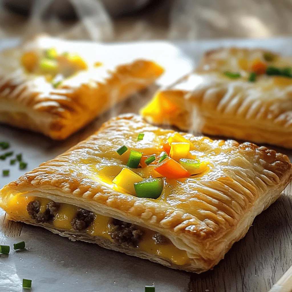 To make Savory Breakfast Poptarts, you will need: - 2 cups all-purpose flour - 1 teaspoon salt - 1 tablespoon sugar - 1 cup unsalted butter, cold and cubed - 6-8 tablespoons ice water - 1 cup shredded cheddar cheese - 1 cup cooked breakfast sausage, crumbled - 1 tablespoon Dijon mustard - 1/2 cup diced bell peppers (any color) - 1 egg, beaten (for egg wash) - Black pepper, to taste You can swap ingredients based on your taste. Use whole wheat flour for a healthier option. If you want a dairy-free version, try a plant-based butter and dairy-free cheese. For the sausage, turkey or veggie sausage works great. If you dislike mustard, skip it or use a bit of hot sauce instead. Each serving has about 280 calories and provides: - Protein: 10g - Carbohydrates: 30g - Fat: 15g - Fiber: 1g - Sugars: 1g This recipe yields eight poptarts, so share them with friends or save some for later! Making savory breakfast poptarts is simple and fun. First, you prepare the dough, then create the filling. After that, you assemble and bake them. This process takes about 45 minutes of prep and 20-25 minutes of baking. 1. Mix Dry Ingredients: In a large bowl, whisk together 2 cups of all-purpose flour, 1 teaspoon of salt, and 1 tablespoon of sugar. 2. Add Butter: Cut 1 cup of cold, cubed unsalted butter into the flour mix. Use your fingers or a pastry cutter to create coarse crumbs. 3. Form Dough: Gradually mix in 6-8 tablespoons of ice water. Add the water slowly until the dough forms. You may not need all the water. 4. Chill Dough: Divide the dough into two discs. Wrap each in plastic wrap and chill for 30 minutes in the fridge. 5. Preheat Oven: Set your oven to 400°F (200°C). Line a baking sheet with parchment paper. 6. Roll Dough: On a floured surface, roll out one disc of dough to about 1/8 inch thick. Cut rectangles (4x6 inches). Repeat with the second disc. You need equal pieces. 7. Make Filling: In a bowl, mix 1 cup of shredded cheddar cheese, 1 cup of crumbled cooked breakfast sausage, 1 tablespoon of Dijon mustard, 1/2 cup of diced bell peppers, and black pepper to taste. 8. Fill Poptarts: Place a spoonful of the filling on half of the dough rectangles. Leave a small border around the edges. 9. Seal Poptarts: Brush the edges of the filled rectangles with beaten egg. This helps seal them. 10. Top and Crimp: Place the remaining rectangles on top. Press to seal, crimping edges with a fork. 11. Egg Wash: Brush the tops with the remaining beaten egg. 12. Vent Poptarts: Make a few small slits in the tops to let steam escape. 13. Bake: Bake for 20-25 minutes or until golden brown. 14. Cool and Serve: Let them cool slightly on a wire rack before serving. - Use cold butter for a flaky crust. - Avoid overmixing the dough. This keeps it tender. - Experiment with different cheeses or meats for fresh taste. - Serve warm for the best flavor. For the full recipe, check the previous section. Enjoy your tasty breakfast poptarts! Making savory breakfast poptarts can be fun, but some errors can ruin them. Here are a few common mistakes: - Overworking the dough: This makes the crust tough. Mix until just combined. - Not chilling the dough: Chilling helps the butter stay cold. This leads to flaky layers. - Filling too much: Avoid overstuffing. Leave space around the edges for sealing. - Skipping the egg wash: This gives your poptarts a nice golden color. To elevate the flavor of your savory breakfast poptarts, try these tips: - Use fresh herbs: Adding chopped chives or parsley brightens up the filling. - Spice it up: A pinch of cayenne or smoked paprika adds depth. - Experiment with cheese: Mix different cheeses like pepper jack or feta for a new taste. - Add a sauce: Serve with salsa or hot sauce for a flavorful kick. Presentation makes a difference. Here are some great ideas for serving your poptarts: - Warm and fresh: Serve them right out of the oven for the best taste. - Garnish with herbs: A sprinkle of fresh herbs adds color and flavor. - Pair with fruit: Serve with fresh fruit or a fruit salad for balance. - Make it a meal: Add a side of scrambled eggs or a light salad for a hearty breakfast. {{image_2}} You can swap the cheddar cheese for other types. Try mozzarella for a gooey texture. Feta adds a nice salty bite, while pepper jack gives a spicy kick. You can also use cream cheese for a creamy filling. Each cheese choice changes the flavor and texture. Get creative with your fillings! You can add cooked veggies like spinach or mushrooms. Diced tomatoes add freshness, while cooked bacon gives a smoky taste. For a hearty version, add scrambled eggs. Mix and match your favorite meats and veggies to find the perfect combo. If you need gluten-free options, use gluten-free flour for the dough. Make sure your fillings are also gluten-free. For a vegetarian version, skip the sausage and load up on veggies. You can also use tofu or beans for protein. Adjust the recipe to fit your diet and enjoy! To keep your savory breakfast poptarts fresh, use an airtight container. Place parchment paper between layers to prevent sticking. Store them at room temperature for a few days. If you want to keep them longer, refrigeration is a good option. Just know that they may lose some crispness in the fridge. To freeze your poptarts, wrap each one in plastic wrap and then in aluminum foil. This helps keep them fresh. You can freeze them for up to three months. When you are ready to eat, remove them from the freezer. Let them thaw in the fridge overnight or at room temperature for a few hours. Reheat them in the oven at 350°F (175°C) for about 10-15 minutes. This restores their flaky texture. When stored properly, savory breakfast poptarts last up to four days at room temperature. In the fridge, they stay fresh for about a week. If frozen, they can last for three months. Always check for any signs of spoilage before eating. Enjoy your homemade poptarts any time! Yes, you can prepare these poptarts ahead of time! Make the dough and filling, then store them separately in the fridge. You can also assemble the poptarts and keep them in the fridge for up to a day. Just bake them when you're ready to enjoy. This makes mornings much easier! Savory poptarts pair well with many sides. Here are a few ideas: - Fresh fruit salad - A light green salad - Yogurt with honey - Scrambled eggs - Crispy bacon These sides add color and flavor, making your breakfast fun and filling. You can customize your poptarts easily! Here are some ideas: - Swap cheeses like mozzarella or feta. - Add cooked veggies like spinach or mushrooms. - Use different meats, like ham or bacon. - Mix in herbs for extra flavor, like thyme or basil. This way, you can make poptarts that fit your taste! You can find the full recipe for savory breakfast poptarts in this article. It includes detailed steps to help you make these tasty treats at home. Enjoy cooking! This blog post covered all you need for tasty poptarts. We explored ingredients, cooking steps, and tips for the best flavor. I shared storage tips and FAQs to help you make and enjoy them easily. Remember to try different cheeses and flavors to make your poptarts unique. With these insights, you can create delicious treats for any occasion. Enjoy your baking adventure!