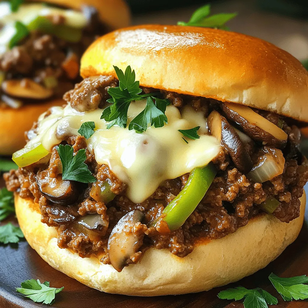 To make Philly Cheesesteak Sloppy Joes, gather these key ingredients: - 1 lb ground beef - 1 green bell pepper, diced - 1 small onion, finely chopped - 2 cloves garlic, minced - 1 cup mushrooms, diced - 1 tablespoon Worcestershire sauce - 1 teaspoon salt - 1/2 teaspoon black pepper - 1/2 teaspoon smoked paprika - 1 cup provolone cheese, shredded - 4 hamburger buns - 2 tablespoons olive oil Adding a garnish can elevate your dish. Here are some tasty options: - Fresh parsley, chopped - Sliced jalapeños for heat - Pickles for crunch Using the right tools makes cooking easier. Here’s what you need: - Large skillet - Spatula - Knife and cutting board - Measuring spoons and cups - Lid for the skillet These ingredients, garnishes, and tools will set you up for success. Check out the Full Recipe for more details on how to put it all together! Start by gathering all your ingredients. You need a green bell pepper, a small onion, garlic, and mushrooms. Dice the bell pepper and chop the onion into small pieces. Mince the garlic to release its flavor. Then, chop the mushrooms into small bits. Each veggie brings its own taste to the dish. Heat the olive oil in a large skillet over medium heat. Add the diced onion and green bell pepper. Sauté them for about 3-4 minutes. This step makes them tender and sweet. Next, add the minced garlic and diced mushrooms. Cook for another 2-3 minutes until the mushrooms soften. Now, increase the heat to medium-high and add the ground beef. Break it apart with a spatula. Cook it until it turns brown, about 5-7 minutes. After that, drain any fat from the skillet. Stir in Worcestershire sauce, salt, black pepper, and smoked paprika. Mix well to blend all the flavors. Lower the heat and sprinkle shredded provolone cheese over the beef mixture. Cover the skillet with a lid for 2-3 minutes. This lets the cheese melt nicely. If you like a crunchy bun, toast the hamburger buns while the cheese melts. Once the cheese is gooey, spoon the cheesy beef mixture onto the bottom half of each bun. Finally, place the top half of the bun over the filling. Garnish with fresh parsley for a pop of color. Enjoy your Philly cheesesteak sloppy joes! For the full recipe, check out the details provided earlier. To boost the flavor of your Philly cheesesteak sloppy joes, use fresh ingredients. Fresh herbs like parsley add bright notes. You can also try adding a splash of hot sauce for a kick. Mixing in some cheese whiz can give it that classic Philly taste. To melt cheese perfectly, keep it on low heat. After adding provolone, cover the skillet. This traps steam and helps the cheese melt evenly. You can also use a mix of cheeses for more depth. For a gooey texture, add a bit of cream cheese. Chop your veggies ahead of time to save minutes during cooking. You can even prep the beef mixture ahead and store it in the fridge. This makes dinner quick. Use pre-sliced cheese to cut down on prep time. You can also toast the buns while the beef cooks for a crunchier bite. For the full recipe, check the [Full Recipe]. {{image_2}} You can make a tasty vegetarian version of Philly Cheesesteak Sloppy Joes. Swap the ground beef for lentils or black beans. Both options work well. Use diced portobello mushrooms for a meaty texture. Add the same veggies, like bell peppers and onions, to keep the flavor strong. Melt some vegan cheese on top to keep it cheesy and delicious. If you're not into beef, there are many options. Ground turkey or chicken are great substitutes. They provide a leaner choice while still being juicy. For a unique twist, try shredded pulled pork. It adds a smoky flavor that pairs well with the cheese. Just adjust the cooking time to ensure everything heats through properly. Want more kick in your Sloppy Joes? You can add spicy elements easily. Mix in some diced jalapeños or crushed red pepper flakes. Both add heat without overpowering the dish. If you like a smoky flavor, try adding chipotle sauce. It gives a nice depth of flavor that warms the palate. Just remember to adjust the amount to your spice level! Storing your Philly cheesesteak sloppy joes is easy. First, let the mixture cool down. Then, place it in an airtight container. It will keep in the fridge for up to four days. Make sure to separate the buns if you have any left. This will keep them from getting soggy. When you are ready to eat leftovers, reheat them on the stove. Use a medium heat to warm the mixture. Stir it often to heat evenly. If you prefer, you can use the microwave. Place the mixture in a bowl and cover it. Heat for about one to two minutes. Check and stir halfway through to ensure it heats well. You can freeze Philly cheesesteak sloppy joes for later. First, let the mixture cool completely. Then, put it in a freezer-safe container. It will last up to three months in the freezer. When you want to eat it, thaw it overnight in the fridge. Reheat as mentioned before. This makes dinner quick and easy! For the full recipe, check out the details above. Philly Cheesesteak Sloppy Joes mix two popular dishes. The Philly cheesesteak comes from Philadelphia. It started in the 1930s with a simple steak sandwich. The sloppy joe is a classic American dish, known for its messy, beefy goodness. Combining these dishes is fun and tasty. It brings the rich flavors of both together in one bite. You get the savory beef, melted cheese, and fresh veggies. This dish is a twist on the original, perfect for casual meals. Yes, you can make this recipe ahead of time. Cook the beef mixture and store it in the fridge. It stays fresh for up to three days. When you're ready to eat, just reheat it in a skillet. You can also microwave it, but the skillet keeps it tasty. Toast the buns fresh for the best texture. Making it ahead saves time on busy nights. You can make this dish healthier with a few easy swaps. Use lean ground turkey or chicken instead of beef. This cuts down on fat and calories. You can add more veggies, like spinach or zucchini, for extra nutrients. Try whole-grain buns to boost fiber. Another option is to use low-fat cheese or skip it altogether. Each change makes the dish lighter but still delicious. Enjoy your meal without the guilt! This blog post covered the key ingredients, step-by-step instructions, and helpful tips for making Philly Cheesesteak Sloppy Joes. You learned about essential ingredients and optional garnishes, and I shared useful kitchen tools. We discussed variations like vegetarian options and ways to store your dish. Remember, cooking should be fun and creative. Don’t hesitate to make this recipe your own! Enjoy the process and share your delicious results with others.