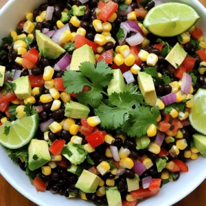 - 1 can (15 oz) black beans, rinsed and drained - 2 cups corn kernels (fresh or frozen) - 1 red bell pepper, diced - 1/2 red onion, finely chopped - 1 avocado, diced - 1/4 cup fresh cilantro, chopped - 3 tablespoons olive oil - 2 tablespoons lime juice - 1 teaspoon cumin - 1/2 teaspoon smoked paprika - Salt and pepper to taste When I make black bean corn salad, I focus on fresh, colorful ingredients. Each ingredient adds great flavor and texture. The black beans give protein and fiber. Corn adds a sweet crunch. The bell pepper and red onion bring color and a bit of spice. The avocado gives creaminess, making the salad feel rich. Fresh cilantro adds a bright note that lifts the dish. Olive oil and lime juice make a simple yet tasty dressing. Cumin and smoked paprika warm the flavors, giving depth. Each serving has about 200 calories. You get a good dose of fiber, protein, and healthy fats. Black beans pack protein and fiber, while corn gives you vitamins and minerals. Black beans are great for heart health. They lower cholesterol and keep you full. Corn is full of nutrients like vitamin C and magnesium. It helps with digestion and adds energy. Mixing the salad ingredients Start with a large bowl. Add the rinsed black beans and corn kernels. Next, toss in the diced red bell pepper, chopped red onion, and diced avocado. Make sure to mix these fresh ingredients gently to keep the avocado intact. Making the dressing In a separate small bowl, whisk together the olive oil, lime juice, cumin, smoked paprika, salt, and pepper. This dressing adds a zesty kick to the salad. Mix until well combined, and then pour it over the salad mixture. Layering vs. mixing methods You can layer the ingredients for a pretty presentation or mix them for a more uniform look. I prefer mixing to ensure every bite is full of flavor. Just be gentle when tossing to keep the avocado pieces whole. Recommended serving temperature Serve the salad chilled or at room temperature. Both options work well, but a slight chill enhances the flavors. Time to let flavors meld Let the salad sit for about 10 minutes after mixing. This short wait allows the flavors to blend together beautifully. If you want to make it ahead of time, you can prepare the salad, but add the avocado last to keep it fresh. For the full recipe, refer to the section above. Enjoy your Black Bean Corn Salad! For a twist on lime juice, you can try lemon juice. It adds a bright note with a different zing. You can also use vinegar, like apple cider vinegar, for a tangy kick. Each option gives the salad a fresh taste. Herbs can change your salad's flavor too. While cilantro is great, try fresh parsley or basil for a new vibe. Chopped green onions or dill also work well. Each herb brings its own flair. A large white bowl makes the colors pop. Serve the salad in this bowl for a stunning look. You can layer the ingredients too. Start with black beans, then corn, and top with avocado. This creates a colorful display. Garnishes add freshness and style. Use extra cilantro leaves, lime wedges, or diced avocado on top. These little touches make your salad even more inviting. To store leftovers, use airtight containers. This keeps the salad fresh in the fridge. It will last for about three days. If you see any browning on the avocado, just remove it. Reheating is not needed for this salad. Instead, repurpose it. Add it to tacos, or mix it with cooked rice for a new dish. The flavors stay vibrant even after a day in the fridge. {{image_2}} You can easily modify your black bean corn salad. Try adding jalapeño for a spicy kick. Diced cucumber adds a refreshing crunch. For a heartier salad, mix in cooked chicken or shrimp. These changes keep the salad exciting and flavorful. This salad is naturally vegan. All the ingredients are plant-based. If you want gluten-free options, you can enjoy the salad as is. It fits many diets. Feel free to check labels on canned goods to ensure they are gluten-free. In summer, use fresh corn and local tomatoes for a bright taste. You can even add diced mango for sweetness. For winter, swap in roasted vegetables like butternut squash. This keeps the salad warm and comforting. Seasonal changes make it fun to explore different flavors. Enjoy the fresh taste all year! To keep your Black Bean Corn Salad fresh, use an airtight container. This helps seal in flavors and keeps ingredients crisp. In the fridge, your salad lasts about 3 to 5 days. Make sure to check for any signs of spoilage before eating. You can freeze this salad, but it may change texture. To freeze, place the salad in a freezer-safe bag, pressing out excess air. When you're ready to eat, thaw it overnight in the fridge. To maintain flavor, avoid freezing avocado and fresh herbs, as they do not freeze well. Instead, add these after you thaw the salad. If you have leftovers, don't worry! You can use the salad in many ways. Try adding it to tacos or burritos for a tasty filling. It also works well as a topping for grilled chicken or fish. Pairing it with tortilla chips makes a great snack too. The vibrant flavors and textures will bring any meal to life! For the full recipe, check back to make this delightful dish again. Black Bean Corn Salad stays fresh for about 3 to 5 days in the fridge. Make sure you store it in an airtight container. This helps keep the flavors bright and tasty. If you notice any wilting or odd smells, it’s time to toss it. Always check for freshness before eating. Yes, you can make this salad ahead of time. I suggest preparing it a few hours before serving. This gives the flavors time to mix well. You can also prep the ingredients and store them separately. Combine everything just before serving to keep the avocado from browning. You can easily customize this recipe to suit your taste. Here are some ideas: - Add jalapeños for heat. - Swap in cherry tomatoes for sweetness. - Use lime zest for extra citrus flavor. - Add cooked chicken or shrimp for protein. Feel free to play around with ingredients to create your perfect Black Bean Corn Salad! For the full recipe, check out the earlier section. In this blog post, we explored a tasty black bean corn salad. We covered key ingredients, nutritional benefits, and step-by-step preparation. You learned how to enhance flavors and present the dish beautifully. We also shared storage tips and variations for different diets. This salad is fresh, healthy, and easy to make. You can customize it to fit your taste. Try it out today for a nutritious boost! Enjoy the flavors and make it your own.
