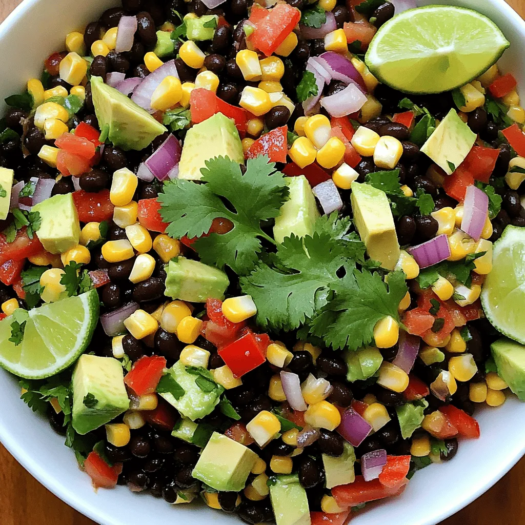 - 1 can (15 oz) black beans, rinsed and drained - 2 cups corn kernels (fresh or frozen) - 1 red bell pepper, diced - 1/2 red onion, finely chopped - 1 avocado, diced - 1/4 cup fresh cilantro, chopped - 3 tablespoons olive oil - 2 tablespoons lime juice - 1 teaspoon cumin - 1/2 teaspoon smoked paprika - Salt and pepper to taste When I make black bean corn salad, I focus on fresh, colorful ingredients. Each ingredient adds great flavor and texture. The black beans give protein and fiber. Corn adds a sweet crunch. The bell pepper and red onion bring color and a bit of spice. The avocado gives creaminess, making the salad feel rich. Fresh cilantro adds a bright note that lifts the dish. Olive oil and lime juice make a simple yet tasty dressing. Cumin and smoked paprika warm the flavors, giving depth. Each serving has about 200 calories. You get a good dose of fiber, protein, and healthy fats. Black beans pack protein and fiber, while corn gives you vitamins and minerals. Black beans are great for heart health. They lower cholesterol and keep you full. Corn is full of nutrients like vitamin C and magnesium. It helps with digestion and adds energy. Mixing the salad ingredients Start with a large bowl. Add the rinsed black beans and corn kernels. Next, toss in the diced red bell pepper, chopped red onion, and diced avocado. Make sure to mix these fresh ingredients gently to keep the avocado intact. Making the dressing In a separate small bowl, whisk together the olive oil, lime juice, cumin, smoked paprika, salt, and pepper. This dressing adds a zesty kick to the salad. Mix until well combined, and then pour it over the salad mixture. Layering vs. mixing methods You can layer the ingredients for a pretty presentation or mix them for a more uniform look. I prefer mixing to ensure every bite is full of flavor. Just be gentle when tossing to keep the avocado pieces whole. Recommended serving temperature Serve the salad chilled or at room temperature. Both options work well, but a slight chill enhances the flavors. Time to let flavors meld Let the salad sit for about 10 minutes after mixing. This short wait allows the flavors to blend together beautifully. If you want to make it ahead of time, you can prepare the salad, but add the avocado last to keep it fresh. For the full recipe, refer to the section above. Enjoy your Black Bean Corn Salad! For a twist on lime juice, you can try lemon juice. It adds a bright note with a different zing. You can also use vinegar, like apple cider vinegar, for a tangy kick. Each option gives the salad a fresh taste. Herbs can change your salad's flavor too. While cilantro is great, try fresh parsley or basil for a new vibe. Chopped green onions or dill also work well. Each herb brings its own flair. A large white bowl makes the colors pop. Serve the salad in this bowl for a stunning look. You can layer the ingredients too. Start with black beans, then corn, and top with avocado. This creates a colorful display. Garnishes add freshness and style. Use extra cilantro leaves, lime wedges, or diced avocado on top. These little touches make your salad even more inviting. To store leftovers, use airtight containers. This keeps the salad fresh in the fridge. It will last for about three days. If you see any browning on the avocado, just remove it. Reheating is not needed for this salad. Instead, repurpose it. Add it to tacos, or mix it with cooked rice for a new dish. The flavors stay vibrant even after a day in the fridge. {{image_2}} You can easily modify your black bean corn salad. Try adding jalapeño for a spicy kick. Diced cucumber adds a refreshing crunch. For a heartier salad, mix in cooked chicken or shrimp. These changes keep the salad exciting and flavorful. This salad is naturally vegan. All the ingredients are plant-based. If you want gluten-free options, you can enjoy the salad as is. It fits many diets. Feel free to check labels on canned goods to ensure they are gluten-free. In summer, use fresh corn and local tomatoes for a bright taste. You can even add diced mango for sweetness. For winter, swap in roasted vegetables like butternut squash. This keeps the salad warm and comforting. Seasonal changes make it fun to explore different flavors. Enjoy the fresh taste all year! To keep your Black Bean Corn Salad fresh, use an airtight container. This helps seal in flavors and keeps ingredients crisp. In the fridge, your salad lasts about 3 to 5 days. Make sure to check for any signs of spoilage before eating. You can freeze this salad, but it may change texture. To freeze, place the salad in a freezer-safe bag, pressing out excess air. When you're ready to eat, thaw it overnight in the fridge. To maintain flavor, avoid freezing avocado and fresh herbs, as they do not freeze well. Instead, add these after you thaw the salad. If you have leftovers, don't worry! You can use the salad in many ways. Try adding it to tacos or burritos for a tasty filling. It also works well as a topping for grilled chicken or fish. Pairing it with tortilla chips makes a great snack too. The vibrant flavors and textures will bring any meal to life! For the full recipe, check back to make this delightful dish again. Black Bean Corn Salad stays fresh for about 3 to 5 days in the fridge. Make sure you store it in an airtight container. This helps keep the flavors bright and tasty. If you notice any wilting or odd smells, it’s time to toss it. Always check for freshness before eating. Yes, you can make this salad ahead of time. I suggest preparing it a few hours before serving. This gives the flavors time to mix well. You can also prep the ingredients and store them separately. Combine everything just before serving to keep the avocado from browning. You can easily customize this recipe to suit your taste. Here are some ideas: - Add jalapeños for heat. - Swap in cherry tomatoes for sweetness. - Use lime zest for extra citrus flavor. - Add cooked chicken or shrimp for protein. Feel free to play around with ingredients to create your perfect Black Bean Corn Salad! For the full recipe, check out the earlier section. In this blog post, we explored a tasty black bean corn salad. We covered key ingredients, nutritional benefits, and step-by-step preparation. You learned how to enhance flavors and present the dish beautifully. We also shared storage tips and variations for different diets. This salad is fresh, healthy, and easy to make. You can customize it to fit your taste. Try it out today for a nutritious boost! Enjoy the flavors and make it your own.
