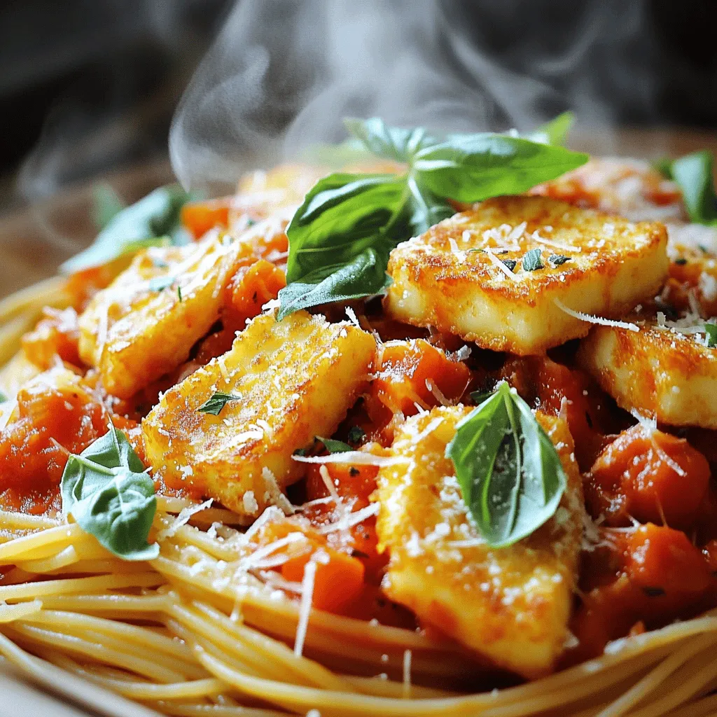 To make your Easy Halloumi Pasta with Rich Tomato Sauce, you'll need a few simple ingredients. Gather these items to create a tasty dish that pleases everyone. - 250g spaghetti or pasta of your choice - 200g halloumi cheese, sliced - 1 can (400g) diced tomatoes - 1 small onion, finely chopped - 2 cloves garlic, minced - 1 tablespoon olive oil - 1 teaspoon dried oregano - 1 teaspoon sugar - Salt and pepper to taste - Fresh basil leaves, for garnish - Grated Parmesan cheese (optional, for serving) These ingredients make a rich and flavorful meal. The halloumi cheese adds a lovely texture and taste. Diced tomatoes form the base of the sauce, creating a delicious harmony with garlic and onion. You can switch the pasta type if you prefer. Each option brings its unique charm to the dish. When picking halloumi, look for a firm texture. It should not be too soft. Fresh basil leaves add a bright finish to your plate. Grated Parmesan cheese can elevate the dish, giving it that extra touch. For the full recipe, check out the cooking instructions that follow. Enjoy cooking and savor every bite of this delightful meal! To start, boil some salted water in a large pot. This will help season the pasta. Add your spaghetti or pasta of choice and cook it. Follow the package instructions until the pasta is al dente. This means it should be firm to the bite, not mushy. When done, save ½ cup of the pasta water. Then, drain the pasta and set it aside. Next, heat a non-stick skillet over medium heat. Pour in some olive oil and let it warm up. Add the sliced halloumi to the skillet. Cook it for 2-3 minutes on each side. You want it to be golden brown and crispy. Once it's done, take it out of the skillet and set it aside. Now, let’s make the sauce. In the same skillet, add the finely chopped onion. Sauté it for about 3-4 minutes until it softens. Then, add the minced garlic and cook for another minute. This will make your kitchen smell amazing! After that, pour in the canned diced tomatoes. Add the oregano, sugar, salt, and pepper. Stir everything together and let the sauce simmer for 10-15 minutes. This will help it thicken slightly. It’s time to combine everything. Add the cooked pasta to the sauce in the skillet. If the sauce seems too thick, add some of the reserved pasta water. Toss everything gently so the pasta gets coated well with the sauce. To serve, plate the pasta first. Top it off with the crispy halloumi slices. For a fresh touch, garnish with basil leaves. If you like, you can also sprinkle some grated Parmesan cheese on top. This adds a nice flavor and makes the dish look even better. Enjoy your Easy Halloumi Pasta with Rich Tomato Sauce! For the full recipe, check out the earlier section. To keep halloumi crispy, cook it at medium heat. If the heat is too low, it will absorb too much moisture. Use a non-stick skillet for the best results. This helps achieve a nice golden crust without sticking. You can grill or bake halloumi as well. Grilling gives it a smoky flavor, while baking keeps it firm. Both methods work well in this dish. Just slice the cheese and cook until golden. For a richer taste, add a pinch of red pepper flakes. This brings a hint of heat. You can also mix in fresh herbs like thyme or parsley. They add brightness to the sauce and enhance the overall flavor. Consider adding bell peppers or zucchini to the sauce. Chopped mushrooms also work great. This adds texture and makes the dish more colorful. Sauté them with onions for a tasty base. Cook the pasta until al dente, which means firm to the bite. This helps it hold up in the sauce. Reserve some pasta water to adjust the sauce later if needed. This water has starch that helps the sauce cling better. When draining the pasta, do not rinse it. Rinsing removes the starch that helps the sauce stick. Just let it drain and then mix it directly into the sauce. This makes every bite flavorful. This recipe is all about balance and flavor. You can find the full recipe [here](#). {{image_2}} Incorporating spinach or kale is an easy way to boost nutrition. These greens add color and flavor to your dish. Simply add a handful while making the sauce. Cook until wilted, then mix in with the pasta. This adds a fresh taste and makes your meal even healthier. Adding chicken or shrimp gives extra protein to your meal. If you choose chicken, grill or pan-sear it first. Cut it into bite-sized pieces and toss it in with the pasta. For shrimp, sauté them in olive oil until they turn pink. Both options work well with the rich tomato sauce. If you're gluten-free, you can swap traditional pasta for gluten-free options. Many great brands offer tasty gluten-free pasta. It cooks similarly and holds the sauce well. Whole wheat pasta is another choice. It has more fiber and a nutty flavor. Both alternatives keep your dish delicious and satisfying. You can find the full recipe at the beginning of this article. Best Practices for Storing After enjoying your Easy Halloumi Pasta with Rich Tomato Sauce, let any leftovers cool down. Place them in an airtight container. This keeps the flavors fresh and prevents drying out. You can also cover the pasta tightly with plastic wrap. Timeframe for Enjoyment You can store your pasta in the fridge for up to three days. Eating it within this time ensures the best taste and quality. After three days, the sauce may lose its flavor and texture. Methods for Maintaining Texture To keep your pasta tasty, avoid high heat when reheating. Use low to medium heat. This helps preserve the halloumi's crispy texture. If it gets too hot, the cheese may turn rubbery. Microwave vs. Stovetop Microwaving is quick but might not give the best results. If you choose this method, cover the dish to prevent drying out. Heat in short bursts, stirring in between. The stovetop method is better for texture. Heat the pasta gently in a pan, adding a splash of water if needed. This keeps the sauce moist and flavorful. Remember to enjoy your Easy Halloumi Pasta with Rich Tomato Sauce while it's still fresh! It takes about 30 minutes in total to make this dish. You spend around 10 minutes preparing the ingredients. The cooking time is about 20 minutes. This quick time makes it great for busy nights. Yes, you can! If you don't have halloumi, try these options: - Feta cheese for a tangy flavor - Paneer for a mild taste - Mozzarella for creaminess Each cheese will change the dish’s flavor, so pick what you like. This dish pairs well with many sides, such as: - A simple green salad - Garlic bread for dipping - Roasted vegetables for extra nutrition These sides add variety and balance to your meal. Yes, it is perfect for meal prep! Here are some tips: - Cook the pasta and sauce in advance. - Store them separately in airtight containers. - Reheat when ready to eat for the best texture. This way, you save time and enjoy tasty meals all week. You can use any pasta you like! I recommend: - Spaghetti for a classic taste - Penne for a fun bite - Fusilli for holding the sauce well Pick your favorite, and enjoy the rich tomato sauce with it. For the full recipe, check the section above! This blog post guided you through making easy halloumi pasta with rich tomato sauce. We covered the ingredients, cooking techniques, and tips to enhance flavor. You learned how to achieve the right halloumi texture and pasta consistency. Don’t forget to explore variations for unique meals and storage tips for leftovers. Cooking can be simple and fun. Enjoy creating your dish! The process is as rewarding as the tasty result. Your kitchen will become a place of joy. Happy cooking!