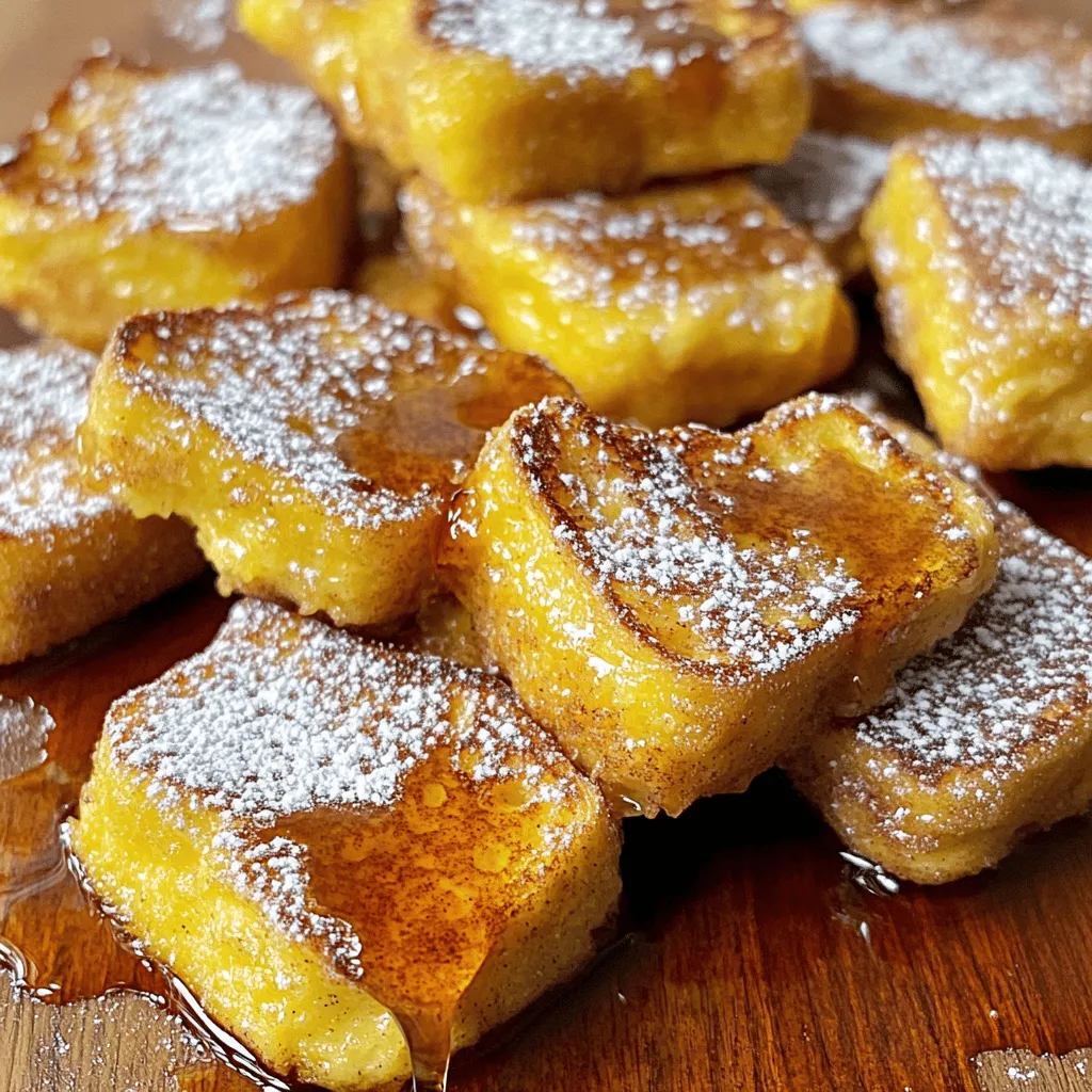 - 1 can (12 oz) refrigerated cinnamon rolls - 4 large eggs - 1/2 cup milk - 1 teaspoon vanilla extract - 1 teaspoon ground cinnamon - 1/4 cup granulated sugar - 2 tablespoons butter (for cooking) - Maple syrup (for serving) - Powdered sugar (for dusting) To make these tasty bites, you start with the main ingredients. The refrigerated cinnamon rolls are the star of the show. They provide that soft, sweet base. Then, you mix eggs, milk, and vanilla to create a rich custard. Ground cinnamon adds warmth and flavor, while sugar gives sweetness. Butter helps create that golden crust when cooking. - Fresh fruit toppings (e.g., berries, bananas) - Whipped cream - Nuts or chocolate chips Adding optional ingredients gives you more ways to enjoy these bites. Fresh fruit can brighten the dish and add a juicy texture. Whipped cream adds creaminess for a decadent touch. Nuts or chocolate chips can give a fun crunch or sweetness. These extras let you customize your breakfast treat to your taste. For the full recipe, check out the details on how to bring these bites to life! - Preheat your oven to 375°F (190°C). - Prepare a baking sheet lined with parchment paper. - In a large bowl, whisk together: - 4 large eggs - 1/2 cup milk - 1 teaspoon vanilla extract - 1/4 cup granulated sugar - 1 teaspoon ground cinnamon - Add the quartered cinnamon rolls to the egg mixture. - Ensure each piece is well-coated, then let them sit for about 5-10 minutes. - Heat a non-stick skillet over medium heat and melt 2 tablespoons of butter. - Use a fork or tongs to place each coated cinnamon roll piece in the skillet. - Cook for 2-3 minutes on each side until they turn golden brown and slightly crispy. - Transfer the cooked bites to the prepared baking sheet. - Bake in the preheated oven for about 10 minutes to set and fluff them up. - Remove from the oven and allow to cool slightly before serving. Enjoy these bites with powdered sugar dusted on top and a drizzle of maple syrup. For the full recipe, check out the recipe link. To get that perfect golden-brown color, keep an eye on your skillet. Start with medium heat. This temperature allows the bites to cook evenly without burning. Flip them when you see a nice, rich color on one side. For the best results, use a non-stick skillet. This makes cooking easier and helps prevent sticking. If you notice the bites are browning too fast, lower the heat a bit. Adjusting the heat helps cook the inside well without burning the outside. Maple syrup is the top choice for serving your bites. Its sweet flavor pairs well with cinnamon. You can also try flavored syrups like caramel or vanilla. These give a fun twist to the meal. For garnishing, a light dusting of powdered sugar looks lovely. You can add fresh berries or banana slices for color and extra taste. Nuts can add crunch, while whipped cream gives a rich finish. These simple touches make your Cinnamon Roll French Toast Bites even more delightful. For the full recipe, check out the [Full Recipe]. {{image_2}} You can change the taste of your Cinnamon Roll French Toast Bites easily. Try using different extracts. Almond or maple extracts can add a unique twist. Just a few drops will give your bites a new layer of flavor. You can also explore different types of cinnamon rolls. For example, cream cheese-filled rolls can add creaminess and richness to the dish. It’s a fun way to make this treat your own. If you need gluten-free options, look for gluten-free cinnamon rolls. Many brands offer these in stores. Using eggs and milk alternatives can make this recipe vegan. Try almond milk or soy milk instead of regular milk. You can use flaxseed meal mixed with water as a substitute for eggs. This way, you can enjoy the deliciousness of Cinnamon Roll French Toast Bites, no matter your diet. To keep your cinnamon roll French toast bites fresh, place them in an airtight container. This helps to prevent them from drying out. You can store them in the fridge for up to 3 days. If you want to keep them longer, consider freezing them for up to 2 months. Just make sure to wrap them well to avoid freezer burn. When it's time to enjoy your leftovers, you have a couple of good options. If you prefer the oven, preheat it to 350°F (175°C). Place the bites on a baking sheet and cover them with foil. Heat for about 10-15 minutes or until warm. If you're short on time, the microwave works too. Place a few bites on a plate and cover them with a damp paper towel. Heat in 30-second intervals until warm. Be careful not to overheat, as this can make them tough. These tips help keep your bites fluffy and tasty, just like when they were fresh! Can I make Cinnamon Roll French Toast Bites ahead of time? Yes, you can prepare the bites ahead of time. After cooking, let them cool. Store them in the fridge for up to two days. When ready to eat, reheat them in the oven. This keeps them warm and soft. What can I substitute for eggs in the recipe? You can use a few options. Mashed bananas work well. Use 1/4 cup of mashed banana for each egg. Applesauce is another choice. Use 1/4 cup of applesauce per egg. These options keep your bites moist and tasty. How do I ensure the cinnamon rolls are cooked all the way through? To cook the rolls fully, follow these steps. First, cut the cinnamon rolls into quarters. This helps them cook evenly. Cook them in the skillet until golden brown, about 2-3 minutes per side. Finally, bake them in the oven for 10 minutes. This ensures they are fluffy and fully cooked. Can I use frozen cinnamon rolls instead of refrigerated? Yes, frozen cinnamon rolls can work. Just thaw them first. Leave them in the fridge overnight to soften. Once soft, cut them into quarters and follow the recipe. They will taste just as good! For the full recipe, check out the provided link. Cinnamon Roll French Toast Bites are easy and fun to make. You combine simple ingredients, follow clear steps, and can add your favorite toppings. Remember to try different flavors and adjust for any diets. Store leftovers properly to enjoy later. With these tips, you can create a tasty dish that everyone will love. Enjoy your cooking and experimenting with this enjoyable recipe!