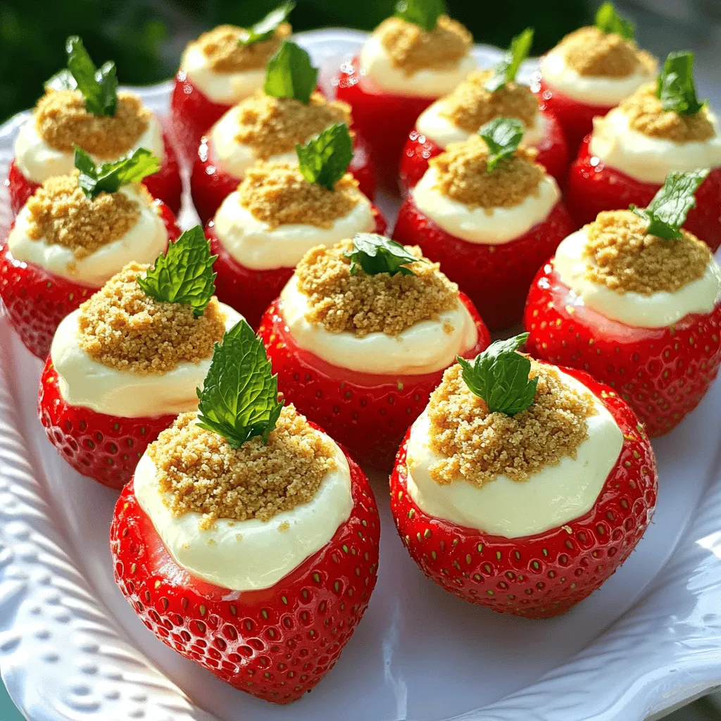 To make Cheesecake Deviled Strawberries, you need simple and fresh items. Here’s what you will need: - 12 large fresh strawberries - 8 oz cream cheese, softened - 1/4 cup powdered sugar - 1 teaspoon vanilla extract - 1/4 cup graham cracker crumbs - Zest of 1 lemon - Pinch of salt These ingredients create a creamy and sweet filling that pairs perfectly with strawberries. The cream cheese adds richness, while the lemon zest gives a bright, fresh taste. While the strawberries are great on their own, you can add some fun touches. Consider these optional garnishes: - Fresh mint leaves - Extra graham cracker crumbs - A drizzle of chocolate or caramel These add color and extra flavor to your treat. They also make your dessert look fancy! Having the right tools makes the process easy. Here are some helpful items: - Mixing bowl - Hand mixer or whisk - Small paring knife or melon baller - Piping bag or small spoon - Serving platter Using these tools will help you prepare and serve your Cheesecake Deviled Strawberries like a pro! For the full recipe, you can refer to the recipe list above. First, you need to wash the strawberries. Rinse them under cold water and pat them dry with a paper towel. Next, cut off the green tops. Be careful here! You want to keep the base intact. Now, take a small paring knife or a melon baller to hollow out the insides. Make sure to leave enough strawberry around the sides. This gives you a nice shell to hold the filling. In a mixing bowl, add the softened cream cheese. Then, pour in the powdered sugar and vanilla extract. Don’t forget the lemon zest and a pinch of salt! Mix these ingredients well. You want a smooth and creamy texture. A hand mixer works best, but a whisk will do. Once smooth, gently fold in the graham cracker crumbs. This gives a nice cheesecake texture to the filling. Now it’s time to fill the strawberries. Use a piping bag or a small spoon for this. Fill each hollowed strawberry generously. You want a good amount of that delicious cheesecake filling in every bite! After filling them all, place the strawberries on a serving platter. If you like, sprinkle some graham cracker crumbs on top for extra crunch. For a finishing touch, add fresh mint leaves on top. They look pretty and add a nice flavor. Enjoy your Cheesecake Deviled Strawberries! For the complete recipe, check the Full Recipe section. When picking strawberries, look for bright red color. The berries should feel firm but not hard. Check for a shiny skin without bruises or dark spots. Fresh strawberries smell sweet. Always choose berries with green leaves. They should not be wilted or brown. To make a smooth cheesecake filling, start with room temperature cream cheese. Cold cream cheese can make lumps in your mix. Blend well until it’s creamy. Use a hand mixer or a whisk for best results. Add powdered sugar and vanilla extract next. Mix until fully combined. This will give you a silky texture that fills the strawberries perfectly. To make your dessert look great, use a nice serving platter. Place the filled strawberries neatly on it. You can sprinkle graham cracker crumbs on top for extra flair. Garnishing with fresh mint leaves adds color and freshness. Lay the leaves near each strawberry. This will make your dish eye-catching and fun. For the full recipe, check the earlier section. {{image_2}} You can easily change the flavor of your cheesecake filling. Try adding chocolate or caramel for a sweet twist. Mix in melted chocolate chips or a swirl of caramel sauce. This will give your strawberries a rich taste. You can also use flavored extracts like almond or coconut. These small changes can add a big impact. While strawberries are great, you can use other fruits too. Ripe blueberries or raspberries work well. Other options include hollowed-out peaches or plums. Each fruit brings its own flavor and look. This gives you many ways to enjoy this treat. Think about what fruits are in season for the best taste. If you want a lighter treat, try using low-fat cream cheese. This keeps the same creamy texture but cuts down on calories. You can also use Greek yogurt for a different take. It adds a nice tanginess while still being rich. For a dairy-free option, look for vegan cream cheese. These choices make this recipe fit many diets. To keep your cheesecake deviled strawberries fresh, store them in an airtight container. Place parchment paper between layers to avoid sticking. Keep the container in the fridge. This helps maintain their flavor and texture. Avoid storing them at room temperature, as they spoil quickly. These tasty treats stay fresh in the fridge for up to two days. After that, the strawberries may lose their crunch. The cheesecake filling also may start to separate. For the best taste, enjoy them within this time frame. I do not recommend freezing cheesecake deviled strawberries. The strawberries lose their texture when thawed. However, you can freeze the cheesecake filling. Just store it in a sealed container or a freezer bag. When ready to use, thaw it in the fridge, then fill fresh strawberries. This way, you enjoy the best taste and texture! Yes, you can make Cheesecake Deviled Strawberries ahead of time. Prepare them a few hours in advance. Store them in the fridge to keep them fresh. This way, they stay cool and ready to enjoy. Just make sure not to fill them too early. The strawberries might get soggy if filled too soon. You can use other fruits like blueberries, raspberries, or peaches. These fruits add a unique twist. They also pair well with the cream cheese filling. For a fun mix, try using a variety of fruits. This adds color and flavor to your plate. To prevent strawberries from leaking, hollow them out carefully. Avoid cutting too deep into the sides. Use fresh strawberries that are firm and dry. If you fill them right before serving, they’ll stay intact. You can also place them in the fridge until serving time. Enjoy your Cheesecake Deviled Strawberries! For the complete recipe, check the Full Recipe. You learned how to make Cheesecake Deviled Strawberries using simple steps. We covered key ingredients, tools, and tasty variations to suit your taste. I shared tips for fresh strawberries and smooth filling, plus storage options for leftovers. These delightful treats are easy to prepare and sure to impress. Enjoy experimenting with flavors and garnishes to make them your own. Get ready to share these delicious bites with friends and family!