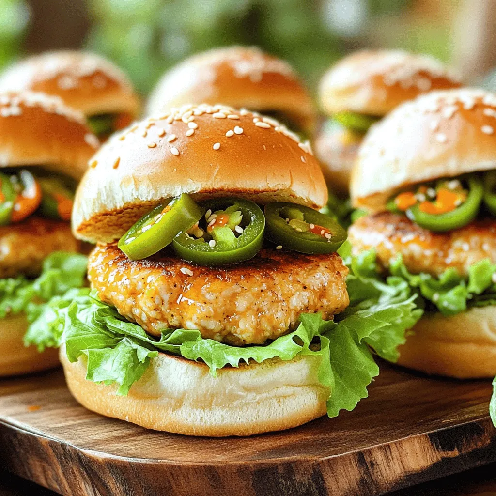 To make Bang Bang Chicken Sliders, you need fresh ingredients. Here’s what you will use: - 1 pound ground chicken - 1/4 cup green onion, finely chopped - 1/4 cup breadcrumbs - 1 egg - 1 teaspoon garlic powder - 1 teaspoon onion powder - 1 teaspoon paprika - Salt and pepper to taste - 1/2 cup mayonnaise - 2 tablespoons sweet chili sauce - 1 tablespoon sriracha (adjust to taste) - Slider buns - Lettuce leaves for topping - Pickled jalapeños for garnish (optional) These ingredients create a tasty mix. Each item adds flavor and texture. The ground chicken makes the sliders juicy. The spices give them a nice kick. You can find these items at any grocery store. Adding garnishes can make your sliders more fun. Here are some options to consider: - Sliced avocados for creaminess - Tomato slices for freshness - Cheese for extra richness - More sriracha for heat - Fresh herbs like cilantro for brightness Feel free to mix and match. These toppings can change the flavor and look of your sliders. Get creative and have fun with your choices. Using fresh ingredients makes a big difference. Here are some tips: - Buy ground chicken from a trusted source. Look for bright pink meat with no gray spots. - Choose green onions that are firm and green. Avoid any that look wilted. - Check the expiration dates on sauces and mayo. Fresh products taste better. - Store your toppings in the fridge until you are ready to use them. High-quality ingredients lead to better flavors. Always aim for the best when cooking. For the full recipe, check out the steps I shared earlier. Start by gathering your ingredients. In a bowl, mix the ground chicken, green onion, breadcrumbs, egg, garlic powder, onion powder, paprika, salt, and pepper. Use your hands to combine everything well. It should feel sticky but hold together. Next, shape the mix into small patties. You should make about eight patties. Heat a non-stick skillet over medium heat. Lightly coat it with oil. Place the patties in the skillet once it's hot. Cook each side for about 4-5 minutes. The patties should turn golden brown and be fully cooked. Use a meat thermometer to check. The inside should reach 165°F. While the chicken cooks, make the Bang Bang sauce. In a small bowl, combine mayonnaise, sweet chili sauce, and sriracha. Stir the mix until smooth. Taste it. If you want more heat, add more sriracha. This sauce will give your sliders a delicious kick. Now it’s time to build your sliders. Take a slider bun and spread a good amount of Bang Bang sauce on the bottom. Place a chicken patty on top of the sauce. Add a fresh lettuce leaf for crunch. If you like spice, add pickled jalapeños. Finally, cap your slider with the top bun. Serve them warm for the best taste. For a fancy touch, drizzle extra Bang Bang sauce on the platter. Enjoy your tasty treat! To make the best chicken patties, start with fresh ground chicken. Mix your ingredients well for flavor. Form the patties into equal sizes. This helps them cook evenly. Use medium heat on your skillet. This ensures a nice golden crust without burning. Cook each side for about 4-5 minutes. Check for doneness by cutting one in half. It should be fully cooked and juicy. Avoid overworking the meat mixture. This can make your patties tough. Also, don’t skip the breadcrumbs; they add texture. Make sure your skillet is hot but not smoking. Cooking at too high a heat can burn the outside while leaving the inside raw. Finally, resist the urge to flip the patties too soon. Let them brown properly for the best flavor. When serving your sliders, use a clean platter. Arrange the sliders neatly for a nice look. Drizzle extra Bang Bang sauce on top for added flair. You can sprinkle sesame seeds for color and crunch. For garnish, add fresh herbs or pickled jalapeños. This adds a pop of color and flavor. The first bite should be as pleasing to the eyes as it is to the taste buds. Enjoy your sliders fresh and warm! For the full recipe, check out the details above. {{image_2}} You can swap the ground chicken for other meats. Ground turkey works well and stays moist. If you prefer beef, use lean ground beef for a richer taste. For a lighter option, ground pork adds a nice flavor too. Each protein gives a unique twist to these sliders. If you want to make these sliders without meat, try using chickpeas. Mash cooked chickpeas and mix them with breadcrumbs and spices. Another great option is using black beans for a hearty texture. For a vegan spin, use flax eggs instead of regular eggs. These options still pack a delicious punch. To change the flavor, try adding spices. You can mix in cumin or coriander for a warm touch. For heat lovers, add more sriracha or red pepper flakes. You can also play with herbs like cilantro or basil. These small changes can bring a whole new vibe to your sliders. To keep your Bang Bang chicken sliders fresh, store them in an airtight container. Place wax paper between each slider to avoid sticking. This method helps keep the sliders from getting soggy. Store them in the fridge for up to three days. If you want to eat them later, freezing is a great option. When you’re ready to eat your leftover sliders, reheating them correctly is key. Preheat your oven to 350°F (175°C). Place the sliders on a baking sheet. Heat them for about 10-12 minutes until they are warm throughout. This method keeps the sliders crispy. Avoid using the microwave, as it can make the buns soft. To freeze your sliders, wrap each one in plastic wrap. Then, place them in a freezer bag. They can last up to three months in the freezer. When you want to enjoy them, let them thaw in the fridge overnight. Then, reheat in the oven for the best results. This way, you can enjoy your tasty treat anytime! For the full recipe, refer back to the earlier sections. Bang Bang Chicken Sliders are mini sandwiches filled with tasty chicken patties. They are spicy, sweet, and creamy. I mix ground chicken, spices, and green onions to make the patties. Then, I cook them until they are golden brown. I top each slider with a special Bang Bang sauce made from mayonnaise, sweet chili sauce, and sriracha. This combination gives them a unique kick. These sliders are perfect for parties or game days! Yes, you can make the sauce ahead of time. Mix the mayonnaise, sweet chili sauce, and sriracha in a bowl. Store the sauce in the fridge until you need it. This makes it easy to assemble your sliders quickly. Just remember to stir the sauce before using it, as it may separate a bit in the fridge. To change the heat level in your sliders, adjust the sriracha in the sauce. If you want less heat, use less sriracha. For more heat, add extra sriracha or even some hot sauce. You can also add spicy toppings like pickled jalapeños. This way, you can make the sliders as mild or spicy as you like! We explored how to make Bang Bang Chicken Sliders, from ingredients to storage tips. You learned about key ingredients, cooking steps, and how to present your sliders well. Don't forget the many variations you can try, like alternative proteins or spice levels. Remember to store leftovers properly and reheat them for the best taste. This dish is fun and easy to make. Now you can impress your friends and family with your cooking skills! Enjoy your sliders and happy cooking!