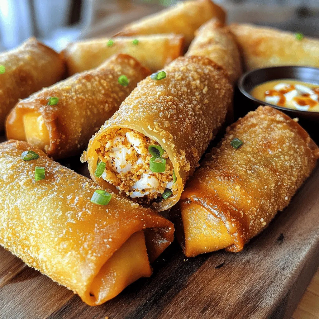 To create mouthwatering crab cake egg rolls, you need: - 8 oz lump crab meat - 1/4 cup breadcrumbs - 1/4 cup mayonnaise - 1 tablespoon Dijon mustard - 1 tablespoon Worcestershire sauce - 1 teaspoon lemon juice - 1/2 teaspoon Old Bay seasoning - 1/4 teaspoon black pepper - 1 green onion, finely chopped - 8 egg roll wrappers - Vegetable oil, for frying These main ingredients blend to form a creamy and delicious crab filling. The lump crab meat gives a sweet and tender bite. The breadcrumbs help bind it all together. You can add some optional ingredients to boost flavor: - 1/2 teaspoon garlic powder - 1/2 teaspoon onion powder - Hot sauce, to taste - Fresh herbs like parsley or dill These ingredients can add a nice twist. Garlic and onion powder work well with the crab. Hot sauce can give your egg rolls a spicy kick. To make your crab cake egg rolls, gather these tools: - Large mixing bowl - Skillet or deep fryer - Tongs or slotted spoon - Paper towels - Clean work surface for wrapping With the right tools, the process becomes smooth and easy. A skillet or deep fryer helps achieve that perfect crunch. Don’t forget the paper towels for draining excess oil after frying. For the complete recipe, check out the Full Recipe. Enjoy making these tasty treats! To create the crab mixture, gather a large mixing bowl. Add 8 oz of lump crab meat. Next, mix in 1/4 cup breadcrumbs, 1/4 cup mayonnaise, and 1 tablespoon of Dijon mustard. Then, pour in 1 tablespoon of Worcestershire sauce and 1 teaspoon of lemon juice. Sprinkle in 1/2 teaspoon of Old Bay seasoning and 1/4 teaspoon of black pepper. Finally, fold in 1 finely chopped green onion. Mix gently. You want to keep the crab chunks intact for great texture. Now, take an egg roll wrapper and lay it on a clean surface. Position one corner toward you. Spoon 2 tablespoons of the crab mixture into the center. Fold the bottom corner over the filling. Next, fold in the sides. Roll it up tightly. Use a bit of water to seal the edges. Repeat until you use all the crab mixture. This step is key for creating a nice, neat roll. Heat about an inch of vegetable oil in a large skillet over medium-high heat. Once the oil is hot, carefully add the egg rolls. Fry them in small batches to avoid crowding. Cook until they turn golden brown and crispy, about 3-4 minutes on each side. Once done, remove them using tongs and place on a paper towel-lined plate to drain any excess oil. For a tasty dip, try sweet chili sauce or spicy aioli. Enjoy the crunch! For the complete recipe, check out the Full Recipe. To get the best texture for your crab cake egg rolls, use fresh lump crab meat. Fresh crab meat gives a juicy and sweet flavor. Avoid over-mixing the crab mixture. Gently fold in ingredients to keep the meat chunky. This ensures a tender bite and a nice contrast with the crispy wrapper. For even frying, heat the oil to the right temperature. Use a deep skillet with enough oil to cover the rolls. Test the oil by dropping a small piece of the wrapper in. If it bubbles and rises, the oil is ready. Fry a few egg rolls at a time. This allows proper cooking and browning on all sides. Turn them gently so they cook evenly. Drain them on paper towels to remove excess oil. Pair your crab cake egg rolls with delicious dipping sauces. I recommend sweet chili sauce for a hint of sweetness. It complements the savory crab very well. A spicy aioli adds a nice kick, balancing the flavors beautifully. You can also try a tangy lemon sauce for a fresh twist. These sauces make the egg rolls even more enjoyable. For the full recipe, check the earlier section. {{image_2}} You can make a lighter version of crab cake egg rolls by baking them. Start by preheating your oven to 400°F. After you fill and roll the egg rolls, brush them lightly with olive oil. Place them on a baking sheet lined with parchment paper. Bake for about 20 minutes, flipping halfway through. This method gives you a crispy texture without frying. If you want a vegetarian take, use a mix of veggies. Try shredded carrots, zucchini, and mushrooms. You can also add some cream cheese for a rich flavor. Instead of crab meat, use a tofu or chickpea base. It keeps the texture creamy and satisfying. Season with spices like garlic powder and Old Bay to mimic the original taste. Feel free to get creative with flavors! You can add herbs like dill or cilantro for a fresh twist. A dash of hot sauce can spice things up. You might also mix in some cheese, like pepper jack or cheddar, for a cheesy kick. Experiment with different dipping sauces too, such as garlic aioli or a tangy remoulade. Check out the Full Recipe for more ideas. Store any leftover egg rolls in an airtight container. Place them in the fridge. They stay fresh for up to three days. Ensure they cool down before sealing them. This helps keep the texture crispy. To reheat, use an oven for the best results. Preheat your oven to 350°F (175°C). Place the egg rolls on a baking sheet. Heat them for about 10-15 minutes. This method keeps them crunchy. You can also use an air fryer. Set it to 350°F and cook for 5-7 minutes. If you want to freeze egg rolls, do it before frying. Wrap each egg roll tightly in plastic wrap. Place them in a freezer bag or container. They can last up to three months in the freezer. When ready to cook, just fry them straight from the freezer. Adjust cooking time to ensure they heat through. You can find the full recipe for these tasty treats above. You can use shrimp or lobster meat. Both options give a nice taste. You can also try canned tuna for a budget-friendly choice. Each option will change the flavor but still taste great. Yes, you can prepare the filling in advance. Store it in the fridge for up to two days. You can also wrap the egg rolls ahead of time. Just keep them in the fridge until you are ready to fry them. To keep your egg rolls crispy, avoid overfilling them. Make sure to seal the edges well. Fry them in hot oil, so they cook fast. Let them drain on paper towels after frying. This will help keep them crunchy. You can find great crab cake egg rolls in many seafood restaurants. Look for places known for fresh seafood. Local eateries often have unique recipes. You can also ask friends for their favorite spots. If you want to make them at home, check the Full Recipe for a simple guide. You learned about making tasty crab cake egg rolls. We covered key ingredients, tools needed, and how to prepare, assemble, and fry them. I also shared tips for the perfect texture, cooking evenly, and great dipping sauces. Plus, you got ideas for healthier versions and tasty variations. Remember, you can store leftovers and even freeze them. Enjoy your cooking adventure and impress your family and friends with these delicious treats!