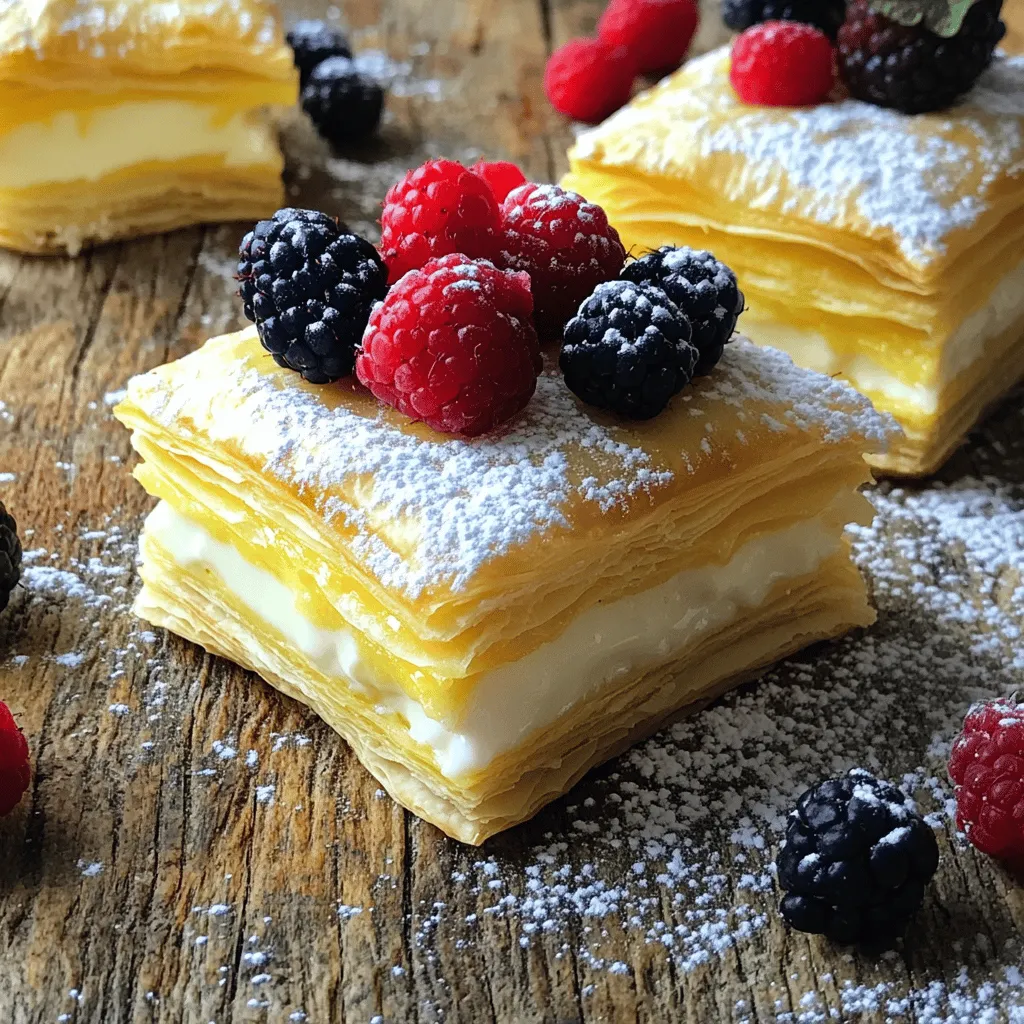 To make Puff Pastry Vanilla Custard Cream Squares, gather these items: - 1 sheet of puff pastry, thawed - 2 cups whole milk - 1/2 cup granulated sugar - 3 large egg yolks - 1/4 cup cornstarch - 1 tablespoon vanilla extract - 1 tablespoon unsalted butter - Powdered sugar for dusting - Fresh berries for garnish (optional) When measuring, use dry and liquid measuring cups. For dry ingredients like sugar and cornstarch, spoon them into the cup and level off with a flat edge. For liquids, pour until you reach the desired line. This helps you get the right amounts for the best results. Make sure to use large eggs for the custard, as they help create a rich texture. To prepare your Puff Pastry Vanilla Custard Cream Squares, you will need: - A rolling pin for the puff pastry - A baking sheet lined with parchment paper - A medium saucepan for the custard - Mixing bowls for combining ingredients - A whisk for mixing the custard - A sharp knife for cutting the pastry Using these tools makes the process easier and more fun. For the full recipe, check the detailed instructions provided above. Start by preheating your oven to 400°F (200°C). Line a baking sheet with parchment paper. Take your thawed puff pastry and roll it out on a lightly floured surface. This helps to smooth it out. Next, cut the pastry into a 3x3 grid, making nine equal squares. Place these squares on your prepared baking sheet. Use a fork to prick each square. This step keeps them from puffing too much while baking. Bake the pastry for 15-20 minutes. You want them golden brown and crisp. Once baked, set them aside to cool. To make the vanilla custard, heat 2 cups of whole milk in a medium saucepan over medium heat. Watch closely until it steams, but do not let it boil. While the milk heats, combine 3 large egg yolks, 1/2 cup of granulated sugar, and 1/4 cup of cornstarch in a separate bowl. Whisk these together until smooth. Now, slowly pour a little of the hot milk into the egg mixture. Whisk constantly to temper the eggs. Keep adding the milk gradually while mixing. After that, return everything to the saucepan. Cook the mixture over medium heat, stirring constantly. You want it to thicken and coat the back of a spoon. This usually takes about 5-7 minutes. Once thickened, remove it from the heat. Stir in 1 tablespoon of vanilla extract and 1 tablespoon of unsalted butter. Mix until everything is well combined. Let the custard cool slightly. Now that your puff pastry has cooled, slice each square in half horizontally. Take a generous spoonful of vanilla custard and place it on the bottom half of each square. Then, carefully place the top half back on each square. This creates a delightful layer of custard. Finally, dust the tops with powdered sugar for a sweet touch. You can add fresh berries for garnish if you like. Enjoy your Puff Pastry Vanilla Custard Cream Squares! For more details, check the Full Recipe. To make great puff pastry, start with cold ingredients. Cold butter helps create those lovely layers. Roll the pastry evenly for the best puff. Use a light touch when rolling. Avoid pressing down too hard. This keeps the layers intact. Cut and shape gently, too. Pricking the pastry helps it bake evenly. It stops air from building up too much. Bake until golden brown. You want a nice crisp texture. Getting the custard just right is key. Use whole milk for a rich flavor. Heat it slowly, so it steams but doesn’t boil. Whisk the egg yolks, sugar, and cornstarch together well. This mix should be smooth to start. Temper the eggs by adding hot milk slowly. This keeps them from scrambling. Cook the custard over medium heat. Stir constantly until it thickens. It should coat the back of a spoon. If it gets too thick, you can whisk in a bit of milk. This keeps it creamy. Store any leftovers in an airtight container. This keeps the pastry fresh. You can keep them in the fridge for up to three days. For reheating, use a low oven. This helps restore the pastry's crispness. Avoid the microwave, as it can make the pastry soggy. If freezing, wrap the squares tightly. They can last for up to a month. When you’re ready to eat, thaw in the fridge overnight. Then reheat as mentioned before. Enjoy your tasty treat again! {{image_2}} You can make a tasty twist with chocolate. To do this, add cocoa powder to your custard. Replace a bit of the cornstarch with 1/4 cup of cocoa powder for rich flavor. You can also melt dark chocolate and mix it in after cooking the custard. This gives it a nice chocolatey taste that blends well with vanilla. Layer this custard between your puff pastry squares for a delightful dessert. If you like fruit, try infusing your custard with flavors like lemon or orange. Add the zest of your chosen fruit to the milk while heating. This gives the custard a fresh and bright taste. You can also fold in fresh fruit purée after cooking. Raspberries or strawberries make a lovely addition. This way, your squares have a burst of fruity flavor. For those needing gluten-free options, there are good replacements. You can find gluten-free puff pastry at many stores. Brands like Schar or Dufour offer great options. You can also make your own using gluten-free flour blends. Just remember to follow the package instructions carefully. This way, you still enjoy the crispy texture without gluten. To keep your puff pastry vanilla custard cream squares fresh, store them properly. First, let them cool completely. Place the squares in an airtight container. This keeps them from drying out. You can also layer them with parchment paper to prevent sticking. Keep the container in the fridge. This helps maintain their texture and flavor. If you want to save some for later, freezing works well. First, wrap each square in plastic wrap. Then, place them in a freezer bag or airtight container. Make sure to remove as much air as possible. These squares can freeze for up to two months. When you are ready to eat them, let them thaw in the fridge overnight. Reheat them in the oven for a few minutes to regain their crispiness. When stored in the fridge, these squares last about three days. After that, the puff pastry may become soggy. If you freeze them, they stay good for two months. Always check for any changes in smell or texture before eating. Enjoy your treats while they are fresh for the best taste! For the full recipe, check the earlier section. Puff pastry is a light, flaky dough made from layers of butter and flour. It puffs up when baked due to steam. This creates a crispy, airy texture that is perfect for desserts and savory dishes alike. You can buy it frozen or make it from scratch, but using pre-made sheets saves time. Always thaw it properly before use for the best results. Yes, you can make the custard ahead of time. Prepare it a day in advance and store it in the fridge. Just cover it with plastic wrap to avoid a skin forming on top. When you are ready to use it, give it a gentle stir to smooth it out. This way, you can assemble your squares quickly when it’s time to serve. To prevent curdling, always heat the milk slowly. This helps keep the temperature consistent. When adding hot milk to the egg mixture, do it gradually while whisking. This process is called tempering. It warms the eggs gently, so they don't cook too fast and curdle. Remember to whisk constantly until the custard thickens to a smooth texture. We covered the key steps to make delicious puff pastry vanilla custard cream squares. You learned about the ingredients, measurements, tools, and step-by-step instructions. I shared tips for perfecting your pastry and custard. Feel free to explore fun variations and proper storage methods. With these guidelines, you’ll create tasty treats with ease. Enjoy the process and impress everyone with your skills!