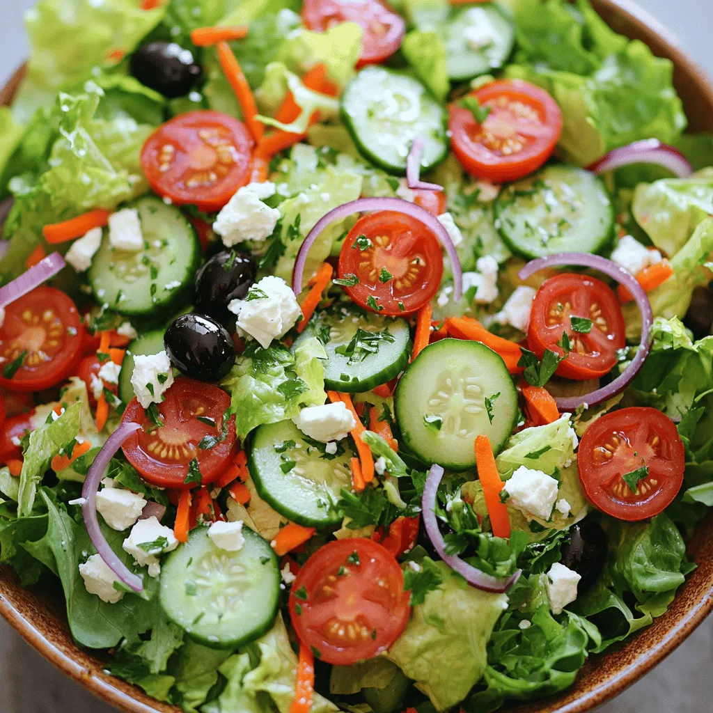 - 1 head of romaine lettuce, chopped - 2 cups mixed greens - 1 cup cherry tomatoes, halved - 1/2 red onion, thinly sliced - 1/2 cucumber, sliced - 1/2 cup pepperoncinis, sliced - 1/3 cup black olives, pitted and sliced - 1/3 cup feta cheese, crumbled - 1/3 cup shredded carrots - 1/4 cup Italian dressing (homemade or store-bought) - Salt and pepper to taste - Fresh parsley, chopped for garnish To make the Olive Garden salad, you need fresh and vibrant ingredients. The romaine lettuce gives a nice crunch. The mixed greens add flavor and color. Cherry tomatoes bring a sweet bite. Red onion adds a sharp taste. Cucumber keeps it refreshing. Pepperoncinis give a little kick. Black olives add depth. Feta cheese adds creaminess. Shredded carrots give sweetness. Finally, the Italian dressing ties it all together. You can add extra toppings for more flavor. Try grilled chicken or shrimp for protein. Avocado gives a creamy touch. You can also use sunflower seeds for crunch. If you want a spicy kick, add sliced jalapeños. These choices can change the taste and nutrition. This salad fits many diets. It is gluten-free and vegetarian. For a vegan option, skip the feta cheese. You can use a vegan dressing instead. This salad is versatile and easy to modify. It can fit many food needs. Enjoy it however you like! To start, you need to prepare the lettuce and greens. First, wash the romaine lettuce under cold water. This step is vital for removing dirt and chemicals. After washing, chop it into bite-sized pieces. Next, take the mixed greens and rinse them as well. You want them fresh and crisp. Once clean, gently pat both the romaine and mixed greens dry with a clean kitchen towel. This keeps the salad from getting soggy later. Now, let’s mix the salad ingredients. In a large salad bowl, add your chopped romaine and mixed greens first. This creates a colorful base. Next, add the halved cherry tomatoes and sliced cucumbers for sweetness and crunch. Carefully toss in the thinly sliced red onion, pepperoncinis, and black olives. It’s best to mix these ingredients gently to avoid bruising the greens. Once everything is in the bowl, sprinkle the crumbled feta and shredded carrots on top. This adds both flavor and texture. Dressing the salad is where the magic happens. Use about 1/4 cup of Italian dressing. Drizzle it evenly across the top of your salad. This ensures every bite has flavor. After that, gently toss everything together. Make sure all the greens and toppings are coated in dressing. Finally, season your salad with salt and pepper to taste. Adjust the seasoning based on what you like. For a final touch, garnish with freshly chopped parsley. This not only looks nice but also boosts the flavor. Serve immediately for the best taste. Check out the Full Recipe for more details! To keep your greens crisp, choose fresh ingredients. Look for vibrant, firm leaves. Rinse your romaine and mixed greens in cold water. Dry them well using a salad spinner or paper towels. This step helps remove excess moisture, which can lead to soggy greens. Store your salad in the fridge until serving. This keeps everything fresh and crunchy. To boost the flavor of your Olive Garden salad, consider these tips. Use fresh herbs like parsley or basil for a fragrant touch. Adding a squeeze of lemon juice brightens the taste. Try using different dressings. A balsamic vinaigrette or a zesty lemon dressing can elevate the salad. You can also toss in some nuts or seeds for crunch and added flavor. Presentation is key when serving your salad. Use a large, colorful bowl for a vibrant look. Layer your ingredients for visual appeal. Start with greens, then add tomatoes and cucumbers. Sprinkle cheese and olives on top for a beautiful finish. Serve immediately for the best taste. This way, guests enjoy the salad while it is fresh. For an extra touch, garnish with fresh parsley. It adds color and a hint of flavor. For the full recipe, check out the Garden Fresh Olive Garden Salad. {{image_2}} You can swap ingredients in this Olive Garden salad to fit your taste. If you don’t like feta, try goat cheese or mozzarella. For a crunchier texture, add radishes instead of cucumbers. If pepperoncinis are too spicy, use sweet bell peppers. You can also add chickpeas for a vegetarian protein boost. Change the salad with the seasons for fresh flavors. In spring, add peas and asparagus for a bright touch. During summer, use ripe peaches or strawberries for sweetness. In fall, add roasted butternut squash and walnuts for warmth. In winter, use hearty greens like kale or spinach to keep it fresh. Want to make your salad more filling? Add grilled chicken or shrimp for lean protein. For fiber, mix in black beans or quinoa. Nuts and seeds can give a crunchy texture, too. These add-ins will help you create a more balanced meal while keeping it tasty. For the full recipe, check out the complete guide. To store your Olive Garden salad, first, keep it in a container with a lid. Make sure to separate any dressing to keep the greens fresh. If you mix it all together, the salad may get soggy. Place the container in the fridge right away. This keeps the salad crisp and tasty. Your prepared salad lasts about 3 days in the fridge. After that, the greens lose their crunch. If you see any brown spots, it's time to toss it. Always check for freshness before enjoying leftovers. You should not reheat your salad. It tastes best cold. Heating can wilt the greens and change the texture. Enjoy it straight from the fridge for a refreshing bite. For more tips, you can check the Full Recipe. The Olive Garden Salad recipe is a fresh and colorful mix of greens and toppings. People love this salad for its bright flavors and crunchy textures. It typically includes romaine lettuce, mixed greens, cherry tomatoes, red onion, cucumber, pepperoncinis, black olives, feta cheese, and shredded carrots. This salad often comes with Italian dressing, making it extra tasty. It's a favorite at Olive Garden and has a strong fan base worldwide. The combination of ingredients gives it a unique flavor profile. If you want to try it at home, you can find the full recipe online. To make the Olive Garden Salad healthier, you can try a few simple swaps. First, use a lighter dressing, like a vinaigrette, instead of creamy options. You can also cut down on cheese or use a lower-fat version of feta. If you want more veggies, add extra cucumbers or bell peppers. You might also try swapping black olives for green olives, which can reduce sodium. Adding more leafy greens can boost fiber without adding many calories. These small changes can make a big difference. Yes, you can make the Olive Garden Salad ahead of time! This salad keeps well in the fridge for a day or two. To do this, prepare the veggies and store them in an airtight container. Keep the dressing separate until you are ready to eat. Add the dressing right before serving to keep the greens crisp. You can also prep individual servings in jars, layering the ingredients. This method makes it easy to grab a salad on the go. This blog post covered how to create a delicious salad, focusing on key ingredients and their preparation. We explored options for dietary needs and added tips to enhance flavor and texture. You can adapt the recipe with substitutions for different seasons and nutrition boosts. Remember to store your leftovers properly to keep them fresh. With this knowledge, you can enjoy a fresh, homemade salad anytime you desire. Embrace your creativity and enjoy healthy eating!