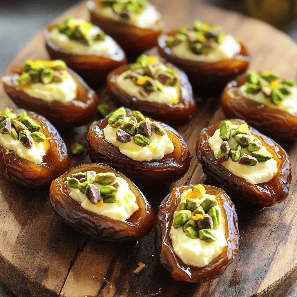 - 12 large medjool dates, pitted - 1 cup mascarpone cheese - 2 tablespoons honey - 1 teaspoon vanilla extract - 1/4 teaspoon sea salt - 1/4 cup chopped pistachios (for garnish) - Zest of 1 orange (optional, for extra flavor) The first key ingredient is the medjool dates. They are sweet, soft, and perfect for stuffing. The mascarpone cheese is rich and creamy, giving each date a lovely texture. Honey adds a touch of natural sweetness to the filling. The vanilla extract enhances the flavor with a warm note. Sea salt balances the sweetness, making each bite delightful. Chopped pistachios are for garnish. They add a nice crunch and a pop of color. If you want something special, add orange zest. It gives a bright, citrusy flavor that pairs well with the sweetness of the dates. Each serving contains approximately: - Calories: 250 - Fats: 15g - Carbs: 30g - Protein: 5g The ingredients in this recipe offer some great health benefits. Medjool dates are high in fiber, which aids digestion. They also provide natural sugars for energy. Mascarpone cheese gives calcium, which supports strong bones. Honey is known for its antioxidants, which help fight inflammation. Pistachios add healthy fats and protein while also being a good source of vitamins. You can find the full recipe in this article. Enjoy creating these delicious mascarpone stuffed dates! 1. Preheat your oven to 350°F (175°C). This helps the dates warm up nicely. 2. Line a baking sheet with parchment paper. This prevents sticking and makes cleanup easy. 3. In a mixing bowl, combine the mascarpone cheese, honey, vanilla extract, and sea salt. 4. Mix well until the filling is smooth and creamy. If you like, add the orange zest for a fresh twist. 1. Slice each date lengthwise on one side. Be careful not to cut all the way through. This creates a pocket for the filling. 2. Use a small spoon or piping bag to fill each date with the mascarpone mixture. Make sure you fill them well, but don’t overstuff! 1. Place the stuffed dates on the prepared baking sheet. 2. Bake in the preheated oven for about 10 minutes. The dates should be warm and the mascarpone slightly melted. 3. Look for signs that the dates are done. They should be soft but not too mushy. Remove them and let them cool for a minute. You can find the full recipe in the earlier section. Enjoy your sweet treat! To create the ideal creamy consistency, use fresh mascarpone cheese. Mix it with honey, vanilla, and sea salt until it’s smooth. If you want extra flavor, fold in orange zest. This will elevate your filling and add a citrusy zing. When filling the dates, do not overstuff them. Aim for a generous but controlled amount of filling. If you overfill, the mascarpone might ooze out during baking. A small spoon or piping bag works best for filling. Present your stuffed dates on a beautiful platter. Drizzle them with extra honey for a sweet touch. Sprinkle additional chopped pistachios on top for color and crunch. This adds visual appeal. For drinks, pair these treats with a sweet dessert wine or a light sparkling beverage. The flavors of honey and cheese balance well with these drinks. One common mistake is cutting the dates too deep. Make a shallow slice to create a pocket for filling. If you cut too far, the dates might fall apart. Another pitfall is not cooling the dates after baking. Let them cool for a minute before serving. This helps the mascarpone set, so it won’t slide out. Enjoy creating this simple yet elegant treat from the full recipe! {{image_2}} You can easily switch up the flavors in your mascarpone stuffed dates. For sweeteners, try using maple syrup or agave. Both add a unique touch and balance the richness of the mascarpone. If you want to get creative, you can mix in cocoa powder for a chocolatey twist. Alternatively, blend in espresso for a coffee flavor that pairs well with dates. The toppings can also change the game. Consider using walnuts or almonds for added crunch. They also bring a nice flavor contrast. For a finishing touch, drizzle your stuffed dates with balsamic reduction or chocolate sauce. This extra layer of flavor makes your treats even more special. You can find the full recipe for the best mascarpone stuffed dates in the sections above. To keep your mascarpone stuffed dates fresh, store them in the fridge. Place them in an airtight container. This keeps them safe from odors and moisture. They will last about 3 to 5 days in the fridge. After that, the dates may dry out or lose their flavor. Yes, you can freeze stuffed dates! Freezing helps preserve their taste for later. To freeze, place the dates in a single layer on a baking sheet. Freeze them for about 1 to 2 hours until firm. Once frozen, transfer them to a freezer bag or container. Make sure to remove as much air as possible. When you want to enjoy them again, take the dates out of the freezer. Let them sit in the fridge overnight to defrost. You can also leave them at room temperature for a quicker thaw. Just remember, the texture may change slightly after freezing. Enjoy them as a sweet treat anytime! For the full recipe, refer to the section above. You can use cream cheese or ricotta as a substitute. These cheeses have a similar texture but may taste different. To adjust the flavor, add a bit of honey or sugar to cream cheese. For ricotta, blend it well to make it smooth. This will help replicate the creamy feel of mascarpone. To create a vegan version, use vegan cream cheese or cashew cream. For cashew cream, soak cashews in water and blend them with a bit of lemon juice. This gives a creamy taste. You can also add maple syrup instead of honey. This keeps the sweetness while making it plant-based. Mascarpone stuffed dates pair well with light appetizers like cheese platters. They also work nicely with wine or sparkling drinks. Try serving them with a sweet white wine or a fruity mocktail. This adds a nice touch to your gathering. You learned how to make delicious mascarpone stuffed dates. We covered all the key ingredients, including medjool dates, mascarpone cheese, and tasty spices. I shared step-by-step instructions for preparing, filling, and baking these treats. You also discovered tips for perfecting your dates and ways to store them. In the end, stuffed dates are a fun and tasty treat. They’re great for snacks, desserts, or parties. Enjoy getting creative with flavors and toppings! Happy cooking!