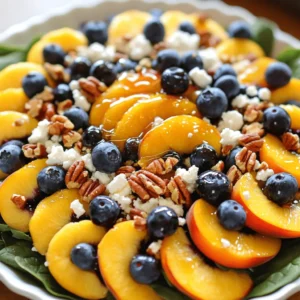 To make a Blueberry Peach Feta Salad, gather these main ingredients: - 2 ripe peaches, sliced - 1 cup fresh blueberries - 100g feta cheese, crumbled - 1 cup baby spinach or mixed greens - 1/4 cup pecans, chopped These ingredients blend well together. The sweet peaches and blueberries shine. The feta adds a salty kick. The greens provide a fresh base. Pecans give a nice crunch. For the dressing, you will need: - 2 tablespoons honey - 2 tablespoons balsamic vinegar - 1 tablespoon olive oil - Salt and pepper to taste This dressing ties the salad together. Honey brings sweetness, while balsamic adds tang. Olive oil makes it smooth. A pinch of salt and pepper enhances all the flavors. To make your salad even prettier, consider these garnishes: - Extra blueberries - A drizzle of honey Adding extra blueberries makes the salad pop with color. A drizzle of honey on top makes it look fancy. These garnishes also add taste and texture. For the full recipe, check the details above. Enjoy making this fresh blend of flavors! Mixing the Base Ingredients Start by gathering all your fresh ingredients. Take 2 ripe peaches and slice them into thin wedges. Next, add 1 cup of fresh blueberries to the bowl. These berries bring a sweet and juicy burst. Now, toss in 1 cup of baby spinach or mixed greens. Mix these well to blend the colors and flavors. Creating the Dressing In a separate small bowl, whisk together 2 tablespoons of honey, 2 tablespoons of balsamic vinegar, and 1 tablespoon of olive oil. This mixture adds a sweet and tangy touch. Don’t forget a pinch of salt and pepper to season. Whisk until smooth and well combined. Combining Everything Drizzle the dressing over the fruit and greens mixture. Gently toss everything together to coat the salad evenly. Now, add 100g of crumbled feta cheese and 1/4 cup of chopped pecans on top. Give it another light toss. This adds crunch and creaminess. Taste your salad and adjust the seasoning with more salt and pepper if needed. Serve immediately for the best flavor. You can also refrigerate it for up to 30 minutes to let the flavors mix. For the full recipe, check out the [Full Recipe]. For a tasty Blueberry Peach Feta Salad, use fresh fruits. Look for ripe peaches that give slightly when pressed. Fresh blueberries should be firm and shiny. If you can, buy organic. They often taste better and are safer. Choose greens that are bright and crisp. Baby spinach or mixed greens work well. Always wash your produce before using it. This step helps remove dirt and pesticides. Serve this salad fresh for the best taste. You can use a large bowl or individual plates. For a nice touch, sprinkle extra blueberries on top. Drizzle a bit of honey for sweetness. This salad pairs well with grilled chicken or fish. It’s also great as a side for barbecues. If you want to impress, serve it during summer parties. To boost the flavor, add a squeeze of lemon juice. This adds brightness and balances the sweetness. You can also try adding fresh herbs like mint or basil. They bring a refreshing twist to the salad. If you want crunch, toast the pecans lightly. This enhances their flavor. Lastly, serve immediately after mixing. This keeps the salad fresh and crisp. For the full recipe, check the details above. {{image_2}} You can boost the salad's nutrition by adding protein. Grilled chicken or shrimp works well. For a plant-based option, try chickpeas or black beans. These additions make the salad filling and tasty. If you have dairy issues, replace feta with a vegan cheese. Tofu or avocado also adds creaminess without dairy. For nut allergies, skip the pecans and add seeds like sunflower or pumpkin. This keeps the crunch while making it safe for everyone. In summer, use ripe strawberries or raspberries instead of blueberries. In fall, try apples or pears for a sweet twist. Each season brings fresh flavors that change the salad's profile. Enjoy experimenting with what’s in season! To keep your Blueberry Peach Feta Salad fresh, store it in an airtight container. This helps prevent air from spoiling the ingredients. If you have leftover dressing, store it separately. Keeping the salad and dressing apart keeps the greens crisp. Use the salad within two days for the best taste and texture. When stored correctly, the salad lasts up to two days in the fridge. After that, the peaches may get mushy, and the greens can wilt. If you notice any off smells or changes in color, it’s best to toss it out. Always check before you dig in! This salad is best served cold, so no reheating is needed. If you want to enjoy it warm, consider adding grilled chicken or shrimp separately. Mix these in just before serving. To refresh the salad, add a drizzle of olive oil or a splash of balsamic vinegar right before you eat. For the complete recipe, refer to the Full Recipe section. Yes, you can make this salad ahead of time. However, I suggest you wait to add the feta cheese and dressing until just before serving. This keeps the salad fresh and crunchy. If you mix in the dressing early, the greens might wilt. You can prep the fruits and greens and store them in the fridge. Just mix everything together when you are ready to eat. If you want to change the dressing, try these options. You can use lemon juice instead of balsamic vinegar for a bright taste. A yogurt-based dressing can add creaminess. You can also mix olive oil with a splash of apple cider vinegar for a tangy twist. Feel free to explore what fits your taste! Choosing ripe peaches is easy if you know what to look for. Pick peaches that feel slightly soft when you press them. They should have a sweet smell. Look for a golden color, avoiding any green spots. If they are firm, leave them at room temperature for a few days until ripe. Ripe peaches will add a juicy and sweet flavor to your salad. Yes, you can use frozen blueberries. They are handy if fresh ones are not available. Just thaw them first and pat them dry. Keep in mind that frozen blueberries may be softer and release more juice. This can change the texture but still taste great! To make the salad more filling, add protein like grilled chicken, chickpeas, or quinoa. These options enhance the nutrition and keep you satisfied for longer. Nuts, like almonds or walnuts, can also add crunch and protein. Just sprinkle them on top for added flavor. You can add other fruits to this salad for variety. Try strawberries, blackberries, or even diced apples. These fruits will mix well with the peaches and blueberries. Experiment with what you love or what is in season. Enjoy your creative touch! Yes, you can use different greens! While baby spinach is great, you can try arugula for a peppery kick. Mixed greens or kale also work well. Just make sure they are fresh and washed before use. This way, you can add your personal style to the salad. This blog post covers how to make a tasty Blueberry Peach Feta Salad. We discussed the main ingredients, dressing options, and fun garnishes. I shared steps for mixing the salad, creating the dressing, and combining it all. You learned tips for using fresh ingredients and enhancing flavors. We also explored variations, storage tips, and answered common questions. Now you’re ready to enjoy this salad any time. It's simple, fresh, and packed with flavor. Dive in and make your own version!