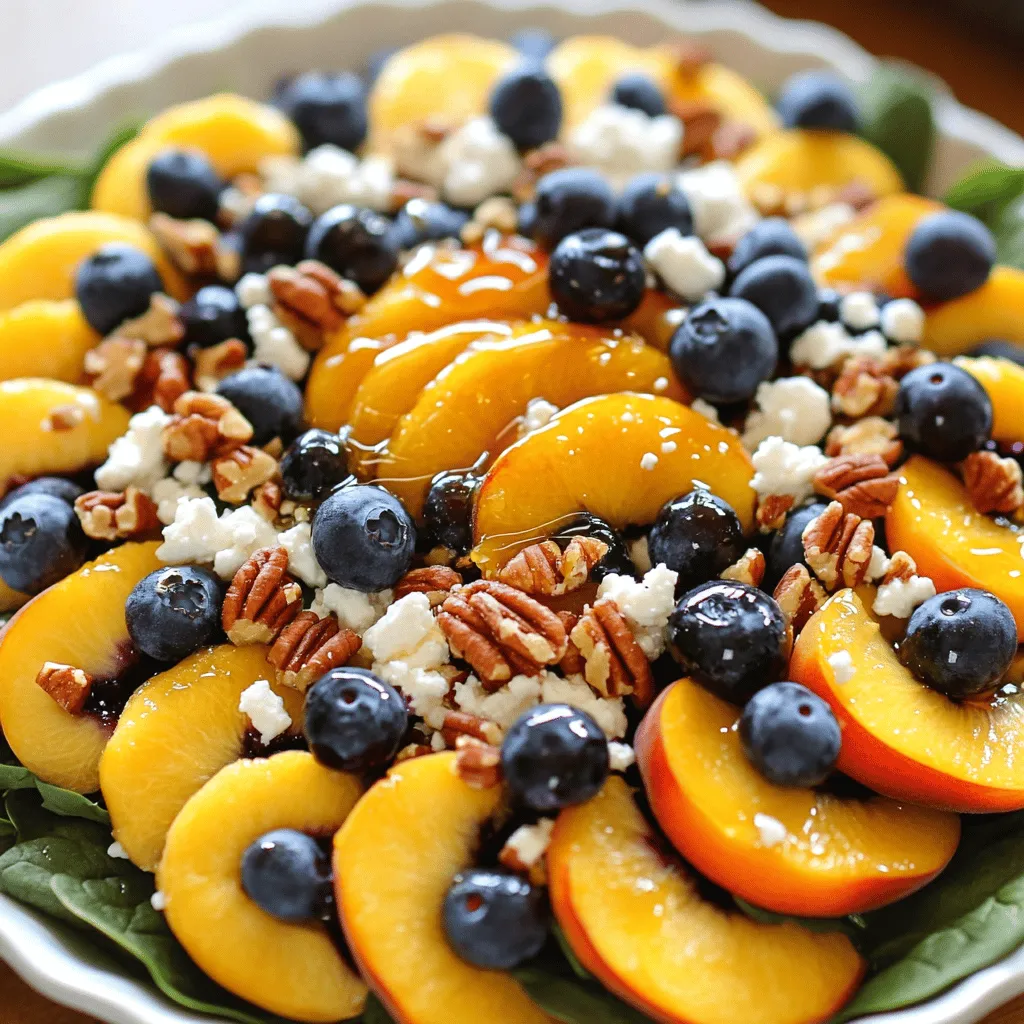 To make a Blueberry Peach Feta Salad, gather these main ingredients: - 2 ripe peaches, sliced - 1 cup fresh blueberries - 100g feta cheese, crumbled - 1 cup baby spinach or mixed greens - 1/4 cup pecans, chopped These ingredients blend well together. The sweet peaches and blueberries shine. The feta adds a salty kick. The greens provide a fresh base. Pecans give a nice crunch. For the dressing, you will need: - 2 tablespoons honey - 2 tablespoons balsamic vinegar - 1 tablespoon olive oil - Salt and pepper to taste This dressing ties the salad together. Honey brings sweetness, while balsamic adds tang. Olive oil makes it smooth. A pinch of salt and pepper enhances all the flavors. To make your salad even prettier, consider these garnishes: - Extra blueberries - A drizzle of honey Adding extra blueberries makes the salad pop with color. A drizzle of honey on top makes it look fancy. These garnishes also add taste and texture. For the full recipe, check the details above. Enjoy making this fresh blend of flavors! Mixing the Base Ingredients Start by gathering all your fresh ingredients. Take 2 ripe peaches and slice them into thin wedges. Next, add 1 cup of fresh blueberries to the bowl. These berries bring a sweet and juicy burst. Now, toss in 1 cup of baby spinach or mixed greens. Mix these well to blend the colors and flavors. Creating the Dressing In a separate small bowl, whisk together 2 tablespoons of honey, 2 tablespoons of balsamic vinegar, and 1 tablespoon of olive oil. This mixture adds a sweet and tangy touch. Don’t forget a pinch of salt and pepper to season. Whisk until smooth and well combined. Combining Everything Drizzle the dressing over the fruit and greens mixture. Gently toss everything together to coat the salad evenly. Now, add 100g of crumbled feta cheese and 1/4 cup of chopped pecans on top. Give it another light toss. This adds crunch and creaminess. Taste your salad and adjust the seasoning with more salt and pepper if needed. Serve immediately for the best flavor. You can also refrigerate it for up to 30 minutes to let the flavors mix. For the full recipe, check out the [Full Recipe]. For a tasty Blueberry Peach Feta Salad, use fresh fruits. Look for ripe peaches that give slightly when pressed. Fresh blueberries should be firm and shiny. If you can, buy organic. They often taste better and are safer. Choose greens that are bright and crisp. Baby spinach or mixed greens work well. Always wash your produce before using it. This step helps remove dirt and pesticides. Serve this salad fresh for the best taste. You can use a large bowl or individual plates. For a nice touch, sprinkle extra blueberries on top. Drizzle a bit of honey for sweetness. This salad pairs well with grilled chicken or fish. It’s also great as a side for barbecues. If you want to impress, serve it during summer parties. To boost the flavor, add a squeeze of lemon juice. This adds brightness and balances the sweetness. You can also try adding fresh herbs like mint or basil. They bring a refreshing twist to the salad. If you want crunch, toast the pecans lightly. This enhances their flavor. Lastly, serve immediately after mixing. This keeps the salad fresh and crisp. For the full recipe, check the details above. {{image_2}} You can boost the salad's nutrition by adding protein. Grilled chicken or shrimp works well. For a plant-based option, try chickpeas or black beans. These additions make the salad filling and tasty. If you have dairy issues, replace feta with a vegan cheese. Tofu or avocado also adds creaminess without dairy. For nut allergies, skip the pecans and add seeds like sunflower or pumpkin. This keeps the crunch while making it safe for everyone. In summer, use ripe strawberries or raspberries instead of blueberries. In fall, try apples or pears for a sweet twist. Each season brings fresh flavors that change the salad's profile. Enjoy experimenting with what’s in season! To keep your Blueberry Peach Feta Salad fresh, store it in an airtight container. This helps prevent air from spoiling the ingredients. If you have leftover dressing, store it separately. Keeping the salad and dressing apart keeps the greens crisp. Use the salad within two days for the best taste and texture. When stored correctly, the salad lasts up to two days in the fridge. After that, the peaches may get mushy, and the greens can wilt. If you notice any off smells or changes in color, it’s best to toss it out. Always check before you dig in! This salad is best served cold, so no reheating is needed. If you want to enjoy it warm, consider adding grilled chicken or shrimp separately. Mix these in just before serving. To refresh the salad, add a drizzle of olive oil or a splash of balsamic vinegar right before you eat. For the complete recipe, refer to the Full Recipe section. Yes, you can make this salad ahead of time. However, I suggest you wait to add the feta cheese and dressing until just before serving. This keeps the salad fresh and crunchy. If you mix in the dressing early, the greens might wilt. You can prep the fruits and greens and store them in the fridge. Just mix everything together when you are ready to eat. If you want to change the dressing, try these options. You can use lemon juice instead of balsamic vinegar for a bright taste. A yogurt-based dressing can add creaminess. You can also mix olive oil with a splash of apple cider vinegar for a tangy twist. Feel free to explore what fits your taste! Choosing ripe peaches is easy if you know what to look for. Pick peaches that feel slightly soft when you press them. They should have a sweet smell. Look for a golden color, avoiding any green spots. If they are firm, leave them at room temperature for a few days until ripe. Ripe peaches will add a juicy and sweet flavor to your salad. Yes, you can use frozen blueberries. They are handy if fresh ones are not available. Just thaw them first and pat them dry. Keep in mind that frozen blueberries may be softer and release more juice. This can change the texture but still taste great! To make the salad more filling, add protein like grilled chicken, chickpeas, or quinoa. These options enhance the nutrition and keep you satisfied for longer. Nuts, like almonds or walnuts, can also add crunch and protein. Just sprinkle them on top for added flavor. You can add other fruits to this salad for variety. Try strawberries, blackberries, or even diced apples. These fruits will mix well with the peaches and blueberries. Experiment with what you love or what is in season. Enjoy your creative touch! Yes, you can use different greens! While baby spinach is great, you can try arugula for a peppery kick. Mixed greens or kale also work well. Just make sure they are fresh and washed before use. This way, you can add your personal style to the salad. This blog post covers how to make a tasty Blueberry Peach Feta Salad. We discussed the main ingredients, dressing options, and fun garnishes. I shared steps for mixing the salad, creating the dressing, and combining it all. You learned tips for using fresh ingredients and enhancing flavors. We also explored variations, storage tips, and answered common questions. Now you’re ready to enjoy this salad any time. It's simple, fresh, and packed with flavor. Dive in and make your own version!