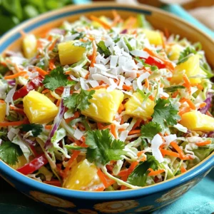 - 4 cups green cabbage, finely shredded - 1 cup carrots, grated - 1 cup fresh pineapple, diced - 1 red bell pepper, thinly sliced - 1/2 cup red onion, thinly sliced - 1/2 cup unsweetened shredded coconut - 1/3 cup cilantro, chopped - 1/2 cup Greek yogurt - 2 tablespoons honey - 2 tablespoons lime juice - Salt and pepper to taste In this Tropical Coleslaw, the main ingredients shine bright. First, we start with the green cabbage. It gives the salad crunch and a fresh taste. Next, we add grated carrots for color and sweetness. Fresh pineapple brings juicy flavor. The red bell pepper adds a nice bite, while the red onion gives a little zing. Unsweetened shredded coconut makes it tropical. Cilantro adds a fresh note, and the Greek yogurt brings creaminess. Honey and lime juice balance the flavors, making this salad special. - Fresh Herbs - Extra Coconut You can add optional garnishes to make your coleslaw stand out. Fresh herbs like more cilantro or mint can add a pop of taste. Extra coconut gives a nice touch of crunch and sweetness. These little extras make your Tropical Coleslaw even more fun and tasty. For the full recipe, check out the complete details. Chopping and Shredding Start by gathering your ingredients. You need fresh green cabbage, carrots, pineapple, red bell pepper, and red onion. Finely shred the cabbage and grate the carrots. Dice the pineapple into small, bite-sized pieces. Thinly slice the red bell pepper and red onion. Mixing Ingredients In a large mixing bowl, add the shredded cabbage, grated carrots, diced pineapple, sliced red bell pepper, and sliced red onion. Toss these ingredients gently. Then, add unsweetened shredded coconut and chopped cilantro. Mix everything together well. Whisking the Dressing In a separate small bowl, combine Greek yogurt, honey, and lime juice. Whisk these ingredients together until you get a smooth dressing. The yogurt gives a creamy texture, while the honey and lime juice add sweetness and tang. Combining with Vegetables Pour the dressing over the vegetable mixture. Stir well to coat all the veggies evenly. This step is key for great flavor. Resting Time After mixing, let the coleslaw sit in the fridge for at least 20 minutes. This resting time lets the flavors blend nicely. Presentation Tips Serve your coleslaw in a bright, large bowl. Garnish with extra shredded coconut and fresh cilantro on top. This adds color and makes it look appealing. Enjoy this refreshing tropical coleslaw as a side dish! For the full recipe, check out the complete instructions provided above. For a great coleslaw, texture matters. Properly cut cabbage helps. Use a sharp knife or a mandoline to slice the cabbage thinly. This helps it mix well with other ingredients. Finely shredded cabbage gives a crisp bite. Balancing sweetness and acidity is key. You want the flavors to play well together. Start with pineapple for sweetness and lime juice for acidity. Taste as you mix. Adjust the honey if you need more sweetness. A perfect balance will make your coleslaw shine. Spices can take your coleslaw to another level. Try adding a pinch of cumin or a dash of chili powder for warmth. These spices add depth and make your coleslaw exciting and unique. Don't be afraid to experiment with other fruits. Mango, kiwi, or even berries can add a fun twist. Each fruit brings its own taste and texture. Mix and match to find your favorite combination. This way, you can create a new version each time you make it. For the full recipe, check the earlier section. Enjoy creating your tropical masterpiece! {{image_2}} Using different fruits can change your coleslaw game. You can swap pineapple for mango or papaya. Both fruits add sweetness and tropical flair. You might also try adding diced kiwi for a zesty twist. Feel free to mix and match to find your favorite blend. Adding nuts or seeds gives your coleslaw a nice crunch. Chopped cashews or almonds pair well with the tropical theme. Sunflower seeds can also add texture without overpowering the flavors. Just sprinkle them in before serving to keep them crispy. If you're looking for vegan or dairy-free options, Greek yogurt can be replaced. Try using coconut yogurt or silken tofu blended smooth. This keeps your coleslaw creamy without the dairy. You can also skip the honey or use agave syrup to keep it plant-based. For low-sugar alternatives, consider using a sugar substitute. Stevia or monk fruit sweetener works well in the dressing. You can adjust the sweetness based on your taste. This way, you can enjoy your coleslaw without added sugar. Explore these variations to make your Tropical Coleslaw your own. For the full recipe, check the earlier section. How to Store To keep your tropical coleslaw fresh, place it in an airtight container. This helps prevent moisture loss and keeps the flavors vibrant. You can use a glass or plastic container with a tight lid. Shelf Life When stored properly in the fridge, your tropical coleslaw lasts about 3 to 5 days. The flavors will develop more over time, but the crunchiness of the cabbage may soften. Freezing Tips While you can freeze coleslaw, I recommend only freezing the veggies, not the dressing. Mix the veggies first, then pack them tightly in a freezer-safe bag. Remove as much air as possible before sealing. Thawing Instructions To thaw, move the frozen veggies to the fridge for a few hours or overnight. If you need them quicker, use cold water. Once thawed, drain any excess moisture. Then, add your dressing fresh, and mix to enjoy! Tropical coleslaw is a bright mix of fresh ingredients. It usually contains: - 4 cups green cabbage, finely shredded - 1 cup carrots, grated - 1 cup fresh pineapple, diced - 1 red bell pepper, thinly sliced - 1/2 cup red onion, thinly sliced - 1/2 cup unsweetened shredded coconut - 1/3 cup cilantro, chopped - 1/2 cup Greek yogurt - 2 tablespoons honey - 2 tablespoons lime juice - Salt and pepper to taste Each ingredient adds color and flavor. The cabbage gives crunch, while the pineapple offers sweetness. The yogurt dressing makes it creamy and ties it all together. Yes, you can make tropical coleslaw ahead of time. This salad tastes great after sitting for a while. - Prep the vegetables: Chop and mix them in advance. - Make the dressing: Whisk together the yogurt, honey, and lime juice. - Combine later: Mix the dressing with the veggies just before serving. This keeps the coleslaw fresh and crisp. If you mix it too soon, it may get soggy. You can easily make this recipe your own. Here are some fun ideas: - Add more fruits: Try mango, kiwi, or papaya for extra sweetness. - Include nuts: Almonds or cashews add a nice crunch. - Spice it up: A little jalapeño can bring heat. Feel free to experiment! Each twist can change the flavor. For the full recipe, check out the details above. In this post, we explored how to make Tropical Coleslaw. We covered the main ingredients like cabbage, carrots, and fruits. We also discussed dressing components and optional garnishes to enhance flavor. You learned about preparation steps, storage tips, and fun variations. Tropical Coleslaw is versatile and easy to make. Feel free to customize it based on your taste. With fresh ingredients and a few tips, you can enjoy a tasty side dish that stands out. Try it out and share your own twists!