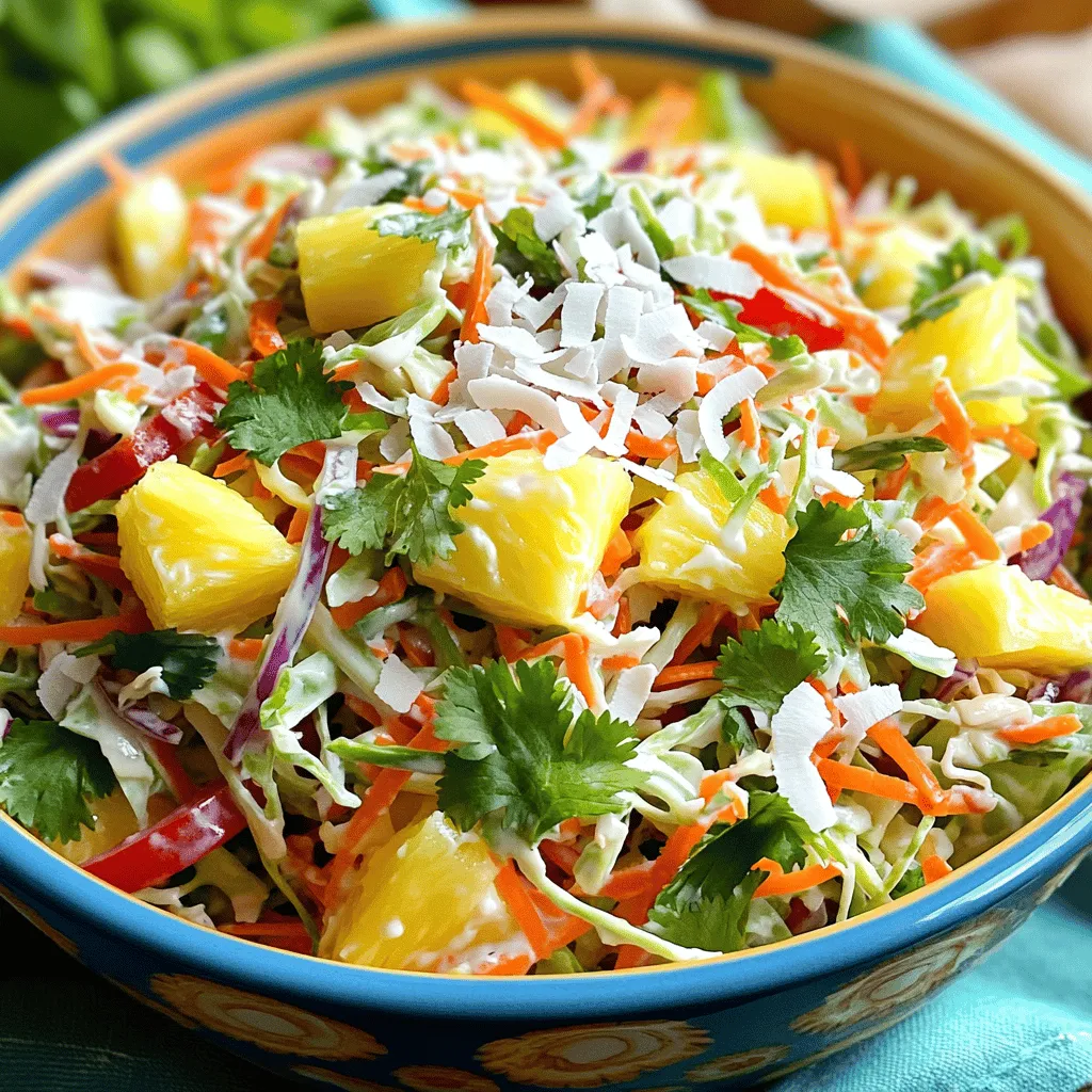 - 4 cups green cabbage, finely shredded - 1 cup carrots, grated - 1 cup fresh pineapple, diced - 1 red bell pepper, thinly sliced - 1/2 cup red onion, thinly sliced - 1/2 cup unsweetened shredded coconut - 1/3 cup cilantro, chopped - 1/2 cup Greek yogurt - 2 tablespoons honey - 2 tablespoons lime juice - Salt and pepper to taste In this Tropical Coleslaw, the main ingredients shine bright. First, we start with the green cabbage. It gives the salad crunch and a fresh taste. Next, we add grated carrots for color and sweetness. Fresh pineapple brings juicy flavor. The red bell pepper adds a nice bite, while the red onion gives a little zing. Unsweetened shredded coconut makes it tropical. Cilantro adds a fresh note, and the Greek yogurt brings creaminess. Honey and lime juice balance the flavors, making this salad special. - Fresh Herbs - Extra Coconut You can add optional garnishes to make your coleslaw stand out. Fresh herbs like more cilantro or mint can add a pop of taste. Extra coconut gives a nice touch of crunch and sweetness. These little extras make your Tropical Coleslaw even more fun and tasty. For the full recipe, check out the complete details. Chopping and Shredding Start by gathering your ingredients. You need fresh green cabbage, carrots, pineapple, red bell pepper, and red onion. Finely shred the cabbage and grate the carrots. Dice the pineapple into small, bite-sized pieces. Thinly slice the red bell pepper and red onion. Mixing Ingredients In a large mixing bowl, add the shredded cabbage, grated carrots, diced pineapple, sliced red bell pepper, and sliced red onion. Toss these ingredients gently. Then, add unsweetened shredded coconut and chopped cilantro. Mix everything together well. Whisking the Dressing In a separate small bowl, combine Greek yogurt, honey, and lime juice. Whisk these ingredients together until you get a smooth dressing. The yogurt gives a creamy texture, while the honey and lime juice add sweetness and tang. Combining with Vegetables Pour the dressing over the vegetable mixture. Stir well to coat all the veggies evenly. This step is key for great flavor. Resting Time After mixing, let the coleslaw sit in the fridge for at least 20 minutes. This resting time lets the flavors blend nicely. Presentation Tips Serve your coleslaw in a bright, large bowl. Garnish with extra shredded coconut and fresh cilantro on top. This adds color and makes it look appealing. Enjoy this refreshing tropical coleslaw as a side dish! For the full recipe, check out the complete instructions provided above. For a great coleslaw, texture matters. Properly cut cabbage helps. Use a sharp knife or a mandoline to slice the cabbage thinly. This helps it mix well with other ingredients. Finely shredded cabbage gives a crisp bite. Balancing sweetness and acidity is key. You want the flavors to play well together. Start with pineapple for sweetness and lime juice for acidity. Taste as you mix. Adjust the honey if you need more sweetness. A perfect balance will make your coleslaw shine. Spices can take your coleslaw to another level. Try adding a pinch of cumin or a dash of chili powder for warmth. These spices add depth and make your coleslaw exciting and unique. Don't be afraid to experiment with other fruits. Mango, kiwi, or even berries can add a fun twist. Each fruit brings its own taste and texture. Mix and match to find your favorite combination. This way, you can create a new version each time you make it. For the full recipe, check the earlier section. Enjoy creating your tropical masterpiece! {{image_2}} Using different fruits can change your coleslaw game. You can swap pineapple for mango or papaya. Both fruits add sweetness and tropical flair. You might also try adding diced kiwi for a zesty twist. Feel free to mix and match to find your favorite blend. Adding nuts or seeds gives your coleslaw a nice crunch. Chopped cashews or almonds pair well with the tropical theme. Sunflower seeds can also add texture without overpowering the flavors. Just sprinkle them in before serving to keep them crispy. If you're looking for vegan or dairy-free options, Greek yogurt can be replaced. Try using coconut yogurt or silken tofu blended smooth. This keeps your coleslaw creamy without the dairy. You can also skip the honey or use agave syrup to keep it plant-based. For low-sugar alternatives, consider using a sugar substitute. Stevia or monk fruit sweetener works well in the dressing. You can adjust the sweetness based on your taste. This way, you can enjoy your coleslaw without added sugar. Explore these variations to make your Tropical Coleslaw your own. For the full recipe, check the earlier section. How to Store To keep your tropical coleslaw fresh, place it in an airtight container. This helps prevent moisture loss and keeps the flavors vibrant. You can use a glass or plastic container with a tight lid. Shelf Life When stored properly in the fridge, your tropical coleslaw lasts about 3 to 5 days. The flavors will develop more over time, but the crunchiness of the cabbage may soften. Freezing Tips While you can freeze coleslaw, I recommend only freezing the veggies, not the dressing. Mix the veggies first, then pack them tightly in a freezer-safe bag. Remove as much air as possible before sealing. Thawing Instructions To thaw, move the frozen veggies to the fridge for a few hours or overnight. If you need them quicker, use cold water. Once thawed, drain any excess moisture. Then, add your dressing fresh, and mix to enjoy! Tropical coleslaw is a bright mix of fresh ingredients. It usually contains: - 4 cups green cabbage, finely shredded - 1 cup carrots, grated - 1 cup fresh pineapple, diced - 1 red bell pepper, thinly sliced - 1/2 cup red onion, thinly sliced - 1/2 cup unsweetened shredded coconut - 1/3 cup cilantro, chopped - 1/2 cup Greek yogurt - 2 tablespoons honey - 2 tablespoons lime juice - Salt and pepper to taste Each ingredient adds color and flavor. The cabbage gives crunch, while the pineapple offers sweetness. The yogurt dressing makes it creamy and ties it all together. Yes, you can make tropical coleslaw ahead of time. This salad tastes great after sitting for a while. - Prep the vegetables: Chop and mix them in advance. - Make the dressing: Whisk together the yogurt, honey, and lime juice. - Combine later: Mix the dressing with the veggies just before serving. This keeps the coleslaw fresh and crisp. If you mix it too soon, it may get soggy. You can easily make this recipe your own. Here are some fun ideas: - Add more fruits: Try mango, kiwi, or papaya for extra sweetness. - Include nuts: Almonds or cashews add a nice crunch. - Spice it up: A little jalapeño can bring heat. Feel free to experiment! Each twist can change the flavor. For the full recipe, check out the details above. In this post, we explored how to make Tropical Coleslaw. We covered the main ingredients like cabbage, carrots, and fruits. We also discussed dressing components and optional garnishes to enhance flavor. You learned about preparation steps, storage tips, and fun variations. Tropical Coleslaw is versatile and easy to make. Feel free to customize it based on your taste. With fresh ingredients and a few tips, you can enjoy a tasty side dish that stands out. Try it out and share your own twists!