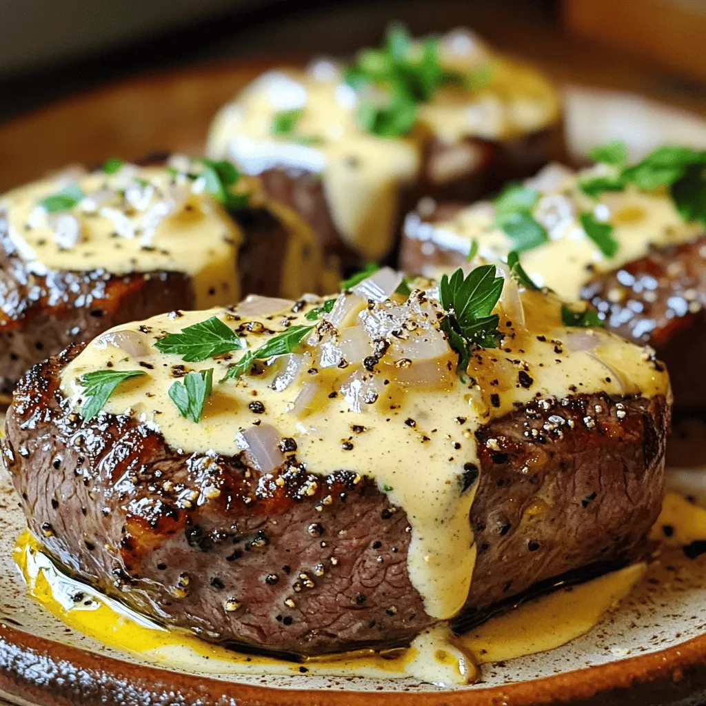 Beef tenderloin is a cut of meat known for its tenderness. This steak is lean, juicy, and perfect for a special meal. You want to choose steaks that are about 6 ounces each. Quality matters here, so look for fresh, well-marbled meat. Seasoning is key for flavor. Use salt and freshly ground black pepper to enhance the natural taste of the beef. Generously season both sides of the steaks. This simple step makes a big difference in flavor. Olive oil and butter are essential for cooking the steaks. Olive oil helps to sear the meat, while butter adds richness to the dish. Shallots bring a hint of sweetness and depth to the sauce. Finely chop one shallot for this recipe. Crushed black peppercorns are also vital. They add a nice kick to your sauce. For the creamy sauce, you need heavy cream. It gives the sauce its rich and smooth texture. Dijon mustard adds a touch of tanginess that balances the creaminess. It enhances the overall flavor profile. Finally, fresh parsley is for garnish. It adds a pop of color and freshness to your plate. Use a tablespoon, finely chopped, to sprinkle on top. If you want to see the complete list of ingredients, check the Full Recipe. Start by seasoning your beef tenderloin steaks. Use salt and freshly ground black pepper. Coat both sides well. This helps to enhance the beef's natural flavor. Let the steaks sit at room temperature for about 15 minutes. This resting time allows the meat to relax. Relaxed meat cooks more evenly and stays juicy. Heat a large skillet over medium-high heat. Add one tablespoon of olive oil. Once the oil is hot, place the steaks in the skillet. Sear for about 3-4 minutes on each side. You want a nice, brown crust. For medium-rare, aim for an internal temperature of 130°F. After searing, remove the steaks and let them rest on a plate. Resting allows the juices to redistribute, keeping your steak moist. In the same skillet, lower the heat to medium. Add one tablespoon of butter and let it melt. Once melted, add one finely chopped shallot. Cook for about 2 minutes until it turns translucent. Next, add one teaspoon of crushed black peppercorns. Stir for another minute. This step infuses the flavors into the butter. Now, pour in one cup of heavy cream. Bring it to a gentle simmer while stirring. Add one teaspoon of Dijon mustard and salt to taste. Let this simmer for about 5 minutes. You want the sauce to thicken slightly. Once thickened, return the rested beef tenderloin steaks to the skillet. Spoon some of the sauce over the steaks. Heat through for another minute, and then you are ready to serve. For the full recipe, check out the detailed instructions provided. Using a meat thermometer is key for perfect doneness. Insert it into the thickest part of the steak. - For rare, aim for 125°F. - For medium-rare, target 130°F. - For medium, go for 140°F. - For medium-well, check at 150°F. - For well done, look for 160°F or higher. These temperatures help you cook the beef just right. Remember, the steak will continue to cook slightly after you take it off the heat. To keep your sauce from getting too thick, stir it often while it simmers. If it thickens too much, add a splash of cream or broth. - If the sauce is too thin, let it simmer longer until it reduces. - Taste as you go! Adjust the flavors by adding salt, pepper, or a bit more Dijon mustard to suit your liking. This will help you create a sauce that perfectly matches your taste. Presentation makes a meal special. Serve the beef tenderloin on a warm plate. Drizzle extra sauce over the top for a beautiful look. - Add a sprig of parsley for color and freshness. - Pair the dish with garlic mashed potatoes or steamed asparagus for a complete meal. These tips will help you impress your guests with both taste and presentation. {{image_2}} You can switch up the pepper cream sauce for a fun twist. Try a mushroom cream sauce. Just sauté chopped mushrooms with the shallots. Add cream and let it thicken. For a garlic sauce, add minced garlic in place of shallots. The taste will change, but the dish stays great. Use fresh herbs to add flavor. Rosemary or thyme works nicely. You can mix in herbs right before serving. This adds a fresh touch to your plate. If beef tenderloin isn't your favorite, there are other options. Ribeye or sirloin steak can work well too. Just remember, different meats need different cook times. Ribeye has more fat. It cooks faster than tenderloin. Aim for 2-3 minutes less per side. For thinner cuts, like flank steak, cook for about 3-4 minutes total. Use a meat thermometer to check internal temp. Aim for 130°F for medium-rare. You can make this dish gluten-free or dairy-free. Instead of heavy cream, try coconut milk. It adds a nice flavor and works well in sauces. For the Dijon mustard, use a gluten-free version or skip it. A splash of vinegar can add tang instead. Check labels on all ingredients. Some sauces or stocks may have gluten. This way, you can enjoy your meal without worry. To keep your beef tenderloin and sauce fresh, store them in the fridge. Place the cooked steaks in an airtight container. Add the sauce in a separate container. This helps prevent the meat from getting soggy. Make sure to refrigerate within two hours of cooking. To extend shelf life, consume within three to four days. Reheat the beef gently to avoid drying it out. You can use a skillet over low heat. Add a splash of water or broth to keep it moist. Cover the skillet with a lid. For the sauce, use a small pot over low heat. Stir often until it reaches your desired warmth. Do not let it boil, as this can change the texture. Yes, you can freeze cooked beef tenderloin with sauce. Wrap the steaks tightly in plastic wrap, then place them in a freezer bag. For the sauce, pour it into a freezer-safe container. Label everything with the date. To thaw, place the items in the fridge overnight. Reheat as mentioned earlier for the best results. To keep your beef tenderloin moist, start with quality meat. I recommend using fresh cuts. Season the steaks with salt and pepper before cooking. This helps lock in juices. Let them rest after cooking for a few minutes. Resting allows the juices to settle. Also, searing them in a hot pan helps seal in moisture. Beef tenderloin pairs well with many side dishes. I suggest creamy garlic mashed potatoes for a classic touch. You can also serve it with steamed asparagus or sautéed green beans. A fresh salad adds a nice crunch too. Try a simple arugula salad with lemon vinaigrette. It balances the richness of the steak. Yes, you can prep this dish in advance. You can season the beef and make the sauce earlier in the day. Keep them separate in the fridge. When you’re ready to eat, just reheat the sauce gently. For the beef, sear it fresh for best taste. This way, you get great flavors without much stress. The best way to season beef tenderloin is simple. Use coarse salt and freshly cracked black pepper. Generously season both sides before cooking. For extra flavor, try adding herbs like thyme or rosemary. You can even rub a bit of garlic on the meat. This adds depth and enhances the natural taste of the beef. In this post, we explored how to create a delicious beef tenderloin with pepper cream sauce. I covered key ingredients, cooking techniques, and helpful tips. You learned how to perfectly sear your steaks, make a rich sauce, and present your dish beautifully. Cooking can be simple and fun. Use these techniques to impress anyone with your skills. Enjoy your cooking journey and always explore new flavors!