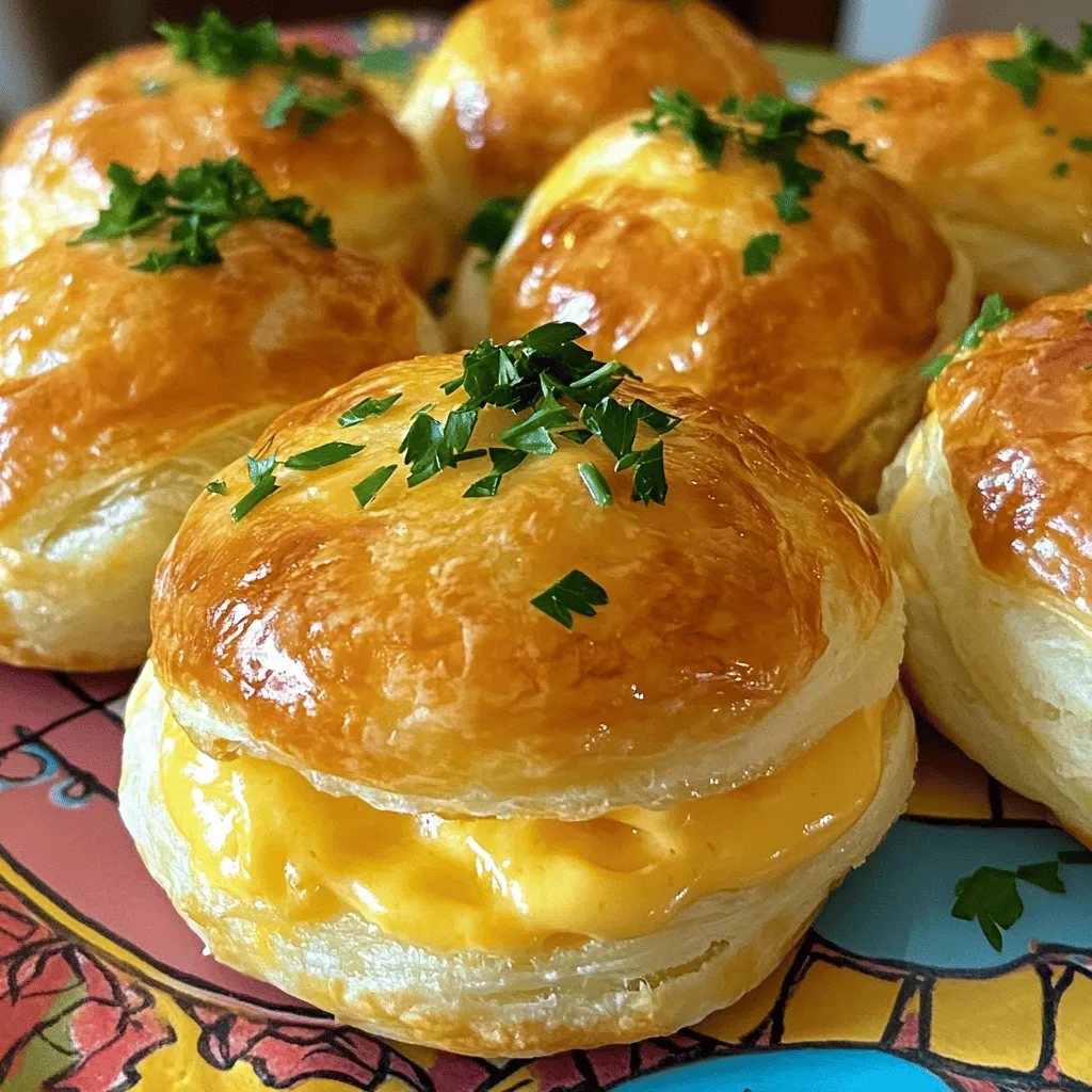 To make perfect cheese puffs, you need a few key ingredients. Here’s what you’ll need: - 1 cup all-purpose flour - 1/2 cup unsalted butter - 1 cup water - 1 cup shredded cheddar cheese - 4 large eggs - 1/2 teaspoon garlic powder - 1/4 teaspoon cayenne pepper (optional) - Salt to taste - Fresh parsley, chopped (for garnish) The flour gives the puffs structure. Butter adds richness and flavor. Water helps form the dough. Cheddar cheese is the star, bringing a delightful taste. Eggs help the puffs rise and create a light texture. You can take your cheese puffs to the next level. Here are some optional ingredients: - 1/4 teaspoon onion powder - 1/4 cup grated Parmesan cheese - Fresh herbs like chives or thyme Adding onion powder gives a savory depth. Parmesan brings a sharp kick. Fresh herbs add brightness and aroma. If you have dietary needs, you can still enjoy cheese puffs. Consider these substitutions: - Use gluten-free flour for a gluten-free option. - Substitute vegan butter and cheese for a dairy-free version. - Use egg replacers like flaxseed meal or applesauce for egg-free puffs. These swaps keep the flavor while meeting dietary needs. For the full recipe, check out the complete instructions. 1. Preheat the oven. Set it to 400°F (200°C). Line a baking sheet with parchment paper. 2. Melt butter and water. In a saucepan, mix the butter and water. Heat it on medium until the butter melts. 3. Add flour. Pour the flour into the saucepan. Stir it well until the dough forms a ball. It should pull away from the pan. Then, remove it from heat. 4. Cool and mix in eggs. Let the dough cool for five minutes. Add eggs one by one. Mix well after each egg until the batter is smooth. 5. Incorporate cheese and seasonings. Stir in the shredded cheddar cheese, garlic powder, cayenne pepper (if using), and salt. Mix until everything is combined. 6. Shape the puffs. Use a piping bag or spoon to drop tablespoon-sized mounds of batter onto the baking sheet. Space them about two inches apart. 7. Bake. Place the sheet in the oven. Bake for 20-25 minutes until the puffs are golden and puffed up. 8. Cool and garnish. Take them out of the oven. Let them cool slightly. Garnish with fresh chopped parsley before you serve. - Use fresh cheese. Freshly shredded cheese melts better and adds more flavor. - Mix well. Make sure the eggs blend smoothly into the dough. This helps the puffs rise. - Don’t open the oven. Keep the oven closed while baking. Opening it lets heat escape and can cause puffs to deflate. - Skipping the cooling step. Don’t rush to add eggs. If the dough is too hot, it can cook the eggs and ruin the texture. - Not spacing them out. If you place puffs too close, they will merge into one big puff while baking. - Underbaking. If you remove them too soon, the centers may be gooey. They should be golden all over for the best result. For a detailed overview of the ingredients, check out the Full Recipe. To make the best cheese puffs, focus on the dough. After you mix the butter and water, let the dough cool. This step helps the eggs blend better. Add eggs slowly, mixing after each one. This keeps your puffs airy. If your batter is too thick, they won’t puff well. Aim for a thick but smooth texture. Serve your cheese puffs warm. They taste best when fresh from the oven. Arrange them on a bright platter to catch the eye. If you have leftovers, store them in an airtight container. They can stay fresh for about two days. For longer storage, freeze them. Just reheat in the oven when you're ready to enjoy. Pair cheese puffs with fun dips. Marinara sauce or ranch dressing works great. For a kick, try spicy aioli or hot sauce. Fresh herbs can also add flavor. Consider using parsley, chives, or basil for garnish. You can even sprinkle some cheese on top before serving for extra flair. For the full recipe, check out the detailed steps above. Enjoy making these delightful snacks! {{image_2}} You can make cheese puffs gluten-free. Use gluten-free flour instead of all-purpose flour. This swap keeps the texture right. Follow the same steps in the full recipe. Enjoy the same taste without gluten! You can change the flavor of cheese puffs. Want spice? Add more cayenne pepper. For herbs, mix in dried basil or thyme. If you want a sweet twist, try adding a touch of sugar. These changes give you a fun new snack. Mix different cheeses for special flavors. Cheddar is a classic choice, but you can try mozzarella for a gooey bite. Parmesan adds a nice savory touch. Blend gouda or pepper jack for a kick. Experiment with your favorite cheeses for unique puffs! To keep your cheese puffs fresh, let them cool completely. Place them in an airtight container. You can store them at room temperature for up to two days. For longer storage, use the fridge. They will last up to a week in the fridge. Make sure to separate layers with parchment paper to avoid sticking. When you want to enjoy leftover cheese puffs, the oven is your best friend. Preheat your oven to 350°F (175°C). Place the puffs on a baking sheet. Heat for about 10 minutes, or until warm and crispy. This method revives their fluffy texture. You can also use a microwave, but they may become soft. If you choose the microwave, heat in short bursts, about 15 seconds at a time. Freezing cheese puffs is simple. After they cool, place them in a single layer on a baking sheet. Freeze them for about an hour. Once frozen, transfer them to a freezer bag. They can stay in the freezer for up to three months. When ready to eat, bake them straight from the freezer. Just add a few extra minutes to the cooking time. Enjoy this tasty treat anytime with these easy storage tips! You can make cheese puffs from scratch using simple steps. First, gather your ingredients: flour, butter, water, cheese, eggs, and seasonings. Next, melt the butter with water in a pot. Once melted, add the flour and stir until it forms a dough. After that, let it cool for a short time. Then, beat in the eggs one by one. Finally, mix in the cheese and seasonings. Pipe or spoon the dough onto a baking sheet and bake until golden. You can find the Full Recipe for more details. Homemade cheese puffs contain various nutrients. Each puff has calories from flour, butter, and cheese. The amounts depend on how many you eat. Generally, one puff has about 100 calories. It offers protein from the cheese and eggs. It also has fat from the butter and cheese. For exact numbers, check the ingredients used. Yes, you can use different types of cheese in cheese puffs. Cheddar is a classic choice, but you can try mozzarella, gouda, or even feta. Each cheese adds a unique flavor and texture. Mixing cheeses can create a tasty twist. Just ensure the cheese melts well for the best result. Cheese puffs last about 2 to 3 days in the fridge. Store them in an airtight container to keep them fresh. If you want to keep them longer, consider freezing them. They can stay fresh in the freezer for up to a month. Just reheat them in the oven when you want to enjoy. You’ve learned about the key ingredients and step-by-step instructions for cheese puffs. Remember the tips for the best texture and how to avoid common mistakes. Variations and substitutions make this dish friendly for everyone. Store cheese puffs well to keep them fresh, and don’t hesitate to play with flavors. Making cheese puffs is fun, and they are a hit at any gathering. Enjoy creating your perfect cheese puffs.