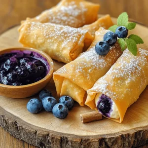 To make these delightful treats, gather these main ingredients: - 1 cup fresh blueberries - 4 oz cream cheese, softened - 2 tablespoons powdered sugar - 1 teaspoon vanilla extract - 6 egg roll wrappers - 1 egg, beaten (for sealing) - Cooking oil (for frying) - 2 tablespoons granulated sugar (for sprinkling) These ingredients work together to create a creamy, sweet filling wrapped in a crispy shell. For a little twist, consider these optional ingredients: - Cinnamon for a gentle spice - Lemon zest for a bright touch - A splash of almond extract for deeper flavor These additions can elevate the taste and add your personal flair. To complement your egg rolls, try one of these dipping sauces: - Blueberry sauce for a fruity dip - Whipped cream for a rich touch - Chocolate sauce for a sweet contrast These sauces can enhance your dessert and bring even more joy to each bite. Enjoy crafting your own unique experience with Blueberry Cream Cheese Egg Rolls. For the complete recipe, check out the [Full Recipe]. Start with a mixing bowl. Add the softened cream cheese, powdered sugar, and vanilla extract. Use a hand mixer or a spatula to blend them together until the mixture is smooth and creamy. This will create a rich base for your egg rolls. Once smooth, gently fold in the fresh blueberries. Be careful not to crush them too much. You want the blueberries to keep their shape. Set this mixture aside for now. Grab your egg roll wrappers. Lay one on a clean surface, with a corner pointing towards you. This makes it easier to fill. Spoon about 2 tablespoons of the blueberry cream cheese mixture into the center. Next, brush the edges of the wrapper with the beaten egg. This helps seal the egg rolls. Fold the bottom corner over the filling first. Then, fold in the sides and roll it up tightly. Make sure to press the edges to seal them well. Repeat this with the rest of the wrappers and filling. Now it's time to fry! In a deep skillet or pot, pour in about 1 inch of cooking oil. Heat the oil over medium heat until it reaches 350°F (175°C). Carefully place a few egg rolls in the hot oil. Fry them for about 2-3 minutes on each side. You want them golden and crispy. Once done, take them out and place them on paper towels to drain any excess oil. While they are still warm, sprinkle granulated sugar on top. If you like, add a bit of cinnamon for extra flavor. Enjoy your beautiful Blueberry Cream Cheese Egg Rolls as a delicious dessert treat! For the full recipe, check above. Frying egg rolls can be tricky. Here are some tips to help you: - Use the right oil: Choose oils like vegetable or canola oil. They have high smoke points. - Heat oil properly: Heat the oil to 350°F (175°C). This helps cook the egg rolls evenly. - Don’t overcrowd the pan: Fry a few at a time. This keeps the oil's temperature steady. - Monitor closely: Fry until golden brown, about 2-3 minutes per side. Soggy egg rolls are no fun! Follow these steps to keep them crispy: - Drain excess oil: Use paper towels after frying to remove oil. - Don’t overfill: Use just 2 tablespoons of filling per egg roll. This helps them seal better. - Serve immediately: Enjoy them fresh out of the fryer for the best crunch. - Keep warm in the oven: If serving later, keep them in a warm oven at 200°F (93°C) to stay crispy. Pair your egg rolls with fun dips and sides: - Dipping sauces: Try blueberry sauce, whipped cream, or chocolate sauce. - Fresh fruit: Serve with more fresh blueberries or strawberries for color. - Ice cream: A scoop of vanilla ice cream is a great contrast to the warm rolls. - Presentation: Use a nice platter and add a sprinkle of powdered sugar on top for a lovely finish. For the complete recipe, check out the [Full Recipe]. {{image_2}} You can change the fruit in these egg rolls for fun. Try strawberries, raspberries, or peaches. Each fruit brings a new flavor. For instance, strawberries add a sweet and tart taste. Raspberries give a slight tanginess, while peaches add a juicy, soft bite. Just make sure to keep the filling creamy, just like with blueberries. If you like your desserts sweeter, add more sugar to the cream cheese mix. Start with an extra tablespoon and taste it. If you want less sweetness, reduce the powdered sugar. You can also use honey or maple syrup for a natural touch. This way, you can make it perfect for your taste buds. If frying isn't your thing, you can bake these egg rolls. Preheat your oven to 375°F (190°C). Place the egg rolls on a baking sheet lined with parchment. Brush them lightly with oil for a golden finish. Bake for about 15-20 minutes until they are crispy. This method cuts down on oil and makes for a lighter dessert. You can still enjoy the same great taste! Check out the Full Recipe for more details. To store leftover egg rolls, let them cool first. Place them in an airtight container. You can keep them in the fridge for up to three days. If you want to enjoy them later, you can freeze them. Just make sure to wrap them tightly in plastic wrap before placing them in a freezer bag. This keeps them fresh and tasty. When you're ready to eat your leftover egg rolls, you want them crispy. The best way to reheat them is in the oven. Preheat your oven to 375°F (190°C). Place the egg rolls on a baking sheet lined with parchment paper. Bake for about 10-15 minutes. This method keeps them crispy and warm without making them soggy. You can also use an air fryer for a quicker option. Just heat them at 350°F (175°C) for about 5-7 minutes. To freeze your egg rolls, place them on a baking sheet in a single layer first. This prevents them from sticking together. Freeze them for about 1-2 hours until solid. Then, transfer them to a freezer bag. You can keep them in the freezer for up to three months. When you're ready to cook them, no need to thaw. Just fry or bake them straight from the freezer for a quick and delicious treat. For the full recipe, refer to the earlier sections. Yes, you can prepare the filling and wrappers ahead. Store the filling in the fridge. Wrap the egg rolls just before frying. This keeps them crisp. You can also freeze the assembled rolls. Just make sure to separate them with parchment paper. Fry them straight from the freezer when ready to enjoy. If you can't find egg roll wrappers, use spring roll wrappers. They are thinner but work well. You can also try using phyllo dough for a flaky texture. Just keep in mind, cooking times may vary. Make sure to adjust based on the wrapper you choose. Leftover egg rolls can last for about 2 to 3 days in the fridge. Store them in an airtight container to keep them fresh. When reheating, use an oven to restore their crispness. Microwaving can make them soggy, so avoid that if possible. For longer storage, consider freezing them. In this post, we explored the tasty world of Blueberry Cream Cheese Egg Rolls. You learned about essential ingredients, step-by-step instructions, and helpful tips for perfecting your dish. We also looked at fun variations and smart storage options. Now you’re ready to make these treats at home. Enjoy sharing them with friends and family. They'll love the flavors and crispy texture. Happy cooking!