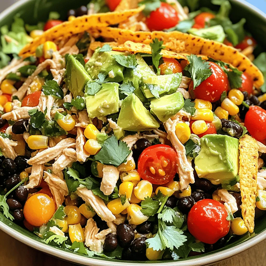 The Spicy Southwest Chicken Salad needs fresh and tasty ingredients. Here’s what you need: - 2 cups cooked chicken breast, shredded - 1 can black beans, rinsed and drained - 1 cup corn kernels (fresh or frozen) - 1 red bell pepper, diced - 1 avocado, diced - 1/2 red onion, finely chopped - 1 cup cherry tomatoes, halved - 1/4 cup fresh cilantro, chopped - 1/4 cup lime juice (about 2 limes) - 2 tablespoons olive oil - 1 tablespoon chili powder - 1 teaspoon cumin - Salt and pepper to taste - Tortilla strips, for garnish (optional) Each ingredient adds a burst of flavor and color. The chicken provides protein, while beans add fiber. Corn brings sweetness, and bell pepper offers crunch. Avocado gives creaminess, and tomatoes add freshness. Cilantro brightens the dish, making it lively. The lime juice and olive oil create a zesty dressing. Chili powder and cumin give the salad its spicy kick. Salt and pepper enhance all the flavors. You can add tortilla strips for crunch, too! This salad is perfect for lunch or dinner. You can enjoy it fresh or chill it for later. For the complete preparation, check the Full Recipe. This salad comes together quickly. You can make it in just 15 minutes. Gather your ingredients first. This helps keep things organized. You will need cooked chicken, beans, corn, and veggies. Start by taking a large mixing bowl. Add the shredded chicken, black beans, corn, diced red bell pepper, and avocado. Then, toss in the finely chopped red onion and halved cherry tomatoes. Finally, add the fresh cilantro. Mix everything gently. You want all the flavors to combine without smashing the veggies. In a separate small bowl, whisk together the lime juice and olive oil. Add the chili powder, cumin, salt, and pepper. Mix until you see a nice blend. This dressing adds zest to your salad. You can adjust the spices to fit your taste. If you like it spicier, add more chili powder. Pour the dressing over your chicken and veggie mix. Gently toss it all together. Make sure everything is well coated. Taste the salad and adjust the seasoning if needed. If you want, add more salt, pepper, or lime juice. For extra crunch, sprinkle tortilla strips on top. If you are not serving right away, chill it for 30 minutes. This allows all the flavors to meld together beautifully. Don't forget to check out the Full Recipe for more details! To boost the taste of your Spicy Southwest Chicken Salad, try using fresh herbs. Fresh cilantro adds brightness and depth. You can also add jalapeños for extra heat. If you want a smoky flavor, consider adding smoked paprika. Don't forget to adjust the lime juice for a zesty kick. Tasting as you go is key. It helps you find the right balance. Meal prep makes this salad quick and easy. Cook your chicken ahead of time. You can use leftover chicken or store-bought rotisserie chicken. Chop your veggies in advance, too. Just store them in separate containers. Mix the dressing separately to keep it fresh. You can assemble the salad when you are ready to eat. This method keeps everything crisp. Serve this salad in a big bowl for sharing. You can also plate it individually for a nice touch. Top each serving with tortilla strips for crunch. Pair it with a refreshing drink like iced tea or lemonade. This salad is great for lunch or dinner. You can even serve it at parties. It's colorful and appealing, so your guests will love it! For the complete recipe, check out the Full Recipe. {{image_2}} You can swap some ingredients to fit your taste. If you don’t like black beans, try kidney beans instead. You can also use chickpeas for a different flavor. If you can’t find red bell peppers, yellow or green peppers work too. For the avocado, you can use guacamole as a quick fix. If you want more crunch, add some jicama or radishes. These swaps keep the salad fresh and fun. Chicken is great, but you have other choices. You can use grilled shrimp for a seafood twist. If you prefer beef, try shredded taco meat. For a lighter option, use turkey breast or tofu. Each protein adds its own unique flavor. Feel free to mix and match proteins based on what you have at home or your mood. The dressing is key to making this salad shine. If you want a creamier texture, try adding Greek yogurt to the lime dressing. A spicy ranch dressing can also add a kick. For a citrusy twist, use orange juice instead of lime. You can even make a vinaigrette with balsamic vinegar. Each dressing gives the salad a new life and taste. Remember, your salad should reflect what you love! Store your Spicy Southwest Chicken Salad in an airtight container. This keeps it fresh. Make sure the salad is cool before sealing it. If you have leftovers, add the tortilla strips just before serving. This keeps them crunchy. Your salad lasts about 3 to 4 days in the fridge. The flavors blend well over time. However, the avocado may brown. To slow this, sprinkle lime juice on it. This keeps the salad looking fresh. You can eat the salad cold, which is great for hot days. If you prefer it warm, reheat the chicken only. Place it in a microwave-safe dish. Heat it for about 30 seconds, then mix it back into the salad. Enjoy your tasty meal! For the complete recipe, check the Full Recipe section. You can add jalapeños for heat. Fresh or pickled jalapeños work well. You might also try hot sauce, cayenne pepper, or chili flakes. Each option adds a kick to your salad. Adjust the amount based on your taste. Yes, you can make this salad ahead of time. Just keep the dressing separate until you are ready to serve. This keeps the salad fresh and crisp. You can store it in the fridge for up to two days. Just remember to mix in the dressing before serving. Absolutely! You can swap the chicken for grilled tofu or chickpeas. Both options add protein and flavor. This way, you keep the salad hearty and satisfying. You can also replace the chicken with extra beans or avocado. You can find the Full Recipe by following the link in this article. It contains all the steps and tips needed to create this tasty dish. Enjoy making your own Spicy Southwest Chicken Salad! This blog post covered everything you need to make a delicious salad. You learned about key ingredients, step-by-step prep, and tips to boost flavor. We explored variations for your taste and storage tips to keep it fresh. Remember, this salad is flexible. You can customize it to fit your needs. Enjoy creating your own tasty dish that everyone will love!