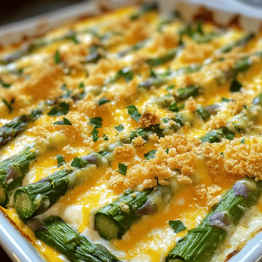 - 1 pound fresh asparagus, trimmed and cut into 2-inch pieces - 1 cup cooked quinoa or brown rice - 1 cup sharp cheddar cheese, shredded - ½ cup cream cheese, softened - 1 cup vegetable broth - 1 cup milk - 1 teaspoon garlic powder - 1 teaspoon onion powder - 1 tablespoon olive oil - Salt and pepper, to taste - ½ cup breadcrumbs (optional for topping) - Fresh parsley, chopped for garnish Gathering the right ingredients is key to making this cheesy asparagus casserole. Start with fresh asparagus. It is crisp and bright green. You can choose quinoa or brown rice, both add a hearty touch. Sharp cheddar cheese gives a rich flavor. Cream cheese makes the dish creamy and smooth. Don’t forget the vegetable broth and milk; they create the perfect base. Garlic and onion powders add depth. Use olive oil for a touch of warmth and flavor. Salt and pepper will enhance every bite. Breadcrumbs are optional but add a nice crunch on top. Finally, fresh parsley brightens the dish and adds color. Make sure you have all these items ready before you start cooking. This will help you stay organized and keep the process smooth. If you want to see the full recipe, check the previous section for step-by-step instructions. - 9x13 inch baking dish - Mixing bowls - Whisk - Measuring cups and spoons Having the right tools makes cooking easier. A 9x13 inch baking dish is perfect for this casserole. You will need mixing bowls to combine your ingredients. A whisk helps mix the cream cheese with the liquids until smooth. Measuring cups and spoons ensure you get the right amounts. With these tools, you will be ready to create a delicious dish. - Preheat the oven to 375°F (190°C). - In a large bowl, mix cream cheese, milk, and vegetable broth until smooth. This step is crucial for a creamy base. - Incorporate garlic powder, onion powder, salt, and pepper into the mixture. These spices add great flavor. - Next, add cooked quinoa or brown rice and half of the shredded cheddar cheese. Stir until everything is well combined. This adds texture and heartiness. - Fold in the asparagus pieces. Ensure they are evenly coated with the creamy mixture. - Transfer the mixture into a greased 9x13 inch baking dish. Spread it out evenly. - Sprinkle the remaining cheddar cheese over the top of the casserole. If you like a crunch, add breadcrumbs on top. - Drizzle olive oil evenly over the breadcrumbs. This helps them crisp up nicely. - Bake in the preheated oven for 25-30 minutes. Look for a bubbly casserole with a golden brown top. - Once done, let it cool slightly before serving. You can garnish with fresh parsley for a pop of color. For the full recipe, check out the provided link. To get the best results with your Cheesy Asparagus Casserole, cut the asparagus into even pieces. This helps it cook evenly. Aim for 2-inch pieces. Bigger pieces may not cook through, and smaller ones can get mushy. For a creamy texture, mix the cream cheese well with milk and broth. A smooth blend ensures every bite is rich and flavorful. Stir in the cheese gently to keep it fluffy. If you don’t have quinoa or rice, you can use couscous or barley. Both options add great texture. They also cook quickly, which saves time. For cheese, cheddar works well, but feel free to swap it out. Mozzarella offers a milder taste, while feta adds a tangy kick. Mixing different cheeses can also create a unique flavor profile. This casserole pairs nicely with grilled chicken or fish. The lightness of the meat complements the creamy dish. For side dishes, consider a simple green salad or roasted vegetables. These options add freshness and balance the richness of the casserole. Explore the [Full Recipe] for detailed cooking steps and more tips. {{image_2}} You can add seasonal veggies to your Cheesy Asparagus Casserole. Broccoli and peas work great. They add color and crunch. You can mix them in with the asparagus. Cheese choices can change the dish's taste. Try mozzarella for a milder flavor. Feta adds a salty kick. Each cheese brings a new twist to the casserole. If you need a gluten-free dish, switch breadcrumbs for gluten-free options. You can skip the breadcrumbs altogether for a lighter version. For vegetarians, use cashew cream instead of cream cheese. It gives a creamy texture and works well. Vegans can also enjoy this dish with plant-based cheese. To boost flavor, add spices like paprika or cayenne. Fresh herbs like thyme or basil can change the taste, too. Using flavored broths adds depth. You can try mushroom or garlic broth for a new flavor profile. These small tweaks can make your casserole special. For the full recipe, check [Full Recipe]. To keep your Cheesy Asparagus Casserole fresh, store leftovers right away. Let it cool for about 30 minutes after baking. Then, place it in an airtight container. This helps keep the flavors intact. You can also wrap it tightly in plastic wrap. Glass containers work best for leftovers, as they prevent odors. If stored properly, the casserole lasts about 3 to 5 days in the fridge. Always check for any signs of spoilage before eating. To reheat, preheat your oven to 350°F (175°C). Place the casserole in a baking dish and cover it with foil. Heat for 20-25 minutes, until it’s hot. You can also microwave individual portions for 1-2 minutes. You can freeze Cheesy Asparagus Casserole for up to 3 months. Make sure it cools completely before freezing. Use a freezer-safe container or wrap it well in plastic wrap and foil. When you’re ready to eat, thaw it overnight in the fridge. To reheat, follow the same oven method at 350°F (175°C). This ensures it stays creamy and delicious. For the full recipe, refer to the original document. Yes, you can prepare Cheesy Asparagus Casserole in advance. This makes dinner easier. To do this, follow these steps: - Make the casserole up to step 6. - Cover it tightly with plastic wrap. - Store it in the fridge for up to 24 hours. - When ready, bake it at 375°F (190°C) for 30-35 minutes. This method keeps the flavors fresh. You can even freeze it for longer storage. Cheesy Asparagus Casserole pairs well with many sides. Here are some great options: - A fresh green salad with a light vinaigrette. - Roasted chicken or turkey for a hearty meal. - Grilled shrimp or fish for a lighter touch. - Garlic bread or rolls to soak up the creamy sauce. These sides enhance the meal and provide balance. To check if your casserole is ready, look for these signs: - The top should be golden brown. - The edges should bubble slightly. - A knife inserted in the center should come out clean. To avoid overcooking, keep an eye on it in the last few minutes. Enjoy your delicious and creamy dish! If you want the full recipe, check [Full Recipe]. This Cheesy Asparagus Casserole is easy to make and very tasty. You just need some fresh asparagus, quinoa, and cheese. Follow the steps to mix, bake, and serve a delicious dish. Remember, you can switch up ingredients to match your taste. Perfecting this recipe will impress your family and friends. Enjoy your cooking adventure!