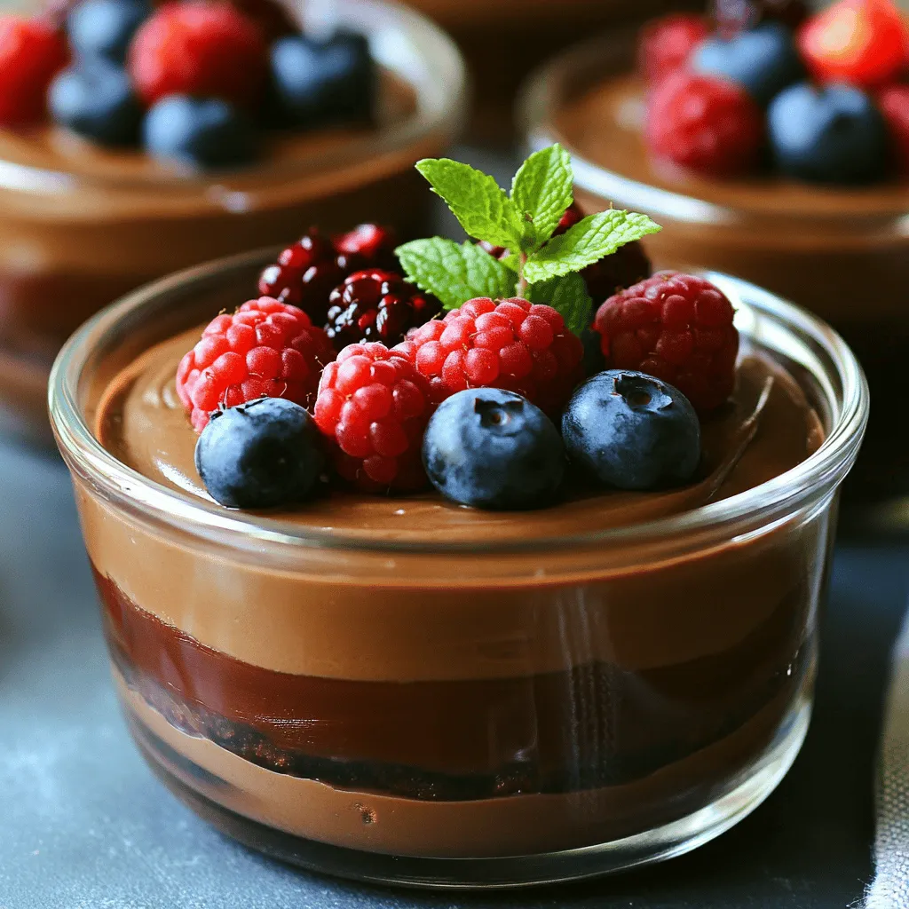 - Heavy cream - Semi-sweet chocolate chips - Powdered sugar - Vanilla extract - Sea salt - Optional garnishes To make easy chocolate mousse cups, you need just a few simple ingredients. First, gather 1 cup of heavy cream. This gives the mousse its rich and creamy texture. Next, grab 1/2 cup of semi-sweet chocolate chips. These provide the delicious chocolate flavor we all love. You will also need 1/4 cup of powdered sugar. This sweetens the mousse without adding grit. For a touch of warmth, add 1 teaspoon of vanilla extract. A small amount of sea salt enhances the chocolate taste. Lastly, you can choose optional garnishes like fresh berries or mint leaves to make the dessert look pretty. With these ingredients, you can create a smooth, rich, and delightful chocolate mousse. For the full recipe, check out the details above. You’ll enjoy every creamy spoonful! 1. Melting the chocolate Start with the semi-sweet chocolate chips. Place them in a microwave-safe bowl. Heat in 30-second intervals, stirring each time. This ensures the chocolate melts evenly. Once smooth, let it cool for a few minutes. 2. Whipping the cream Next, pour the heavy cream into a mixing bowl. Use a hand mixer or a whisk. Beat until you see soft peaks. This takes about 2 to 4 minutes. You want the cream to be thick but not too stiff. 3. Folding the mixtures together Now, take a small amount of whipped cream and mix it with the melted chocolate. This lightens the chocolate. Then gently fold the chocolate mixture into the rest of the whipped cream. Use a spatula and be careful not to deflate it. 4. Spoon or pipe into cups Once combined, scoop or pipe the mousse into individual cups. Try to make them look nice. This will be the base for your delicious treat. - Recommended chilling duration Chill the mousse cups in the fridge for at least 1 hour. This helps the mousse set properly. It allows the flavors to blend well too. - Importance of proper setting Setting the mousse is key. It gives the mousse its light and airy texture. If you skip this step, the mousse may not hold its shape when served. Enjoy it after the wait! To make the best mousse, you need to know about peaks. There are two types: soft peaks and stiff peaks. Soft peaks form when you whip cream just enough. The cream should hold a gentle shape but still droop over. Stiff peaks form when the cream is whipped longer. This cream stands tall and keeps its shape. Avoid overmixing when you add the powdered sugar and vanilla. Overmixing can make your mousse grainy. When you fold in the chocolate, do it gently. Use a spatula and lift the mixture from the bottom. This helps keep the mousse light and airy. Garnishes can add fun and flair to your mousse cups. Fresh berries like raspberries or strawberries work great. They add color and a tasty bite. Mint leaves are another nice touch. They add a fresh scent that brightens the dish. You can also switch up the chocolate. Use dark chocolate for a richer taste. Or, try white chocolate for a sweeter flavor. If you want to add a twist, think about adding coffee or orange zest. These small changes can make your mousse even more special. For the full recipe, check out the instructions above. {{image_2}} You can make your chocolate mousse cups even more fun by adding flavors. For a coffee kick, mix in a teaspoon of instant coffee or espresso powder. This adds a rich depth that pairs well with chocolate. If you like citrus, try adding a bit of orange zest. It gives a bright note that cuts through the sweetness. You can also change the type of chocolate you use. Dark chocolate gives a richer taste. Milk chocolate is sweeter and creamier. You can even experiment with white chocolate for a unique twist. Each type will change the flavor and texture of your mousse. If you want a vegan option, use coconut cream instead of heavy cream. It whips up nicely and adds a light coconut flavor. For the chocolate, choose a dairy-free chocolate. You can find many brands that are both tasty and vegan-friendly. For those looking to cut sugar, you can swap out the powdered sugar. Try using a sugar-free sweetener like stevia or erythritol. Just keep in mind that sweetness levels can vary, so adjust to your taste. This way, you can enjoy your mousse without the added sugar. To keep your chocolate mousse cups fresh, store them in the fridge. Use an airtight container or plastic wrap to cover them. This helps prevent any odors from the fridge from affecting the mousse. How long does the mousse last? If stored correctly, the mousse remains good for up to three days. After that, the texture may change, and it might not taste as fresh. If you have leftover mousse, don’t throw it away! You can use it in several fun ways. Here are some ideas: - Layered Desserts: Create a parfait by layering mousse with fruits and granola. - Filling for Cakes: Use it as a rich filling between cake layers. - Topping for Pancakes or Waffles: Spread it on your breakfast for a sweet treat. With these tips, you can enjoy every last bit of your chocolate mousse cups. For the complete recipe, check out the Full Recipe. You can use whipped topping, but it changes the texture. Heavy cream gives a rich, creamy mousse. Whipped topping is lighter and sweeter. If you want a lighter mousse, it’s a good option. Just remember, it may not taste as rich. You can make this mousse up to two days ahead. Just follow the recipe and chill it well. Store it in the fridge in an airtight container. When ready to serve, garnish with berries and mint. This keeps it fresh and tasty. Chocolate mousse is light and airy, while chocolate pudding is thick and creamy. Mousse uses whipped cream for fluffiness. Pudding often uses cornstarch for thickness. This makes mousse a dessert that feels more special and elegant. In this blog post, we explored how to make chocolate mousse. We covered the key ingredients, from heavy cream to semi-sweet chocolate chips. Each step, from melting chocolate to chilling time, is crucial for great results. I shared tips to help you achieve the perfect texture and enhance flavor. You can also customize the recipe to fit your taste. Finally, proper storage tips ensure your mousse stays fresh. Remember, making chocolate mousse is fun and easy. Enjoy your delicious creation!