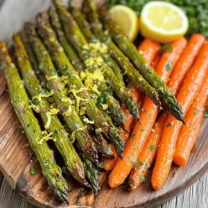 - 1 bunch of fresh asparagus, trimmed - 4 large carrots, peeled and sliced into thin sticks - 3 tablespoons olive oil - 1 teaspoon garlic powder - 1 teaspoon smoked paprika - Salt and pepper to taste - Zest of 1 lemon - Fresh parsley, chopped Gathering fresh produce is key for this dish. I love using vibrant asparagus and sweet carrots. These veggies add color and taste to your meal. When you trim the asparagus, cut off the tough ends. This helps them cook evenly and taste great. For the carrots, slice them into thin sticks. This way, they roast nicely and stay tender. You will need some seasoning to bring out the flavors. I use olive oil for a rich taste. Garlic powder adds a nice kick, while smoked paprika gives a warm depth. Adjust the salt and pepper to fit your taste. Finally, lemon zest brightens the dish and adds freshness. Don't forget the parsley! It adds a pop of color and a fresh touch on top. For the full recipe, check out the Delicious Roasted Asparagus and Carrots 🥕. Preheat your oven to 425°F (220°C). This step helps cook the veggies evenly. A hot oven gives them a nice crisp. Combine asparagus and carrot sticks in a large mixing bowl. I like to use fresh, bright green asparagus. Drizzle olive oil over the vegetables and toss to coat evenly. Make sure every piece gets some oil for the best flavor. Add garlic powder, smoked paprika, salt, and pepper, then toss again. This blend adds a warm, smoky taste. The garlic gives a nice kick. Spread seasoned vegetables on a baking sheet lined with parchment paper. This helps with cleanup later. Roast for 15-20 minutes until tender and crispy. Keep an eye on them; you want that golden color. Add lemon zest over the vegetables post-roasting. This brightens up the flavors. Garnish with fresh parsley before serving. It adds a pop of color and freshness. Enjoy your delicious roasted asparagus and carrots! For the full recipe, check out the instructions above. To roast asparagus and carrots just right, timing is key. For a standard oven, roast for 15 to 20 minutes at 425°F (220°C). If you're using a convection oven, check them at around 12 to 15 minutes. The convection heat cooks faster and gives a crispier finish. You want the asparagus to be tender but a bit crispy. The carrots should be soft yet hold their shape. For the best texture, cut the carrots into thin sticks. This helps them cook evenly with the asparagus. Spices can transform your dish. Besides garlic powder and smoked paprika, consider adding cumin, thyme, or rosemary. Fresh herbs like basil or dill can add brightness. Fresh herbs usually pack more flavor than dried ones. If you're using dried spices, remember to use less. Dried spices are stronger, so start with half the amount. Experimenting with flavors can lead to delicious surprises. Roasted asparagus and carrots pair well with many main dishes. They go great with grilled chicken or fish. For a vegetarian option, serve them with quinoa or a hearty salad. If you’re heading to a potluck, serve them in a colorful dish. A sprinkle of lemon zest on top makes it look fresh and inviting. For dinner parties, place the veggies on a large platter. This adds a vibrant touch to your table. You can find the full recipe to make this dish at home. {{image_2}} You can add many vegetables to roasted asparagus and carrots. Bell peppers bring color and sweetness. Zucchini adds a nice texture and flavor. Try cherry tomatoes for a juicy burst. Broccoli florets give a crunchy contrast. Mixing these veggies makes your dish bright and fun. Want to make this dish vegan? Just skip the olive oil for a plant-based oil. Avocado oil works well and keeps the taste great. If you need a gluten-free option, this recipe is already safe for you. Just ensure your spices are gluten-free. Spices can change the whole taste of your dish. Try adding cumin or chili powder for warmth. You can also mix in some fresh herbs like thyme or rosemary. For a citrus twist, add lemon zest or lime juice. These flavors brighten up the veggies and make them sing! For the full recipe, check out the Delicious Roasted Asparagus and Carrots 🥕 section. To store leftovers in the fridge, let the veggies cool first. Place them in an airtight container. This keeps them fresh for up to four days. To keep roasted veggies at their best, avoid stacking them. Spread them out in the container to prevent sogginess. The best method to reheat without losing texture is to use the oven. Preheat your oven to 350°F (175°C). Spread the veggies on a baking sheet and heat for about 10 minutes. You can also use a skillet on low heat, stirring often. If you have leftovers, toss them into a salad or a grain bowl for added flavor. Yes, you can freeze roasted asparagus and carrots. To freeze, let them cool completely. Then, place them in a freezer bag. Remove as much air as possible before sealing. For meal prep, freeze them in portions. When you need them, thaw in the fridge overnight before reheating. Roasting asparagus and carrots takes about 15 to 20 minutes at 425°F (220°C). The asparagus should become tender and slightly crispy. The carrots will also get soft but should hold some crunch. If you cut the carrots into thin sticks, they will roast faster. Always check them a few minutes before the time is up. Yes, you can use frozen asparagus and carrots. However, you should thaw them first. Pat them dry with a towel to remove excess moisture. This step is key for getting a nice roast. Frozen veggies might take a bit longer to cook. Keep an eye on them to avoid overcooking. The best way to season roasted vegetables is with simple herbs and spices. I recommend using garlic powder, smoked paprika, salt, and pepper. You can also add dried herbs like thyme or oregano. Fresh herbs work well too! A squeeze of lemon juice can brighten the flavors. To get crispy roasted carrots, cut them into thin sticks. This size helps them cook evenly. Make sure to space them out on the baking sheet. If they are crowded, they will steam instead of roast. Toss them in olive oil to coat. This will help them crisp up nicely. Roasting asparagus and carrots is simple and rewarding. We explored the best ingredients, seasoning tips, and ways to enhance flavors. You learned how to prep, roast, and serve these veggies perfectly. Remember, fresh produce makes a big difference. Experiment with spices and different vegetables to keep it exciting. Store your leftovers well to enjoy them later. With these steps, you can create a delightful dish every time. Enjoy your cooking journey!