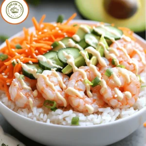 - 1 pound shrimp, peeled and deveined - 2 cups cooked jasmine rice - 1 avocado, sliced - 1 small cucumber, julienned - 1 cup shredded carrots - 1 tablespoon sesame oil - 1 tablespoon soy sauce - 1 teaspoon garlic powder - 1 teaspoon ginger paste The main ingredients are simple yet packed with flavor. Shrimp adds a delightful taste and a boost of protein. Cooked jasmine rice serves as a soft base, soaking up all the flavors. Fresh vegetables like avocado, cucumber, and carrots bring color and crunch to every bite. - 2 tablespoons mayonnaise - 1 tablespoon Sriracha (adjust for spice level) - 1 teaspoon lime juice Spicy mayo is a game changer. It combines creamy mayonnaise, spicy Sriracha, and zesty lime juice. This mix creates a tasty kick that makes the dish stand out. You can control the spice level by adding more or less Sriracha. - 2 green onions, chopped - Sesame seeds, for garnish Adding garnishes like green onions and sesame seeds enhances the dish. Green onions bring a fresh taste, while sesame seeds add a nice crunch. These extras make your shrimp rice bowl not only tasty but also pretty! For the complete recipe, check out the [Full Recipe]. Marinating the shrimp Start by marinating the shrimp to infuse flavor. In a medium bowl, combine the shrimp with sesame oil, soy sauce, garlic powder, and ginger paste. Mix well and let it sit for about 15 minutes. This step makes the shrimp juicy and tasty. Cooking the shrimp After marinating, it's time to cook the shrimp. Heat a non-stick skillet over medium-high heat. Add the marinated shrimp to the skillet. Cook for about 2-3 minutes on each side. You’ll know they are done when they turn pink and opaque. Remove them from the heat and set aside. Mixing ingredients To make the spicy mayo, grab a small bowl. Add mayonnaise, Sriracha, and lime juice. Stir everything together until smooth. This sauce adds a nice kick to the dish. Adjusting spice levels Taste your spicy mayo. If you want more heat, add more Sriracha. You can adjust it to match your taste. This way, everyone can enjoy their own level of spice. Organizing the rice and toppings Now, it’s time to build your bowls. Start with 2 cups of cooked jasmine rice, dividing it into four serving bowls. Top each bowl with the cooked shrimp, sliced avocado, julienned cucumber, and shredded carrots. Drizzling the spicy mayo Finally, drizzle the spicy mayo over the top of each bowl. Sprinkle with chopped green onions and sesame seeds for extra flavor and crunch. Enjoy your delicious shrimp rice bowls! For the full recipe, check the details above. To ensure your shrimp are cooked just right, look for a pink color. The shrimp should curl into a C shape when done. Avoid overcooking them, as this makes them rubbery. A good rule is to cook shrimp for 2–3 minutes on each side. For flavor enhancements, marinate the shrimp well. Use sesame oil, soy sauce, garlic powder, and ginger paste. Let the shrimp sit for about 15 minutes. This step boosts the taste and makes each bite more enjoyable. Using jasmine rice gives your shrimp rice bowls a lovely aroma and texture. Jasmine rice is softer and slightly sticky compared to other rice types like basmati. If you prefer a different flavor, you can try basmati or even brown rice. To cook rice to perfection, rinse it under cold water. This helps remove excess starch. Use a 1:1.5 rice-to-water ratio. Cook it on low heat until all the water absorbs. This method yields fluffy rice for your bowls. When making the spicy mayo, start with equal parts of mayonnaise and Sriracha. You can adjust the mayo ratios based on how spicy you like it. If you want less heat, add more mayo. Feel free to explore other spice options too. Try adding garlic powder or even a dash of cayenne pepper for extra kick. This way, you can create a sauce that fits your taste perfectly. For the full recipe, check the details above. {{image_2}} You can swap shrimp for chicken or tofu. Both options work well. - Chicken: Use diced chicken breast. Cook it for about 5-7 minutes until it’s golden and cooked through. - Tofu: For a vegetarian option, try firm tofu. Cut it into cubes and sauté until crispy. Seafood variations are also tasty. You can use scallops or even crab. Each brings a unique flavor to your bowl. Mix up your veggies for a fresh twist. Seasonal vegetables add color and taste. - Spring: Try asparagus or snap peas. - Summer: Use zucchini or bell peppers. - Fall: Add roasted butternut squash or Brussels sprouts. - Winter: Kale or spinach gives a hearty touch. For extra toppings, consider: - Pickled radishes for a tangy crunch. - Seaweed salad for umami flavor. - Edamame for a protein boost. You can switch the flavor with different sauces. Here are some ideas: - Teriyaki Sauce: Sweet and savory, it's a great option. - Hoisin Sauce: Adds a rich, sweet flavor. - Chimichurri: This herbal sauce gives a fresh taste. Explore global flavors with: - Thai: Add coconut milk and lime. - Mexican: Use chipotle sauce and cilantro. - Mediterranean: Try a drizzle of tahini or tzatziki. Experiment with these variations to keep your shrimp rice bowls exciting. For a complete guide, refer to the Full Recipe. After you enjoy your shrimp rice bowls, store any leftovers right away. Place them in an airtight container. This helps keep them fresh longer. You can store the rice bowls in the fridge for up to three days. Make sure to cool them down before sealing. If you want to save them for later, you can freeze shrimp rice bowls. First, let them cool completely. Then, transfer them to a freezer-safe container or bag. They can last in the freezer for up to three months. Label the containers with the date for easy tracking. When it’s time to eat your leftovers, reheating them correctly is key. The best method is to use a microwave. Place the bowl in the microwave and cover it with a damp paper towel. This helps steam the food and keeps it moist. Heat for about 1-2 minutes. Check that the shrimp are hot throughout. You can also reheat on the stove. Place the shrimp rice bowl in a skillet over low heat. Stir gently until everything is warm. This method helps maintain the texture and flavor of the shrimp and veggies. To save time on busy days, you can prep some components in advance. Cook the jasmine rice ahead of time. Store it in the fridge for up to five days. You can also marinate the shrimp the night before. This allows the shrimp to soak in all the flavors. Chop the vegetables like cucumber and avocado beforehand too. Keep them in separate airtight containers. When you are ready to eat, just assemble the bowls. This makes your meal quick and easy while still being delicious. For more meal prep ideas, check out the full recipe. You can tell shrimp are cooked by their color and texture. Raw shrimp are gray. Cooked shrimp turn pink and have a firm texture. They should curl slightly but not be tight. For cooking time, shrimp usually take about 2-3 minutes on each side. If you overcook them, they can become rubbery. Always watch closely while cooking. Yes, you can make this dish vegetarian! Use tofu or tempeh instead of shrimp. Both options take on flavors well. For sauces, swap the spicy mayo with a vegan version. Use vegan mayonnaise and add sriracha. This keeps the heat and flavor intact. Consider serving shrimp rice bowls with fresh side salads. A simple cucumber salad pairs well. You can also add edamame or steamed broccoli for a nutritious boost. For a crunchy texture, try crispy seaweed snacks. They add a nice touch without overpowering the main dish. This blog post covered all you need for tasty shrimp rice bowls. We explored key ingredients like shrimp, jasmine rice, and fresh veggies. I shared how to make spicy mayo and assemble your bowl step by step. You learned tips for cooking shrimp, making rice, and adjusting flavors. We even discussed variations and storage tips to help with meal prep. With these tools, you can create delicious bowls again and again. Enjoy experimenting with flavors and toppings that suit your taste!