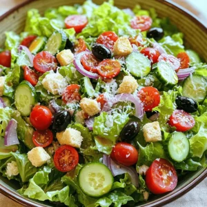 - Romaine lettuce - Cherry tomatoes - Cucumber - Red onion Fresh produce forms the heart of the Olive Garden salad. You start with romaine lettuce, which gives a nice crunch. I love using cherry tomatoes for their sweetness. They add color and flavor. Cucumber brings a refreshing taste that balances the salad. Thinly sliced red onion adds a bit of zing. Choose firm, fresh produce for the best taste. - Olive oil - Red wine vinegar - Italian seasoning - Salt and pepper Next, you need some pantry staples. Olive oil serves as the base for the dressing. It has a rich flavor that complements the salad. I use red wine vinegar for a tangy kick. If you want a sweeter option, try balsamic vinegar instead. Italian seasoning adds depth, while salt and pepper enhance all the flavors. These staples make your salad shine. - Black olives - Pepperoncini - Grated Parmesan cheese - Croutons Finally, let’s talk about additional ingredients. Black olives bring a briny flavor that pairs well with the veggies. Pepperoncini adds a mild heat, which gives the salad a nice twist. For cheese lovers, grated Parmesan cheese adds a savory touch. I always finish with croutons for a delightful crunch. They add texture and make the salad more filling. You can find the complete ingredient list in the Full Recipe. Enjoy crafting your own Olive Garden-inspired salad with these fresh and tasty ingredients! 1. Start by washing your romaine lettuce well. 2. Remove any damaged leaves. 3. Chop the lettuce into bite-sized pieces. 4. Place the chopped lettuce in a large salad bowl. 5. Next, take your cherry tomatoes. 6. Halve each tomato carefully and add them to the bowl. 1. Now, it's time to mix the vegetables. 2. Add sliced red onion, diced cucumber, black olives, and pepperoncini to the bowl. 3. In a small bowl, prepare the dressing. 4. Whisk together olive oil, red wine vinegar, Italian seasoning, salt, and pepper. 5. Make sure the dressing is well mixed before moving on. 1. Drizzle the dressing over the salad ingredients. 2. Gently toss the salad until everything is coated. 3. Sprinkle grated Parmesan cheese on top. 4. Add croutons for that crunchy texture. 5. Toss lightly again and serve right away. 6. Enjoy the fresh, zesty flavors in every bite! For a complete guide, you can refer to the Full Recipe. To make a great Olive Garden salad, freshness is key. Start by using crisp romaine lettuce. Wash it well to remove dirt and grit. Chop it just before serving to keep it crunchy. Add ripe cherry tomatoes for a burst of flavor. Slice cucumbers thinly for easy bites. Red onions add a nice zing, but use them sparingly. You want balance in every bite. When tossing the salad, do it gently. This helps keep the leaves intact. Use your hands or a large spoon. Start by adding the dressing lightly. Toss just enough to coat everything evenly. Don’t overdo it; you want to keep that fresh look. You can make your own dressing for a personal touch. A simple mix of olive oil and vinegar works great. Try red wine vinegar for a classic taste. If you want sweetness, use balsamic vinegar instead. Feel free to adjust the tanginess. More vinegar means more zing. A touch of honey can balance the flavors if you prefer it sweeter. Presentation matters, especially with salads. Use a large bowl to show off the colors. Arrange the ingredients artfully. Layer the veggies for a beautiful look. Sprinkle the grated Parmesan on top right before serving. This keeps it from getting soggy. Pair your Olive Garden salad with main dishes like grilled chicken or pasta. It complements the flavors well. You could even serve it as a side with pizza. The fresh taste will brighten any meal. {{image_2}} You can boost your Olive Garden salad with protein. Grilled chicken is a classic choice. It adds heartiness and flavor. Shrimp is another great option. It brings a touch of the sea to your dish. Both options also add essential nutrients. For cheese, you can explore different types. Feta adds a tangy twist. Goat cheese offers creaminess. You can even try mozzarella for a fresh bite. Each cheese will change the salad's taste profile. If you want to make the salad vegan, skip the cheese and croutons. Use chickpeas for protein and crunch instead. They are a great substitute. For gluten-free options, look for gluten-free croutons. Many brands offer this now. You can also make your own with gluten-free bread. This way, everyone can enjoy the salad without worry. Fruits can add new flavors to your salad. Avocado gives a creamy texture and healthy fats. Berries like strawberries or blueberries add sweetness. They contrast nicely with the tangy dressing. For a spicy kick, try jalapeños or hot peppers. They will wake up your taste buds. Just slice them thinly and mix them in. The heat balances well with the salad's freshness. These variations help you create a unique dish every time. You can tailor it to your taste and dietary needs. For more detailed instructions, check out the Full Recipe. To store leftover salad, place it in an airtight container. This keeps it fresh for a day or two. If you want to keep the salad crisp, store the dressing separately. When you are ready to eat, add the dressing just before serving. This method helps maintain the crunch of the veggies. For storing dressing, use a glass jar with a tight lid. This prevents air from spoiling the dressing. You can keep it in the fridge for up to a week. To prepare fresh dressing before serving, shake the jar well. This mixes the ingredients nicely. Always taste the dressing before pouring it on your salad. Salad is best enjoyed fresh. If you have leftover salad, think about using it in a new dish. You can mix it into pasta or grain bowls for a tasty meal. Simply add cooked pasta or grains and any extra veggies. This way, you create a whole new dish while reducing waste. The Olive Garden Salad is both tasty and healthy. Each serving has about 150 calories. It has 10 grams of fat, mostly from the olive oil. You also get 3 grams of fiber from the veggies. This salad is a great choice for a light meal or as a side. Yes, you can prep this salad in advance. Chop the veggies and store them in an airtight container. Keep the dressing separate until you're ready to eat. This way, the salad stays fresh and crunchy. You can mix everything right before serving. Making croutons is simple and fun! Here’s a quick recipe: 1. Ingredients: - 2 cups bread (any kind) - 1/4 cup olive oil - 1 teaspoon garlic powder - Salt and pepper to taste 2. Steps: - Preheat your oven to 375°F (190°C). - Cut the bread into small cubes. - Toss the bread with olive oil, garlic powder, salt, and pepper. - Spread on a baking sheet. - Bake for 10–15 minutes until golden brown. These croutons add a nice crunch to your salad. Yes, you can find the full recipe for Olive Garden-inspired salad [here](Full Recipe). This recipe has all the details and ingredients you need to make this delicious salad at home. This blog post covers everything you need to make a refreshing salad inspired by Olive Garden. We explored fresh ingredients like romaine and cherry tomatoes, plus pantry staples that enhance flavor. I shared tips for perfecting your salad, from mixing to storing leftovers. You learned how to adjust for dietary needs and make it unique with variations. Now, you have the skills to create a salad that impresses. Enjoy making it fresh, tasty, and just the way you like!