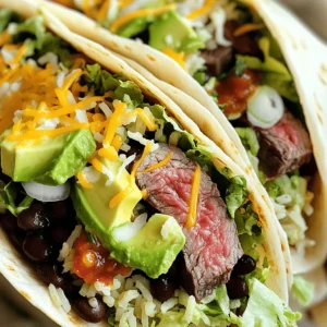 To make juicy steak burritos, gather these key ingredients: - 1 lb flank steak - 1 tablespoon olive oil - 2 teaspoons chili powder - 1 teaspoon cumin - 1 teaspoon garlic powder - 1 teaspoon onion powder - Salt and pepper to taste - 4 large flour tortillas - 1 cup cooked rice (preferably cilantro-lime rice) - 1 cup black beans, drained and rinsed - 1 cup shredded cheese (cheddar or a Mexican blend) - 1 avocado, sliced - 1 cup lettuce, shredded - Salsa or pico de gallo for serving - Sour cream for serving (optional) These ingredients work together to create a burst of flavor in every bite. To elevate your burritos, consider adding these flavorful extras: - Fresh cilantro for a bright taste - Lime wedges for a zesty kick - Jalapeños for heat - Pico de gallo for freshness - Pickled onions for tang These additions can make your steak burritos even more delicious and fun. When shopping for ingredients, focus on quality. Here are some tips: - Choose flank steak with a bright red color and good marbling. - Look for firm and ripe avocados. - Select tortillas that are soft and pliable. - Pick rice that is fluffy and well-cooked. - Ensure beans are fresh and well-drained. Fresh ingredients make a big difference in taste, so take your time to select the best. For the complete recipe, check out the Full Recipe. To start, you need to marinate the steak. This step adds a lot of flavor. In a medium bowl, mix together: - 1 tablespoon olive oil - 2 teaspoons chili powder - 1 teaspoon cumin - 1 teaspoon garlic powder - 1 teaspoon onion powder - Salt and pepper to taste Rub this mix all over 1 lb of flank steak. Let it sit for at least 30 minutes. If you have time, let it marinate in the fridge for a few hours. This helps the meat absorb all the spices. Next, let's cook the steak. Preheat your grill or skillet to medium-high heat. Place the marinated flank steak on the grill. Cook for about 5-7 minutes on each side. This gives you a nice medium-rare steak. Adjust cooking time if you like it more or less done. Once cooked, take it off the heat and let it rest for 5 minutes. This resting time keeps it juicy. After resting, slice the steak thinly against the grain. This method keeps each bite tender and easy to chew. Now, it’s time to build your burritos. Lay a large flour tortilla flat on a clean surface. Start with a scoop of cooked rice, preferably cilantro-lime rice. Next, add: - 1 cup black beans, drained and rinsed - Sliced steak - 1 avocado, sliced - 1 cup lettuce, shredded - 1 cup shredded cheese (cheddar or a Mexican blend) Once you have all your fillings, fold the sides of the tortilla over the filling. Then, roll it up tightly from the bottom. Repeat this for all the tortillas. For an extra touch, grill the rolled burritos for 2-3 minutes on each side. This gives them a nice golden brown color and a crispy texture. Serve your juicy steak burritos warm, with salsa or pico de gallo on top. Add a dollop of sour cream if you like it creamy. Enjoy the flavorful goodness! To make your steak juicy, start with a good marinade. The mix of olive oil, chili powder, cumin, garlic, and onion adds great flavor. Let the steak sit in this marinade for at least 30 minutes. If you have time, marinate it in the fridge for a few hours. This helps the flavors sink in. When cooking, use medium-high heat. Cook the steak for 5-7 minutes on each side for best results. Always let it rest after cooking. This keeps the juices inside. One big mistake is cooking the steak too long. Overcooking makes it tough. Always check the doneness with a meat thermometer. Aim for 130-135°F for medium-rare. Another mistake is not slicing against the grain. This cuts the fibers and keeps it tender. Avoid overstuffing your burrito. Too much filling makes it hard to roll. Lastly, don’t skip resting the steak. Letting it rest is key for juicy bites. To roll a burrito, start with a flat tortilla. Place your filling in the center, leaving space on the sides. Fold the sides in first. Then, roll from the bottom up tightly. Make sure the filling stays inside. When done right, it should look like a neat package. If you want a crispy finish, grill the rolled burrito for a few minutes on each side. This gives it a nice crunch and adds flavor. For full details, check the Full Recipe. {{image_2}} You can easily swap out the steak for delicious plant-based options. Try using grilled veggies like bell peppers, zucchini, and mushrooms. They add great texture and flavor. Another tasty choice is marinated tofu or tempeh. Both soak up flavors well and fill the burrito nicely. You might also consider using black beans or lentils for protein. These ingredients work well in the Full Recipe and keep your burrito hearty. If you love heat, there are many ways to spice up your steak burritos. You can add jalapeños or serrano peppers to the filling. These peppers give a fresh kick. Another option is to mix hot sauce into your salsa or drizzle it inside your burrito. If you want a smoky flavor, try chipotle peppers in adobo sauce. They add depth and heat, perfect for a spicy burrito experience. For a low-carb version, use lettuce wraps instead of tortillas. Romaine or butter lettuce works best as they hold up well. Simply place your filling in the center of a lettuce leaf, fold it over, and enjoy. You can still add all your favorite ingredients like steak, cheese, and salsa. This version is fresh and light while still being satisfying. You won’t miss the carbs with all the flavors packed in! To keep your leftover burritos tasty, wrap them well. Use plastic wrap or foil. This helps keep the flavors locked in and prevents drying out. Store them in the fridge for up to three days. If you plan to eat them later, it's best to freeze them. Freezing burritos is a great idea. First, let them cool completely. Then, wrap each burrito in plastic wrap. Place them in a freezer bag or airtight container. This will help them stay fresh for up to three months. When ready to eat, simply thaw them in the fridge overnight. To reheat your burritos, use the oven for the best results. Preheat your oven to 350°F (175°C). Remove wrapping and place them on a baking sheet. Heat for about 15-20 minutes, until warm and crispy. You can also use a microwave. Just place the burrito on a plate, cover it with a damp paper towel, and heat for one to two minutes. Enjoy your juicy steak burritos just like fresh! For the full recipe, check out the detailed steps above. To boost flavor, use fresh herbs and spices. Try cilantro, lime juice, or jalapeños. You can also add sautéed onions or peppers for a sweet touch. Also, marinate the steak longer for deeper flavor. A good marinade is key to making juicy steak burritos. Flank steak is my top choice for burritos. It has great flavor and cooks quickly. Skirt steak is another good option. Both cuts are tender when sliced thinly against the grain. They absorb marinades well, giving you tasty results. Yes, you can prepare these burritos ahead of time. Cook and assemble them, then wrap tightly in foil. Store them in the fridge for up to two days. You can also freeze them for up to three months. Just thaw before reheating for a quick meal. In this blog post, we explored how to make juicy steak burritos. We covered essential ingredients, cooking techniques, and tips for maximum flavor. I shared ideas for variations, like vegetarian options and low-carb wraps. Remember, fresh ingredients make a big difference in taste. Avoid common mistakes to achieve that perfect burrito roll. With these steps, you can enjoy delicious burritos at home. Trust me, your taste buds will thank you!